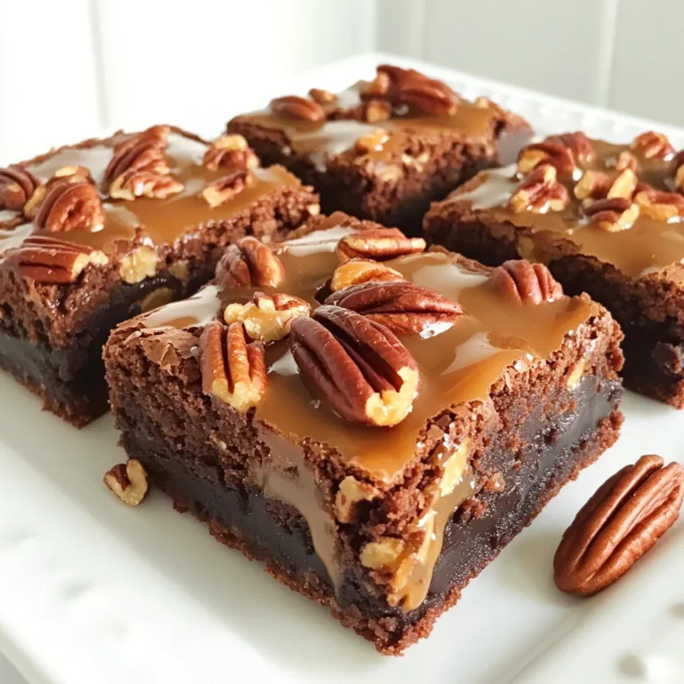 To make these caramel pecan turtle brownies, you'll need some simple yet delightful ingredients. Here’s the list: - 1 cup unsalted butter, melted - 1 ¼ cups granulated sugar - 1 cup packed brown sugar - 4 large eggs - 1 teaspoon vanilla extract - 1 cup all-purpose flour - ¾ cup unsweetened cocoa powder - ½ teaspoon salt - 1 cup semi-sweet chocolate chips - 1 cup pecans, chopped - 1 cup soft caramel candies, chopped into small pieces - ¼ cup heavy cream Each ingredient plays a key role. The butter adds richness, while the sugars bring sweetness and moisture. Eggs bind everything together and add a nice texture. The cocoa powder gives that deep chocolate flavor, and the flour provides structure. Pecans and caramel add a crunchy and gooey touch. The semi-sweet chocolate chips make every bite extra special. Make sure to use fresh ingredients for the best taste. Enjoy shopping for these goodies, and get ready to bake! First, preheat your oven to 350°F. This step is key to a great bake. Next, grease a 9x13 inch baking dish. You can use butter or non-stick spray for this. Greasing helps the brownies come out easily. In a large bowl, combine the melted butter, granulated sugar, and brown sugar. Stir until it looks smooth. Then, add the eggs one by one. Mix well after each egg. Finally, stir in the vanilla extract. This will add great flavor to your brownies. Now, sift together the flour, cocoa powder, and salt in another bowl. This helps to avoid lumps. Gradually fold the dry mix into the wet ingredients. Be careful not to overmix; this keeps the brownies fudgy. Next, stir in the semi-sweet chocolate chips and chopped pecans. Save a few pecans for the top. Pour half of the brownie batter into the greased dish. Spread it evenly. Then, scatter the chopped caramel candies on top. Drizzle heavy cream over the caramel. Pour the rest of the brownie batter over this layer. Smooth it out with a spatula. Finally, sprinkle the reserved pecans on top. Bake in the oven for 30-35 minutes. Use a toothpick to check for doneness. It should come out with a few moist crumbs. Let the brownies cool in the pan for 20-30 minutes before cutting them into squares. Enjoy your richly layered Caramel Pecan Turtle Brownies! To make your brownies fudgy, avoid overmixing the batter. Mix just until you see no dry flour. This keeps the texture rich and chewy. Another key point is to check for doneness correctly. Insert a toothpick into the center. If it comes out with a few moist crumbs, your brownies are ready. If it has wet batter, bake a few minutes longer. Serving these brownies is a delight. Place them on a beautiful platter for a stunning look. Drizzle any leftover caramel sauce over the top. This adds flair and extra flavor. For a special touch, serve them with a scoop of vanilla ice cream. The cold ice cream pairs well with the warm brownies. This treat will impress your friends and family! {{image_2}} You can easily make these brownies gluten-free. Just swap the all-purpose flour with a gluten-free flour blend. Look for blends that include xanthan gum. This helps give your brownies the right texture. You won't lose any flavor or richness with this change. To make these brownies vegan, you can replace the eggs and butter. Use 1/4 cup of unsweetened applesauce for each egg. For butter, try using coconut oil or a vegan butter substitute. This keeps your brownies moist and rich, just like the original recipe. Want to add a twist? Try mixing in different nuts like walnuts or almonds. You can also add a pinch of sea salt on top for a sweet and salty bite. For a fruity flavor, consider adding dried cherries or raspberries. Each addition can make your brownies unique and fun! To keep your Caramel Pecan Turtle Brownies fresh, store them in an airtight container. This keeps them moist and tasty for up to five days. If you leave them out, they can dry out quickly. I like to place parchment paper between layers of brownies to avoid sticking. You can also cover them tightly with plastic wrap. This method is easy and keeps the brownies soft. Freezing brownies is a great way to save some for later. Cut the brownies into squares before freezing. Wrap each piece tightly in plastic wrap. Then, place them in a freezer-safe bag. They can last up to three months in the freezer. When you are ready to enjoy them, take them out and let them thaw in the fridge overnight. If you want a warm treat, heat them in the microwave for a few seconds. Enjoy your delicious brownies any time! To make these brownies from scratch, start by gathering your ingredients. You’ll need butter, sugars, eggs, flour, cocoa powder, salt, chocolate chips, pecans, caramel candies, and heavy cream. 1. Preheat your oven to 350°F and grease a 9x13 inch baking dish. 2. Mix melted butter with both sugars in a bowl. 3. Add eggs one by one, mixing well. Stir in vanilla. 4. Sift together flour, cocoa powder, and salt. Fold dry mix into the wet mix gently. 5. Add chocolate chips and chopped pecans, reserving some for the top. 6. Pour half of the batter into the dish. Scatter chopped caramel and drizzle cream over it. 7. Pour the rest of the batter on top and smooth it out. Sprinkle reserved pecans. 8. Bake for 30-35 minutes. Check with a toothpick for doneness. 9. Let cool before cutting. Yes, you can substitute some ingredients. If you need a dairy-free option, use plant-based butter. You can also try coconut sugar instead of granulated sugar. If you want a gluten-free version, use gluten-free flour. Keep in mind that these changes may alter the taste and texture slightly. You can find pre-made Caramel Pecan Turtle Brownies at many bakeries or dessert shops. Some grocery stores may carry them in the bakery section. You can also check online for local bakeries or specialty stores that deliver. To boost the chocolate flavor, you can add more cocoa powder to the batter. You can also use dark chocolate chips instead of semi-sweet ones. Another option is to fold in chocolate chunks for a richer taste. Adding a pinch of espresso powder can enhance the chocolate flavor, too. This blog covered how to make delicious Caramel Pecan Turtle Brownies. We discussed key ingredients like butter, sugars, and chocolate chips. The step-by-step guide helps you mix, layer, and bake your brownies perfectly. Remember, avoid overmixing for that fudgy texture! Try the suggested variations for gluten-free or vegan options. Store and freeze brownies properly to keep them fresh. With these tips, you’re set for sweet success in your baking adventure! Enjoy every bite of your creation.