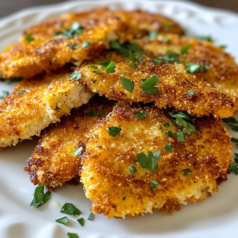To make Parmesan Herb Turkey Cutlets, you will need a few simple ingredients. Here’s the list: - 1 lb turkey cutlets - 1 cup breadcrumbs (preferably panko) - 1/2 cup grated Parmesan cheese - 1 tablespoon dried Italian herbs (oregano, basil, thyme) - 2 cloves garlic, minced - 1/2 teaspoon salt - 1/4 teaspoon black pepper - 2 large eggs - 2 tablespoons milk - 3 tablespoons olive oil - Fresh parsley, chopped (for garnish) These ingredients create a tasty and crispy meal. The turkey cutlets are the main star. They are lean, healthy, and easy to cook. Panko breadcrumbs give a nice crunch. Parmesan cheese adds rich flavor. Dried herbs bring a fresh taste to the dish. Garlic adds depth. Salt and pepper enhance all the flavors. Eggs and milk help the breadcrumbs stick. Olive oil is great for cooking. Finally, fresh parsley makes a lovely garnish. Using these ingredients, you can prepare a delicious meal that everyone will enjoy. {{ingredient_image_1}} 1. Preheat your oven to 400°F (200°C). This step helps the cutlets cook evenly. 2. Line a baking sheet with parchment paper. This keeps the cutlets from sticking. 3. In a shallow bowl, mix together the breadcrumbs, Parmesan cheese, dried herbs, garlic, salt, and pepper. This mix adds flavor and texture. 1. In another bowl, whisk together the eggs and milk. This will create a nice coating. 2. Dip each turkey cutlet into the egg mixture. Let the extra drip off to avoid sogginess. 3. Next, coat the turkey cutlets in the breadcrumb mixture. Press gently to make sure it sticks well. 4. Heat olive oil in a large skillet over medium heat. 5. Add the cutlets in batches. Cook for about 3-4 minutes on each side until they turn golden brown. 1. Once browned, transfer the cutlets to the prepared baking sheet. This helps finish cooking them. 2. Bake the turkey cutlets in the oven for 10-12 minutes. They should reach an internal temperature of 165°F (74°C). 3. Remove from the oven and let them rest for a couple of minutes before serving. This keeps them juicy. To get the best coating on your turkey cutlets, follow these steps: - Use panko breadcrumbs: They create a light and crispy layer. - Press down gently: After coating the cutlets, press them into the breadcrumbs. This helps the coating stick better. For even cooking, here are some tips: - Don't crowd the pan: Cook the cutlets in batches if needed. This allows heat to circulate. - Check the temperature: Use a meat thermometer. The turkey should reach 165°F (74°C) for safety. Pair your turkey cutlets with these delicious sides: - Roasted vegetables: Carrots, broccoli, or zucchini work great. - Mashed potatoes: They add creaminess and balance the meal. For garnishing, consider: - Fresh parsley: Sprinkle it on top for color. - Lemon wedges: They add a zesty kick when squeezed over the cutlets. To cool and store your leftovers: - Let them cool: Allow the cutlets to sit at room temperature for about 30 minutes. - Use an airtight container: This keeps them fresh in the fridge. For reheating, follow these steps: - Oven method: Preheat the oven to 350°F (175°C). Heat for 10-15 minutes until warm. - Microwave method: Place on a microwave-safe plate. Heat in short bursts of 30 seconds. Pro Tips Use Fresh Herbs: Fresh herbs enhance the flavor of your turkey cutlets significantly. If available, substitute dried herbs with fresh ones for a more vibrant taste. Let the Cutlets Rest: After baking, allow the turkey cutlets to rest for a few minutes. This helps retain moisture and results in juicier meat. Experiment with Cheese: While Parmesan is delicious, feel free to mix in other cheeses like Pecorino Romano or aged Gouda for a unique flavor twist. Make it a Meal: Serve the turkey cutlets with a side of roasted vegetables or a fresh salad for a complete and healthy meal. {{image_2}} You can change the flavor of the turkey cutlets easily. Try using different herbs, like rosemary or dill, for a fresh taste. You can also add spices like paprika or cumin for a bit of kick. If you want to swap the cheese, use Pecorino Romano or a dairy-free cheese. Each option brings a new twist to the dish. Air frying turkey cutlets is a great option. It gives you a nice crunch without too much oil. Preheat your air fryer to 375°F (190°C). Cook the cutlets for about 12-15 minutes, flipping halfway through. They will come out crispy and delicious. You can also grill the turkey cutlets for a smoky flavor. Preheat the grill and cook for about 5-7 minutes on each side. You can make this recipe gluten-free by using gluten-free breadcrumbs. Many brands offer tasty options that work well. For dairy-free, choose a milk substitute like almond or oat milk. You can also skip the cheese or find a dairy-free alternative. These adjustments keep the dish tasty while fitting your diet. - Calories per serving: Each serving has about 300 calories. This makes it a filling yet light meal. - Macronutrient profile: Each serving contains approximately 20 grams of protein, 15 grams of fat, and 25 grams of carbs. This balance helps fuel your day. - Nutritional benefits of turkey: Turkey is a great source of lean protein. It supports muscle growth and repair. Turkey also contains B vitamins for energy and selenium for a strong immune system. - Advantages of using herbs and spices: Using herbs and spices adds flavor without extra calories. Dried Italian herbs like oregano and basil are rich in antioxidants. Garlic boosts heart health and adds taste. Fresh parsley not only looks nice but also provides vitamins K and C. How do I know when the turkey cutlets are done? To check if the turkey cutlets are done, use a meat thermometer. The internal temperature should be 165°F (74°C). If you don’t have a thermometer, cut into a cutlet. The meat should be white and juices should run clear. Can I make this recipe in advance? Yes, you can prepare the turkey cutlets in advance. You can coat them in the breadcrumb mix and store them in the fridge for a few hours. This helps the flavors blend. Just cook them when you're ready. What can I substitute for Parmesan cheese? If you need a substitute for Parmesan cheese, try using Pecorino Romano. It has a strong flavor like Parmesan. You can also use nutritional yeast for a dairy-free option. What to do if cutlets are soggy? If your cutlets are soggy, they may have too much moisture. Make sure to dry the turkey cutlets with a paper towel before coating. Also, try frying them longer to get a crispier texture. How to prevent burning during frying? To prevent burning, keep the heat at medium. Don't overcrowd the pan; this can lower the heat and cause uneven cooking. Fry in batches if needed. How long do leftovers last? Leftovers last about 3-4 days in the fridge. Store them in an airtight container to keep them fresh. Can you freeze cooked turkey cutlets? Yes, you can freeze cooked turkey cutlets. Let them cool completely, then wrap them tightly in plastic wrap. Place them in a freezer bag for up to 3 months. This blog post covered the essentials for making delicious turkey cutlets. You learned about the ingredients, step-by-step instructions, and helpful tips. I shared ways to vary flavors and adapt recipes to fit your needs. Proper cooking methods and storage tips ensure your cutlets stay tasty. Remember, the secret to success is in the details. Follow the steps, get creative, and enjoy your meal! With a little practice, these cutlets will become a favorite in your house.