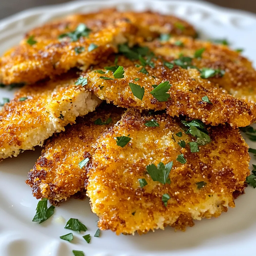 To make Parmesan Herb Turkey Cutlets, you will need a few simple ingredients. Here’s the list: - 1 lb turkey cutlets - 1 cup breadcrumbs (preferably panko) - 1/2 cup grated Parmesan cheese - 1 tablespoon dried Italian herbs (oregano, basil, thyme) - 2 cloves garlic, minced - 1/2 teaspoon salt - 1/4 teaspoon black pepper - 2 large eggs - 2 tablespoons milk - 3 tablespoons olive oil - Fresh parsley, chopped (for garnish) These ingredients create a tasty and crispy meal. The turkey cutlets are the main star. They are lean, healthy, and easy to cook. Panko breadcrumbs give a nice crunch. Parmesan cheese adds rich flavor. Dried herbs bring a fresh taste to the dish. Garlic adds depth. Salt and pepper enhance all the flavors. Eggs and milk help the breadcrumbs stick. Olive oil is great for cooking. Finally, fresh parsley makes a lovely garnish. Using these ingredients, you can prepare a delicious meal that everyone will enjoy. {{ingredient_image_1}} 1. Preheat your oven to 400°F (200°C). This step helps the cutlets cook evenly. 2. Line a baking sheet with parchment paper. This keeps the cutlets from sticking. 3. In a shallow bowl, mix together the breadcrumbs, Parmesan cheese, dried herbs, garlic, salt, and pepper. This mix adds flavor and texture. 1. In another bowl, whisk together the eggs and milk. This will create a nice coating. 2. Dip each turkey cutlet into the egg mixture. Let the extra drip off to avoid sogginess. 3. Next, coat the turkey cutlets in the breadcrumb mixture. Press gently to make sure it sticks well. 4. Heat olive oil in a large skillet over medium heat. 5. Add the cutlets in batches. Cook for about 3-4 minutes on each side until they turn golden brown. 1. Once browned, transfer the cutlets to the prepared baking sheet. This helps finish cooking them. 2. Bake the turkey cutlets in the oven for 10-12 minutes. They should reach an internal temperature of 165°F (74°C). 3. Remove from the oven and let them rest for a couple of minutes before serving. This keeps them juicy. To get the best coating on your turkey cutlets, follow these steps: - Use panko breadcrumbs: They create a light and crispy layer. - Press down gently: After coating the cutlets, press them into the breadcrumbs. This helps the coating stick better. For even cooking, here are some tips: - Don't crowd the pan: Cook the cutlets in batches if needed. This allows heat to circulate. - Check the temperature: Use a meat thermometer. The turkey should reach 165°F (74°C) for safety. Pair your turkey cutlets with these delicious sides: - Roasted vegetables: Carrots, broccoli, or zucchini work great. - Mashed potatoes: They add creaminess and balance the meal. For garnishing, consider: - Fresh parsley: Sprinkle it on top for color. - Lemon wedges: They add a zesty kick when squeezed over the cutlets. To cool and store your leftovers: - Let them cool: Allow the cutlets to sit at room temperature for about 30 minutes. - Use an airtight container: This keeps them fresh in the fridge. For reheating, follow these steps: - Oven method: Preheat the oven to 350°F (175°C). Heat for 10-15 minutes until warm. - Microwave method: Place on a microwave-safe plate. Heat in short bursts of 30 seconds. Pro Tips Use Fresh Herbs: Fresh herbs enhance the flavor of your turkey cutlets significantly. If available, substitute dried herbs with fresh ones for a more vibrant taste. Let the Cutlets Rest: After baking, allow the turkey cutlets to rest for a few minutes. This helps retain moisture and results in juicier meat. Experiment with Cheese: While Parmesan is delicious, feel free to mix in other cheeses like Pecorino Romano or aged Gouda for a unique flavor twist. Make it a Meal: Serve the turkey cutlets with a side of roasted vegetables or a fresh salad for a complete and healthy meal. {{image_2}} You can change the flavor of the turkey cutlets easily. Try using different herbs, like rosemary or dill, for a fresh taste. You can also add spices like paprika or cumin for a bit of kick. If you want to swap the cheese, use Pecorino Romano or a dairy-free cheese. Each option brings a new twist to the dish. Air frying turkey cutlets is a great option. It gives you a nice crunch without too much oil. Preheat your air fryer to 375°F (190°C). Cook the cutlets for about 12-15 minutes, flipping halfway through. They will come out crispy and delicious. You can also grill the turkey cutlets for a smoky flavor. Preheat the grill and cook for about 5-7 minutes on each side. You can make this recipe gluten-free by using gluten-free breadcrumbs. Many brands offer tasty options that work well. For dairy-free, choose a milk substitute like almond or oat milk. You can also skip the cheese or find a dairy-free alternative. These adjustments keep the dish tasty while fitting your diet. - Calories per serving: Each serving has about 300 calories. This makes it a filling yet light meal. - Macronutrient profile: Each serving contains approximately 20 grams of protein, 15 grams of fat, and 25 grams of carbs. This balance helps fuel your day. - Nutritional benefits of turkey: Turkey is a great source of lean protein. It supports muscle growth and repair. Turkey also contains B vitamins for energy and selenium for a strong immune system. - Advantages of using herbs and spices: Using herbs and spices adds flavor without extra calories. Dried Italian herbs like oregano and basil are rich in antioxidants. Garlic boosts heart health and adds taste. Fresh parsley not only looks nice but also provides vitamins K and C. How do I know when the turkey cutlets are done? To check if the turkey cutlets are done, use a meat thermometer. The internal temperature should be 165°F (74°C). If you don’t have a thermometer, cut into a cutlet. The meat should be white and juices should run clear. Can I make this recipe in advance? Yes, you can prepare the turkey cutlets in advance. You can coat them in the breadcrumb mix and store them in the fridge for a few hours. This helps the flavors blend. Just cook them when you're ready. What can I substitute for Parmesan cheese? If you need a substitute for Parmesan cheese, try using Pecorino Romano. It has a strong flavor like Parmesan. You can also use nutritional yeast for a dairy-free option. What to do if cutlets are soggy? If your cutlets are soggy, they may have too much moisture. Make sure to dry the turkey cutlets with a paper towel before coating. Also, try frying them longer to get a crispier texture. How to prevent burning during frying? To prevent burning, keep the heat at medium. Don't overcrowd the pan; this can lower the heat and cause uneven cooking. Fry in batches if needed. How long do leftovers last? Leftovers last about 3-4 days in the fridge. Store them in an airtight container to keep them fresh. Can you freeze cooked turkey cutlets? Yes, you can freeze cooked turkey cutlets. Let them cool completely, then wrap them tightly in plastic wrap. Place them in a freezer bag for up to 3 months. This blog post covered the essentials for making delicious turkey cutlets. You learned about the ingredients, step-by-step instructions, and helpful tips. I shared ways to vary flavors and adapt recipes to fit your needs. Proper cooking methods and storage tips ensure your cutlets stay tasty. Remember, the secret to success is in the details. Follow the steps, get creative, and enjoy your meal! With a little practice, these cutlets will become a favorite in your house.