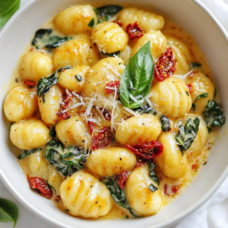 To make creamy sun-dried tomato gnocchi, gather these main items: - 1 pound gnocchi (store-bought or homemade) - 1 cup sun-dried tomatoes, chopped (in oil, drained) - 1 cup heavy cream - 1 tablespoon olive oil - 3 cloves garlic, minced - 1 teaspoon Italian seasoning - Salt and pepper to taste - 1 cup fresh spinach, roughly chopped - ½ cup grated Parmesan cheese - Fresh basil leaves for garnish Each ingredient plays a key role. The gnocchi gives a soft, pillowy texture. Sun-dried tomatoes add a burst of flavor. Heavy cream makes everything rich and smooth. Garlic and Italian seasoning bring warmth and depth. While the main ingredients shine, you can enhance the dish with: - Red pepper flakes for heat - Cherry tomatoes for freshness - Cooked chicken or shrimp for protein These optional additions can elevate the dish. They add new flavors and textures, making it even more enjoyable. If you don’t have certain items, consider these swaps: - Use vegetable broth instead of heavy cream for a lighter sauce. - Swap Parmesan for pecorino cheese for a sharper taste. - Replace fresh spinach with kale or arugula for a different green. These substitutions keep the dish flexible. You can still enjoy creamy sun-dried tomato gnocchi even with pantry changes. {{ingredient_image_1}} Start by boiling salted water in a large pot. Once the water bubbles, add the gnocchi. You can use store-bought or make your own. Cook them according to the package directions. Usually, they float when done. This means they are ready to drain. Set the gnocchi aside for later. For the sauce, take a large skillet and heat up the olive oil over medium heat. Add minced garlic and cook for about one minute. Don’t let it brown; we want just the aroma. Next, stir in the sun-dried tomatoes along with the Italian seasoning. Heat it all for about two to three minutes, letting the flavors blend. After that, pour in the heavy cream and bring it to a gentle simmer. Cook for three to four minutes. The sauce will thicken up nicely. Now, it’s time to bring it all together. Add the cooked gnocchi to your skillet with the creamy sauce. Toss in the chopped spinach too. Stir everything gently for about two to three minutes. The spinach should wilt and blend into the sauce. Finally, mix in the grated Parmesan cheese. Stir until it melts and makes the sauce even creamier. Don't forget to taste and add salt and pepper if needed. You’re now ready to plate this delightful dish! To make the sauce thick and creamy, pay attention to the simmering time. After you add the heavy cream, let it bubble gently. Stir often to avoid burning. If the sauce seems too thin, let it simmer a little longer. Adding Parmesan cheese enhances creaminess and flavor. Mix it well until melted. Always taste and adjust salt and pepper at the end. This simple step can make a big difference in taste. Store any leftover gnocchi in an airtight container. Make sure it cools down before sealing. Place it in the fridge for up to three days. If you want to keep it longer, freeze it. Place the gnocchi on a baking sheet first, freeze until solid, then transfer to a freezer bag. This method prevents sticking. When you are ready to eat, just thaw in the fridge overnight. To reheat gnocchi, use a skillet for the best results. Heat a bit of oil over medium heat. Add the gnocchi and stir gently. If the sauce seems thick, add a splash of water or cream. This helps bring back the creamy texture. You can also microwave it, but be careful. Use a microwave-safe dish with a cover to prevent drying out. Heat in short bursts, stirring in between. Pro Tips Tip for Gnocchi Cooking: Ensure the water is at a rolling boil before adding the gnocchi to prevent them from becoming mushy. Tip for Creaminess: For an even creamier sauce, consider adding a splash of pasta water when mixing the gnocchi with the sauce. Tip for Flavor Boost: Adding a pinch of red pepper flakes can enhance the flavor and give your dish a subtle kick. Tip for Freshness: Use fresh spinach if possible, as it will wilt beautifully and add a vibrant color and taste to the dish. {{image_2}} You can make your creamy sun-dried tomato gnocchi even better by adding protein. Grilled chicken works well and adds a nice flavor. Shrimp is another tasty choice; just sauté it until pink. For a heartier meal, try adding cooked sausage. If you want a smoky taste, add pancetta or bacon. Each of these options boosts the meal and makes it more filling. This dish can easily fit a vegetarian diet. Simply skip the meat and enjoy it as is. For vegans, swap the heavy cream with coconut milk or cashew cream. Use nutritional yeast instead of Parmesan for a cheesy flavor. These swaps keep it creamy and tasty without any animal products. You’ll still enjoy all the rich flavors this dish offers. Herbs and spices can change the whole taste of this dish. Fresh basil adds a bright flavor, while parsley gives a fresh touch. If you want some heat, try red pepper flakes or a pinch of cayenne. For a savory depth, add a dash of smoked paprika. Experimenting with these flavors lets you create your perfect gnocchi dish. Store leftover gnocchi in an airtight container. This keeps them fresh and safe. Place them in the fridge if you plan to eat them soon. Make sure they cool down before you put them in the container. If you have extra creamy sauce, store it separately. This helps keep the gnocchi from getting soggy. You can freeze gnocchi for later use. To do this, spread the cooked gnocchi on a baking sheet. Make sure they are in a single layer and not touching. Freeze them for about 1 hour. Once frozen, transfer them to a freezer bag. Label the bag with the date. They can last for up to 3 months in the freezer. When ready to use, cook them straight from frozen in boiling water. - Gnocchi: Store-bought gnocchi can last about 1 week in the fridge. Homemade gnocchi should be used within 2-3 days. - Sun-Dried Tomatoes: Once opened, they can last 1-2 weeks in the fridge. Keep them in oil for better freshness. - Heavy Cream: Unopened heavy cream can last up to a month. Once opened, use it within 7-10 days. - Garlic: Whole garlic bulbs can last for months in a cool, dry place. Once peeled, use within a week. - Spinach: Fresh spinach should be used within 3-5 days. Store it in a damp paper towel in the fridge. - Parmesan Cheese: Unopened, it can last for months. Once opened, use it within 5-7 days for best flavor. Yes, you can use fresh gnocchi. Fresh gnocchi cooks quickly. Just adjust the cooking time. Boil it for about 2-3 minutes until it floats. Then, follow the sauce steps as normal. Fresh gnocchi adds a lovely texture to this dish. To make this dish dairy-free, swap the heavy cream. Use coconut cream or cashew cream instead. Both options give a nice texture. For cheese, use a dairy-free alternative. Nutritional yeast also adds a cheesy flavor. Your creamy sun-dried tomato gnocchi will still taste great! This dish pairs well with a fresh salad or garlic bread. A simple green salad adds crunch and freshness. Garlic bread is perfect for sopping up the creamy sauce. You can also serve it with roasted vegetables for extra flavor. Enjoy your meal with a side that complements the gnocchi! This post covered the key ingredients and steps to make creamy sun-dried tomato gnocchi. We discussed main ingredients, optional additions, and substitutions. You learned how to cook gnocchi, make sauce, and combine it all. I shared tips for perfecting the sauce and safely storing gnocchi. Remember to explore variations like protein options and herbs for extra flavor. Now, you're ready to create a delicious dish that can impress anyone. Enjoy your cooking!