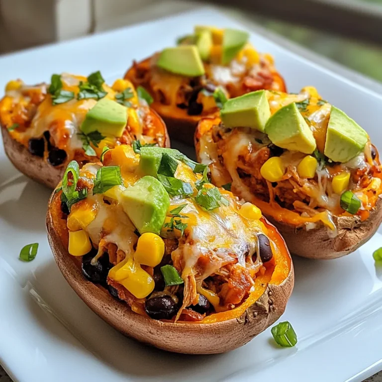 - 4 medium sweet potatoes - 2 cups cooked shredded chicken - 1 cup BBQ sauce (your choice) - 1 cup corn (canned or frozen) - 1/2 cup black beans, rinsed and drained - 1/2 cup shredded cheese (cheddar or mozzarella) - 1 avocado, diced - 1/4 cup green onions, sliced - Salt and pepper to taste - Olive oil for brushing - Optional: Fresh cilantro for garnish You can swap sweet potatoes for regular potatoes if you prefer. Instead of shredded chicken, use canned chicken or tofu for a vegetarian option. You can also replace BBQ sauce with hot sauce for some heat. If you don't have cheese, leave it out or use a dairy-free option. For extra flavor, try adding diced jalapeños or sliced radishes. A dollop of sour cream works well too. You can also use lime wedges for a zesty kick. Don't forget fresh cilantro for a bright finish! {{ingredient_image_1}} 1. Preheat your oven to 400°F (200°C). 2. Wash and scrub the sweet potatoes well. 3. Poke several holes in each potato with a fork. This helps steam escape. 4. Lightly coat the sweet potatoes with olive oil. Sprinkle salt on them. 5. Place the sweet potatoes on a baking sheet lined with foil or parchment paper. 1. Bake the sweet potatoes for 45-60 minutes. They should be soft and easy to pierce. 2. In a medium bowl, mix the shredded chicken, BBQ sauce, corn, and black beans. 3. Add salt and pepper to taste. Stir until everything is well blended. 4. Once the sweet potatoes are done, take them out and let them cool for a few minutes. 5. Carefully slice each sweet potato in half lengthwise. Fluff the insides gently with a fork. 6. Spoon the BBQ chicken mix into each sweet potato half. 7. Sprinkle shredded cheese over the tops. 8. Return the stuffed sweet potatoes to the oven for 10 minutes. Look for melted and bubbly cheese. 9. Remove from the oven and top with diced avocado and sliced green onions. - Use a fork to gently fluff the insides. This makes space for the filling. - Don’t rush this step. Fluffing helps mix the sweet potato's natural sweetness with the savory BBQ mix. - If you want a creamier texture, add a bit of butter or sour cream when fluffing. These steps make BBQ chicken stuffed sweet potatoes a breeze to prepare. Enjoy the delicious blend of flavors! To make BBQ chicken stuffed sweet potatoes even better, think about your flavor layers. Use a mix of BBQ sauces to find your favorite taste. Adding spices like garlic powder or smoked paprika can kick it up a notch. You can also throw in some lime juice for a zesty twist. One big mistake is overcooking the sweet potatoes. They should be soft but not mushy. Make sure to check them every 15 minutes. Another common error is not seasoning enough. A pinch of salt and pepper can make all the difference. Lastly, don’t forget to fluff the insides gently before adding the filling. This helps mix the flavors well. To make this dish a full meal, pair it with a fresh salad. A simple green salad with lemon dressing works great. You could also serve it with coleslaw for a crunch. If you want a drink, sweet tea or lemonade complements the BBQ flavors nicely. Pro Tips Use Fresh Ingredients: Opt for fresh sweet potatoes and high-quality BBQ sauce to enhance the flavor of your dish. Customize Your Filling: Feel free to add other vegetables like bell peppers or zucchini for extra nutrients and flavor. Perfectly Baked Sweet Potatoes: To ensure even baking, choose sweet potatoes of similar size and check for doneness by inserting a fork. Cheese Variations: Experiment with different types of cheese like pepper jack for a spicy kick or feta for a tangy twist. {{image_2}} If you want a meatless meal, swap the chicken for chickpeas. Chickpeas add protein and texture. Mix them with BBQ sauce, corn, and black beans. This keeps the flavor rich and satisfying. Use a blend of spices like smoked paprika and garlic for extra taste. You can also add roasted veggies like bell peppers or zucchini for more color and nutrition. For those who love heat, you can spice up the BBQ chicken. Add diced jalapeños or cayenne pepper to the chicken mix. A dash of hot sauce can also bring a kick. Consider using a spicy BBQ sauce for more flavor. This change adds depth and makes each bite exciting. Just balance the heat with creamy toppings like avocado or sour cream. Take your BBQ chicken stuffed sweet potatoes on a global adventure. Try a Mexican twist by adding black beans, corn, and taco seasoning. Top with fresh cilantro, lime juice, and crumbled queso. For an Asian flair, use teriyaki sauce instead of BBQ. Mix in diced bell peppers and green onions for crunch. These variations keep the meal fresh and fun! To store your BBQ chicken stuffed sweet potatoes, let them cool first. Place each stuffed sweet potato in an airtight container. You can keep them in the fridge for up to three days. If you want to enjoy them longer, freezing is a good option. When you’re ready to eat, take your sweet potatoes out of the fridge. Preheat your oven to 350°F (175°C). Place the sweet potatoes on a baking sheet. Cover them with foil to keep them moist. Bake for about 15-20 minutes or until heated through. You can also reheat them in the microwave for about 2-3 minutes, but the oven gives them a better texture. To freeze BBQ chicken stuffed sweet potatoes, wrap each one tightly in plastic wrap. Then, place them inside a freezer bag. This helps prevent freezer burn. They can last up to three months in the freezer. When you’re ready to eat, thaw them overnight in the fridge before reheating. Yes, you can use regular potatoes. They will taste different. Regular potatoes are less sweet and have a starchy flavor. Sweet potatoes add a nice touch of sweetness and creaminess. This difference in taste can change the dish's overall feel. You can try different sauces like teriyaki or honey mustard. If you want a healthier option, use a mix of Greek yogurt and spices. This can bring a zesty flavor without the sugar. Experiment with different sauces to find your favorite taste. Stuffed sweet potatoes can last about 3 to 5 days in the fridge. Store them in an airtight container for best results. For longer storage, consider freezing them. Just let them cool first before wrapping them tightly. You now have a complete guide on stuffed sweet potatoes. We covered ingredients, from substitutions to toppings. I shared step-by-step cooking instructions with valuable tips. You also learned about flavor enhancement and common mistakes to avoid. Variations add fun, while storage tips ensure freshness. Making this meal is easy and rewarding. Try out your favorite options and enjoy!