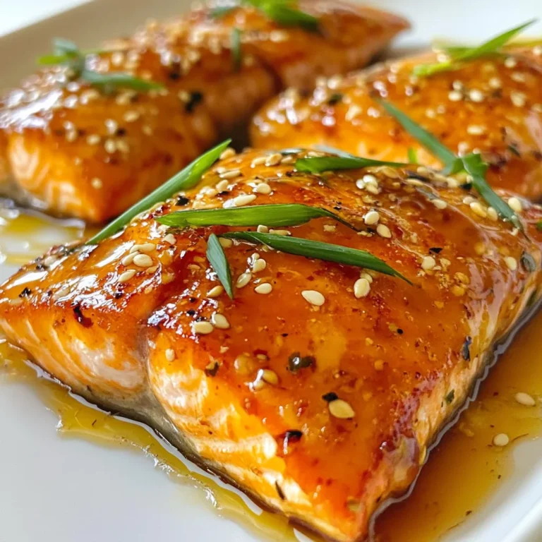 - 4 salmon fillets (skin-on for extra crispiness) - 1/4 cup honey - 3 tablespoons soy sauce (low sodium) - 4 cloves garlic, minced - 1 tablespoon fresh ginger, grated - 1 tablespoon olive oil - 1 tablespoon lime juice - Salt and pepper to taste I love using skin-on salmon fillets. The skin gets crispy and adds flavor. Honey and soy sauce mix well. They give the salmon a sweet and salty taste. Garlic and ginger add a nice kick. Olive oil helps with cooking and keeps the salmon moist. Lime juice brightens the dish. - 1 tablespoon sesame seeds (optional, for garnish) - 2 green onions, chopped (for garnish) Garnishes make your dish look great and add flavor. Sesame seeds add a nutty crunch. Chopped green onions give a fresh taste and nice color. You can skip them, but they are worth it! {{ingredient_image_1}} To make the marinade, gather a small bowl. In this bowl, add 1/4 cup of honey, 3 tablespoons of low-sodium soy sauce, 4 minced garlic cloves, and 1 tablespoon of fresh grated ginger. Also, include 1 tablespoon of olive oil and 1 tablespoon of lime juice. Whisk all these ingredients until they mix well. This sweet and savory blend will make your salmon shine. Next, take your 4 salmon fillets. Season them with salt and pepper on both sides. Place the fillets in a shallow dish or a resealable bag. Pour half of the marinade over the salmon. Let them sit in the fridge for at least 30 minutes. This step lets the flavors soak in and makes the fish taste great. Preheat your oven to 400°F (200°C). Line a baking sheet with parchment paper or grease it lightly. After marinating, remove the salmon from the dish. Discard the marinade used for marinating. Place the fillets skin-side down on the baking sheet. Drizzle the rest of the marinade over the top. Bake for about 12-15 minutes, or until the salmon flakes with a fork. For a crispy finish, broil the salmon for the last 2-3 minutes. Once done, let it cool for a few minutes. Before serving, sprinkle sesame seeds and chopped green onions on top. Enjoy the crispy honey garlic salmon! To get that perfect crispy skin on your salmon, start with skin-on fillets. The skin adds texture and keeps the fish moist. Always preheat your oven to 400°F (200°C) before baking. This helps the salmon cook evenly. When placing the salmon on the baking sheet, make sure to lay them skin-side down. For extra crispiness, broil the salmon for the last few minutes. This will give you a nice golden finish. For more flavor, don’t skip the marinade. Mixing honey, soy sauce, garlic, and ginger creates a tasty sauce. You can also add a pinch of red pepper flakes for some heat. If you like citrus, try adding more lime juice or even some orange zest. This will brighten up the dish. Finally, sprinkle sesame seeds and chopped green onions on top before serving. They add a nice crunch and color. One common mistake is not seasoning the salmon enough. Always season both sides with salt and pepper. Another mistake is overcooking the salmon. Keep an eye on it while it bakes. Salmon should flake easily but still be moist. Lastly, avoid reusing the marinade that touched the raw fish. Always discard it to stay safe. Pro Tips Use Skin-On Salmon: The skin helps to keep the salmon moist and adds extra crispiness when baked. Marinate Longer for Flavor: If you have time, marinate the salmon for an hour or more to enhance the flavors even more. Watch the Cooking Time: Salmon cooks quickly; keep an eye on it to prevent overcooking and ensure it remains flaky and tender. Broil for Extra Crispiness: For a golden finish, use the broiler for the last 2-3 minutes of cooking, but watch it closely to avoid burning. {{image_2}} If you want to switch up the sweetener, you have options. Maple syrup works well. It adds a nice flavor that pairs nicely with salmon. You can also use agave nectar for a lighter taste. Both options keep the dish sweet and tasty. Not all salmon is the same. You can use sockeye, coho, or even king salmon. Sockeye has a rich flavor. Coho is milder and perfect for those new to salmon. King salmon is buttery and has a higher fat content, which makes it very flavorful. Choose the type you like best. You can swap out some ingredients if needed. For a gluten-free option, use tamari instead of soy sauce. If you are out of lime juice, lemon juice works too. You can even use orange juice for a fruity twist. Feel free to mix and match based on what you have. This recipe is flexible and fun to make! To store leftover salmon, let it cool first. Wrap each fillet in plastic wrap or foil. Place the wrapped salmon in an airtight container. Store it in the fridge for up to three days. This keeps it fresh and tasty. Remember, the sooner you eat it, the better it will taste! When you're ready to eat your leftover salmon, preheat your oven to 350°F (175°C). Place the salmon on a baking sheet lined with parchment paper. Cover it loosely with foil to keep it moist. Heat for about 10 minutes or until warm. You can also reheat it in the microwave. Use low power for 1-2 minutes. Make sure it heats evenly. If you want to freeze the salmon, wrap each fillet tightly in plastic wrap. Then, place it in a freezer-safe bag. Remove as much air as possible. Label the bag with the date. You can freeze it for up to three months. To thaw, place the salmon in the fridge overnight before reheating. This keeps the texture nice and tender. For the best results, you should bake salmon for 12 to 15 minutes at 400°F (200°C). The salmon will be ready when it flakes easily with a fork. If you want an extra crispy texture, broil it for the last 2-3 minutes. Keep an eye on it to avoid burning! Yes, you can use skinless salmon fillets if you prefer. However, skin-on fillets give a crispier texture. Skin helps hold moisture too, making the fish juicier. If you go with skinless, just watch the cooking time, as they may cook faster. You can serve Crispy Honey Garlic Salmon with many sides. Here are some tasty options: - Steamed broccoli - Garlic mashed potatoes - Quinoa salad - Jasmine rice - Roasted asparagus These sides complement the sweet and savory flavors of the salmon. Enjoy experimenting! In this post, we explored how to make crispy honey garlic salmon. We covered essential ingredients, step-by-step instructions, and tips for perfect results. You also learned about variations and how to store leftovers properly. Remember, small changes can make a big difference in flavor and texture. By following these steps, you can enjoy a tasty, crispy dish every time. This recipe is easy and fun, perfect for any meal. Now, it’s your turn to try it and impress your friends and family!