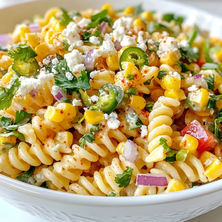 To make Mexican street corn pasta salad, gather these ingredients: - 8 oz fusilli pasta - 2 cups corn kernels (fresh or frozen) - 1 red bell pepper, diced - 1/2 red onion, finely chopped - 1 jalapeño, deseeded and minced - 1/2 cup crumbled cotija cheese - 1/4 cup fresh cilantro, chopped - 3 tablespoons mayonnaise - 2 tablespoons lime juice - 1 teaspoon chili powder - Salt and pepper to taste You can add more fun to your salad with these options: - Avocado for creaminess - Black beans for protein - Chopped green onions for freshness - A sprinkle of smoked paprika for depth Here are the tools you'll need: - Large pot for cooking pasta - Skillet for sautéing corn - Mixing bowl for salad - Small bowl for dressing - Whisk for mixing - Measuring cups and spoons - Knife and cutting board for chopping Each ingredient and tool helps create a tasty and colorful dish that everyone will enjoy! {{ingredient_image_1}} First, bring a big pot of salted water to a boil. Add 8 oz of fusilli pasta to the pot. Cook the pasta according to the package directions. It usually takes about 8 to 10 minutes. Once cooked, drain the pasta and rinse it under cold water. This helps cool it down and stops the cooking. Next, grab a large skillet and heat it over medium heat. Add 2 cups of corn kernels, fresh or frozen. Sauté the corn for about 5 to 7 minutes. Stir it often until it gets a little charred and tender. This gives it a nice flavor. Once done, remove the skillet from heat and let the corn cool. Now, take a large mixing bowl and add the cooled pasta. Then, mix in the sautéed corn, diced red bell pepper, finely chopped red onion, and minced jalapeño. In a small bowl, whisk together 3 tablespoons of mayonnaise, 2 tablespoons of lime juice, 1 teaspoon of chili powder, and some salt and pepper. Pour this dressing over the pasta salad mixture. Toss everything gently to combine. Finally, fold in 1/2 cup of crumbled cotija cheese and 1/4 cup of chopped cilantro. Mix until everything is well combined. Adjust the seasoning if needed. Chill the salad in the fridge for at least 30 minutes before serving. To cook pasta well, start with a big pot of salted water. Use about one tablespoon of salt for every four quarts. Bring the water to a rolling boil before adding the pasta. Stir the pasta to keep it from sticking. Cook fusilli for about 8-10 minutes or until it’s al dente. This means it should be firm but not hard. Drain the pasta and rinse it with cold water. This stops the cooking and cools it down. You can add many tasty things to your Mexican Street Corn Pasta Salad. Try adding black beans for protein or avocado for creaminess. You could also toss in diced tomatoes for extra color and flavor. Want more heat? Add more jalapeño or some cayenne pepper. If you're a fan of herbs, try adding fresh basil or mint for a twist. The best part? You can mix and match based on what you like! To sauté corn, heat a skillet over medium heat. Add a little oil or butter for flavor. Once hot, add the corn kernels. Let them cook without stirring for a few minutes. This helps them get a nice char. Stir them occasionally for about 5-7 minutes. When they become golden brown, they are ready. Remove from heat and let them cool before adding to your salad. This gives your salad a lovely smoky taste. Pro Tips Fresh Corn is Best: If possible, use fresh corn on the cob for the best flavor and texture. Simply grill or boil it, then cut off the kernels for your salad. Customize the Heat: Adjust the amount of jalapeño based on your spice preference. For a milder salad, remove all the seeds and membranes. Chill for Flavor: Letting the salad chill in the refrigerator for at least 30 minutes allows the flavors to meld beautifully, enhancing the overall taste. Garnish with Lime: For an extra zing, serve with lime wedges on the side. This adds a fresh burst of citrus when squeezed over the salad just before eating. {{image_2}} You can make this dish even better with vegetarian additions. Try adding black beans for protein. They add creaminess and a nice texture. You can also use diced avocado, which gives a rich flavor. Fresh cherry tomatoes brighten the salad, adding color and taste. To make this salad vegan, swap the mayonnaise for vegan mayo. It keeps the creaminess without the eggs. For cheese, use a vegan alternative like cashew cheese or omit it altogether. This still keeps the dish tasty and satisfying. If you love heat, add more jalapeños or a splash of hot sauce. You can also use a spicier chili powder. For an extra kick, mix in some diced serrano peppers. These spicy changes will thrill your taste buds and make the salad pop! To keep your Mexican Street Corn Pasta Salad fresh, store it in an airtight container. Make sure to cool it to room temperature before sealing it. This method helps keep the flavors intact. You can also separate the dressing and salad if you want to keep it extra fresh. This way, you avoid soggy pasta. For meal prep, you can make this salad ahead of time. Just prepare all ingredients and store them separately. Cook the pasta and corn, then mix them just before serving. This keeps everything fresh. You can also chop veggies and store them in the fridge. This method saves time during busy days. The salad stays good in the fridge for up to three days. If you want to reheat it, do so gently. Use a microwave on low power to avoid overcooking. If you prefer it cold, enjoy it straight from the fridge. The flavors will still be tasty! Mexican Street Corn Pasta Salad is a fresh and tasty dish. It blends pasta with sweet corn, peppers, and spices. You get a burst of flavors in every bite. The salad has a creamy dressing made with mayonnaise and lime juice. Cotija cheese adds a salty twist, while cilantro brings freshness. This dish is perfect for BBQs or potlucks. Yes, you can use different types of pasta! Fusilli is great, but you can try penne or rotini. These shapes hold the dressing well. Just make sure to cook the pasta to a firm texture. This keeps it from getting mushy in the salad. To make this salad gluten-free, swap regular pasta for gluten-free pasta. Many brands offer tasty options made from rice or corn. Just follow the package instructions for cooking. The rest of the ingredients are naturally gluten-free, so you’re all set! Yes, you can make this salad a day ahead. Just prepare it, then chill it in the fridge. This allows the flavors to blend better. When you serve it, give it a good stir. You might need to add a touch more lime juice or salt to boost the flavor. This pasta salad pairs well with many dishes. Try it with grilled chicken or shrimp for protein. Tacos or fajitas make a great side too. If you want something lighter, serve it with a fresh green salad. The options are endless! This blog covered how to make Mexican Street Corn Pasta Salad. We started with the needed ingredients and tools. Then, we walked through the steps to prepare the dish. I shared tips for perfect pasta and ways to customize your salad. Variations include vegetarian and vegan options. You can store leftovers easily to enjoy later. This salad is fun to make and taste. Use these ideas to create your perfect dish. You will impress your friends and family!