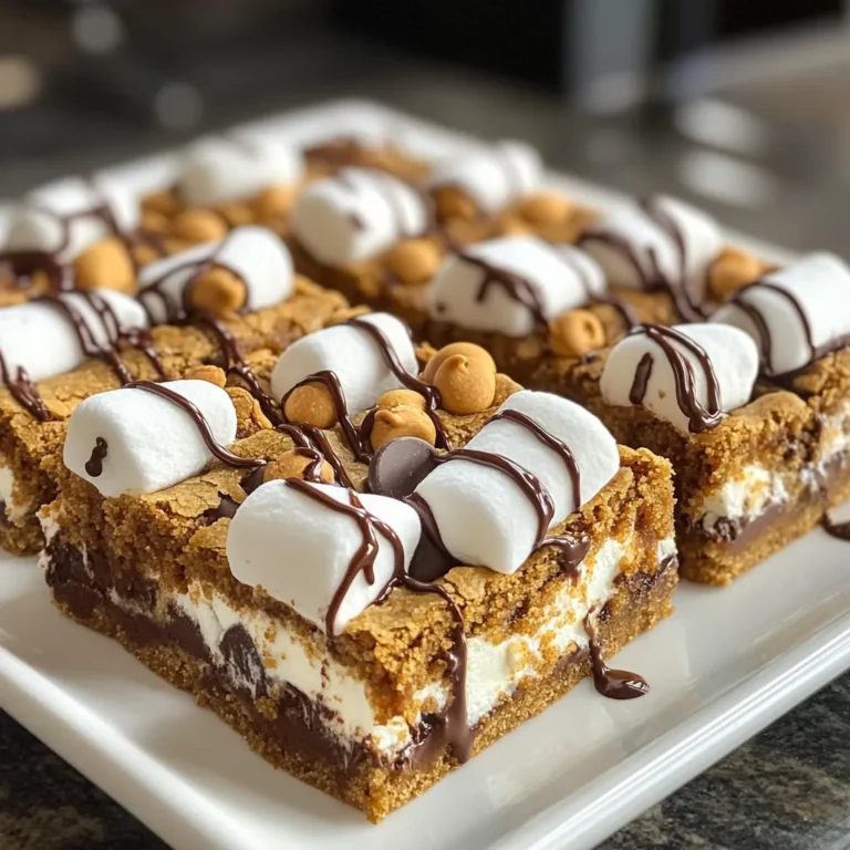 - 1 cup unsalted butter, softened - 1 cup brown sugar, packed - 1/2 cup granulated sugar - 2 large eggs - 2 teaspoons vanilla extract - 2 1/2 cups all-purpose flour - 1 teaspoon baking soda - 1/2 teaspoon salt - 1 cup chocolate chips - 1 cup mini marshmallows - 1 cup graham cracker crumbs - 1/2 cup chocolate bars, chopped To create the perfect S'mores cookie bars, you need simple yet key ingredients. First, use one cup of unsalted butter that is softened. This helps in mixing and gives the bars a rich taste. Next, we need one cup of packed brown sugar. This sugar adds moisture and a nice caramel flavor. You will also use half a cup of granulated sugar. This sweetness balances the rich butter. Two large eggs are essential for binding the dough. The eggs add structure and moisture. Two teaspoons of vanilla extract give a lovely aroma. For the dry mix, you need two and a half cups of all-purpose flour. This is the base for your cookie bars. One teaspoon of baking soda helps the bars rise. A half teaspoon of salt enhances the flavors. Now comes the fun part! Add one cup of chocolate chips. You can choose semi-sweet or milk chocolate. Then, stir in one cup of mini marshmallows for that classic S'mores feel. Lastly, you need one cup of graham cracker crumbs. This adds that crunchy texture we love. Don't forget half a cup of chopped chocolate bars; they melt beautifully and create pockets of gooey chocolate. These ingredients come together to create a tasty treat that makes everyone happy. So gather them up, and let's get cooking! {{ingredient_image_1}} 1. Preheat your oven to 350°F (175°C). This is key for even baking. 2. Grease a 9x13 inch baking dish. Line it with parchment paper, leaving some overhang. This helps with easy removal later. 3. In a large bowl, cream 1 cup of softened butter, 1 cup of brown sugar, and 1/2 cup of granulated sugar. Mix this for about 3-5 minutes until it’s light and fluffy. 4. Add 2 large eggs one at a time. Mix well after each addition. Then stir in 2 teaspoons of vanilla extract until it’s combined. 1. In a separate bowl, whisk together 2 1/2 cups of all-purpose flour, 1 teaspoon of baking soda, and 1/2 teaspoon of salt. 2. Gradually add this dry mix to the wet ingredients. Stir until just combined. Avoid overmixing to keep the bars soft. 1. Fold in 1 cup of chocolate chips, 1 cup of mini marshmallows, and 1 cup of graham cracker crumbs. Make sure they are well distributed. 2. Press half of the cookie dough into the prepared baking dish. This forms the base. 3. Top the base with an even layer of 1/2 cup of chopped chocolate bars. This adds rich chocolate flavor. 4. Spread the remaining cookie dough over the top. Gently press it down. You can sprinkle extra chocolate chips and marshmallows on top for fun. 5. Bake in the preheated oven for 25-30 minutes. Look for a golden brown color and a set center. The edges may be crispy but will feel chewy. 6. Allow the bars to cool in the dish for 10-15 minutes. Transfer them to a wire rack to cool completely. Once cool, cut them into squares. Enjoy! To get the best texture in your S'mores cookie bars, start with soft butter. Let your butter sit at room temperature for about 30 minutes. This helps it mix better with the sugars. If you forget, you can cut it into small pieces and microwave it for just a few seconds. This will soften it, but be careful not to melt it. Next, mix your dough gently. Overmixing can make the bars tough. Once you add the flour, stir until you see no more dry spots. It’s okay if the dough looks a bit lumpy. Those lumps will bake into a soft, chewy texture. Choosing the right chocolate chips can make a big difference. I love semi-sweet chocolate chips for a balanced taste. You can also try milk chocolate for a sweeter treat. If you want a fun twist, add dark chocolate chips. They add a rich depth to your bars. Using fresh ingredients is key too. Fresh eggs and good-quality butter improve the taste. Always check your baking soda and flour for freshness. Old ingredients can dull the flavor and affect how your bars rise. For serving, place the bars on a rustic wooden platter. This gives a warm, inviting look. You can drizzle melted chocolate over the top for extra charm. It adds a nice touch and makes them more appealing. For garnishing, sprinkle some extra graham cracker crumbs and mini marshmallows on top. This not only looks great but also highlights the S'mores theme. You can even toast the marshmallows with a kitchen torch for a fun finish. Enjoy your delicious creation! Pro Tips Use Room Temperature Ingredients: Ensure your butter and eggs are at room temperature for a smoother batter and better incorporation, resulting in a more uniform texture. Don’t Overmix: Once you combine the dry ingredients with the wet, mix just until incorporated. Overmixing can lead to dense cookie bars instead of light and chewy ones. Customize Your Chocolate: Feel free to mix and match different types of chocolate or add in your favorite candy bars for a unique twist on flavor. Storage Tips: Store the cookie bars in an airtight container at room temperature for up to a week. For longer storage, freeze them in individual pieces wrapped in plastic wrap. {{image_2}} You can change up the flavor of your S'mores cookie bars easily. Here are a few ideas: - Adding Nuts or Other Toppings: Chopped nuts like walnuts or pecans add crunch. You can also sprinkle toffee bits for a sweet twist. The key is to mix these in with your chocolate chips and marshmallows for even flavor. - Using Flavored Chocolate: Try using dark chocolate or white chocolate instead of regular chocolate. You can even use mint chocolate for a fresh taste. This small change makes a big difference in flavor. Many people have different diets. Here are some ways to make these bars fit your needs: - Gluten-Free Options: Use a gluten-free flour blend instead of all-purpose flour. You’ll still get that great texture and taste. Just ensure your graham cracker crumbs are also gluten-free. - Vegan Substitutes: Swap the butter for coconut oil and use flax eggs. For the chocolate, pick dairy-free chocolate chips. These changes keep the bars tasty and friendly for a vegan diet. Serving your S'mores cookie bars can be fun! Here are two ideas: - S'mores Cookie Bar Sundae: Cut the cookie bars into small squares. Top them with a scoop of vanilla ice cream and a drizzle of chocolate sauce. Add some extra mini marshmallows for a fun finish. - S'mores Cookie Bar Ice Cream Sandwich: Take two cookie bars and place ice cream in the middle. Press gently to create a sandwich. This treat is perfect for hot days and is sure to impress friends. To keep your S'mores cookie bars fresh, store them properly. First, let the bars cool completely. Then, cut them into squares. Place the squares in an airtight container. You can separate layers with parchment paper to prevent sticking. Store the container at room temperature for up to five days. This method helps the bars stay soft and tasty. For longer storage, keep the bars in the fridge. They can last up to a week when chilled. Use a container that seals well. This keeps the bars from drying out. Freezing S'mores cookie bars is easy and effective. To freeze, wrap each square tightly in plastic wrap. Then, place the wrapped bars in a freezer bag or airtight container. This helps prevent freezer burn. The bars can stay frozen for up to three months. When you want to enjoy a bar, take it out of the freezer. Let it thaw in the fridge overnight or at room temperature for a few hours. For a warm treat, you can reheat them in the oven. Preheat the oven to 350°F (175°C) and bake for about 5 to 10 minutes. This will make them soft and gooey again. How to tell when S'mores cookie bars are done? You can tell when the S'mores cookie bars are done by checking the edges. They should look golden brown. The center should be set but still soft. A toothpick inserted in the center should come out with a few moist crumbs, not wet batter. Can I make these bars ahead of time? Yes, you can make these bars ahead of time. They stay fresh for a few days at room temperature. Just cover them with plastic wrap or store them in an airtight container. You can also freeze them for longer storage. What can I use instead of graham cracker crumbs? If you need a substitute for graham cracker crumbs, you can use crushed digestive biscuits. You can also use oat flour or crushed vanilla wafers. Each option gives a similar texture and flavor. Alternatives for chocolate chips You can use white chocolate chips or dark chocolate chips instead. If you want a fruity twist, try using peanut butter chips or butterscotch chips. These options add new flavors to your cookie bars. How many servings does this recipe yield? This recipe yields about 12 to 16 squares. The actual number depends on how you cut them. For larger servings, cut into 12 pieces; for smaller, cut into 16. Can I halve or double the recipe? Yes, you can easily halve or double the recipe. If you halve it, use a smaller baking dish. If you double it, use a larger dish. Just keep an eye on baking time for best results. In this post, we covered a fun recipe for S'mores cookie bars. I shared all the ingredients you'll need, step-by-step instructions, and tips for success. Remember, the right mixing technique and fresh ingredients make a big difference. You can also customize flavors or tweak for dietary needs. Finally, learn how to store these bars for the best taste. Dive into this recipe, and enjoy a tasty treat that everyone will love!