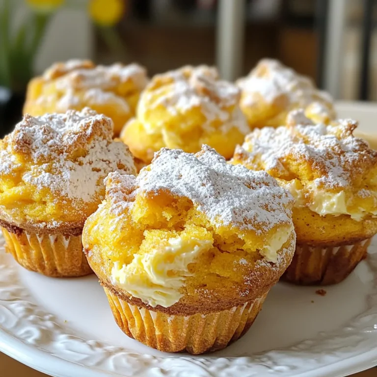 To make these tasty muffins, you need a few key ingredients. Here’s what you will need: - 1 cup pumpkin puree (canned or fresh) - 1/2 cup cream cheese, softened - 1/2 cup granulated sugar - 1/4 cup brown sugar - 1/3 cup vegetable oil - 2 large eggs - 1 teaspoon vanilla extract - 1 1/2 cups all-purpose flour - 1 teaspoon baking soda - 1 teaspoon baking powder - 1 teaspoon ground cinnamon - 1/2 teaspoon ground nutmeg - 1/4 teaspoon ground ginger - 1/4 teaspoon salt These ingredients work together to create a rich, moist muffin. The pumpkin gives flavor and moisture. The cream cheese adds a nice creaminess. You can add some extra goodies to your muffins if you like. Chopped walnuts or pecans make great add-ins. Use about 1/2 cup of either nut. They add crunch and flavor to your muffins. If you want to skip the nuts, that’s fine too! Sometimes you might not have all the ingredients. Here are some easy swaps: - Pumpkin puree: You can use sweet potato puree instead. - Cream cheese: Substitute with Greek yogurt for a lighter option. - Granulated sugar: Use brown sugar only for a deeper flavor. - Vegetable oil: Melted coconut oil works well too. - Flour: For gluten-free muffins, try almond or oat flour. These substitutions help you adjust the recipe to your needs. Each swap keeps the muffins tasty and fun! {{ingredient_image_1}} Start by preheating your oven to 350°F (175°C). This sets the perfect stage for baking. Next, grab a mixing bowl. In it, add the pumpkin puree, softened cream cheese, granulated sugar, brown sugar, vegetable oil, eggs, and vanilla extract. Whisk these together until the mixture is smooth. In another bowl, sift together the all-purpose flour, baking soda, baking powder, cinnamon, nutmeg, ginger, and salt. This ensures even mixing. Gradually add the dry ingredients to the pumpkin mixture. Stir gently until just combined. Don’t worry about a few lumps; they are okay. If you like nuts, fold in the chopped walnuts or pecans for a nice crunch. Now, it is time to get the batter into the muffin tin. Spoon the batter into the prepared tin, filling each cup about two-thirds full. This allows room for the muffins to rise. Place the tin in the preheated oven. Bake for 18 to 20 minutes. You can check for doneness by inserting a toothpick. If it comes out clean, your muffins are ready. After baking, let the muffins cool in the tin for about five minutes. This makes them easier to remove. Then, transfer them to a wire rack to cool completely. For a lovely touch, dust the cooled muffins with powdered sugar. Serve them on a rustic wooden board with a side of whipped cream cheese. Enjoy your delicious pumpkin cream cheese muffins! To keep your muffins moist, use pumpkin puree. The moisture in the puree helps. You can also add cream cheese, which adds creaminess. Make sure not to overbake them. Check with a toothpick around 18 minutes. If it comes out clean, they are done. Mix the batter gently. After adding dry ingredients, stir until just combined. Some lumps are okay. If you stir too much, you can make dense muffins. Be gentle, and you will have soft, fluffy muffins. Store your muffins in a cool, dry place. Use an airtight container to keep them fresh. They can last for about three days this way. If you want to keep them longer, freeze them. Wrap each muffin well to avoid freezer burn. When ready, let them thaw at room temperature. Pro Tips Use Fresh Pumpkin: If possible, use fresh pumpkin puree for a richer flavor. Roast the pumpkin, scoop out the flesh, and blend for a smooth consistency. Check for Doneness: Insert a toothpick into the center of a muffin. If it comes out clean or with a few crumbs, they are ready. Avoid overbaking to keep them moist. Mix-in Variations: Experiment with different add-ins like dried cranberries, chocolate chips, or spices like cardamom for a unique twist on the classic recipe. Storage Tips: Store leftover muffins in an airtight container at room temperature for up to 3 days or in the fridge for up to a week. They also freeze well for longer storage. {{image_2}} You can make these muffins gluten-free! Just replace the all-purpose flour with a gluten-free blend. Look for one that works well for baking. This swap keeps the texture nice and fluffy. You can still enjoy that rich pumpkin and cream cheese flavor. Want a vegan version? It's easy! Use flax eggs instead of regular eggs. Just mix 1 tablespoon of ground flaxseed with 2.5 tablespoons of water for each egg. Also, swap the cream cheese for a plant-based option. This keeps the muffins moist and tasty. You won't miss the dairy at all! Add more flavor with spices! Try adding a pinch of allspice or cloves for depth. If you love chocolate, mix in some chocolate chips. They add sweetness and melt beautifully. You can also toss in dried fruit like cranberries for a fun twist. These additions make each muffin unique and delicious! To keep your pumpkin cream cheese muffins fresh, place them in an airtight container. This will help keep moisture in and prevent them from drying out. You can store them at room temperature for up to three days. For longer storage, consider the fridge. Just make sure to cover them well to avoid any fridge odor. Freezing muffins is easy! First, let them cool completely. Then, wrap each muffin in plastic wrap. After that, place them in a freezer-safe bag. They can last for up to three months in the freezer. When you want one, simply take it out and let it thaw in the fridge overnight. To reheat muffins, you have a few options. You can use the microwave for a quick fix. Heat each muffin for about 15-20 seconds. If you prefer, you can use an oven. Preheat it to 350°F (175°C) and warm the muffins for about 5-10 minutes. This will bring back their fresh-baked taste! Yes, you can use fresh pumpkin. To do this, cook the pumpkin until soft. Then, mash it or blend it until smooth. Measure one cup for your muffins. Fresh pumpkin gives a richer taste. It also brings a nice texture. Check the muffins after 18 minutes of baking. Insert a toothpick into the center. If it comes out clean, they are done. If the toothpick has wet batter, bake for a few more minutes. The tops should look golden brown and spring back when touched. These muffins pair well with a few tasty options. You can serve them with whipped cream cheese. A drizzle of honey or maple syrup adds a sweet touch. Try a cup of hot coffee or tea for a warm drink. They also taste great with a side of fresh fruit. This post shared how to make delicious pumpkin cream cheese muffins. We covered the key ingredients needed and optional add-ins. You learned easy steps for mixing, baking, and cooling the muffins. I included tips to keep them moist and fresh. You also discovered fun variations, such as gluten-free and vegan options. In the end, these muffins are tasty for any occasion. Enjoy baking, sharing, and savoring every bite!