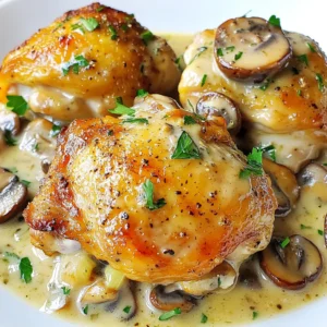 To make creamy mushroom chicken thighs, you need: - 4 bone-in, skin-on chicken thighs - 2 tablespoons olive oil - 1 cup sliced mushrooms (cremini or button) - 1 small onion, finely chopped - 3 cloves garlic, minced - 1 cup chicken broth - 1 cup heavy cream - 1 teaspoon dried thyme - 1 teaspoon paprika - Salt and black pepper to taste - Fresh parsley for garnish You can adjust some ingredients based on what you have. Here are a few ideas: - Use boneless chicken thighs if you prefer. They cook faster. - Swap olive oil for butter for a richer flavor. - Any mushrooms work well, like shiitake or portobello. - If you want a lighter sauce, use half-and-half instead of heavy cream. - Fresh thyme can replace dried thyme for a brighter taste. When picking fresh ingredients, follow these tips: - For chicken, look for thighs that are pink and moist. Avoid any that look dull or dry. - Choose mushrooms that are firm and dry. Soft or slimy mushrooms are old. - Select onions that are smooth and firm. Avoid any with soft spots. - Garlic should be firm and have no green sprouts. Sprouts can taste bitter. - Fresh parsley should appear vibrant and green. Avoid any that look wilted. {{ingredient_image_1}} First, pat the chicken thighs dry with paper towels. This helps the skin get nice and crispy. Next, season both sides with salt, pepper, and paprika. Make sure to cover every inch for great flavor. To achieve a perfect sear, heat olive oil in a large skillet over medium-high heat. Place the chicken thighs in the skillet skin-side down. Let them cook for 5-7 minutes until the skin is golden and crispy. Flip the thighs and cook for another 5 minutes. This method locks in juices and builds flavor. Once done, remove the chicken and set it aside. In the same skillet, add chopped onion and sauté for about 2 minutes until they become translucent. Then, add minced garlic and cook for another minute until fragrant. Next, toss in sliced mushrooms and cook for 4-5 minutes until they are tender and browned. Pour in chicken broth and stir to scrape up the browned bits. Let it simmer for a few minutes to reduce slightly. Now, reduce the heat to low and stir in heavy cream and dried thyme. Mix well until the sauce is creamy. Finally, return the chicken thighs to the skillet, skin-side up, and spoon sauce over them. Cover and simmer on low heat for about 25 minutes until fully cooked. Cooking chicken thighs can be simple and rewarding. Here are some key tips for success: - Dry the skin: Pat the chicken thighs dry. This helps the skin get crispy. - Season well: Use salt, pepper, and paprika to flavor the chicken. Don’t be shy! - Sear properly: Start with a hot skillet. Sear skin-side down for a nice golden crust. - Don't rush it: Let the chicken cook without moving it too much. This helps it brown evenly. - Check doneness: Use a meat thermometer. The inside should hit 165°F for safe eating. Sometimes you may want a thicker sauce for your dish. Here are a few easy ways to do it: - Reduce the sauce: Let the sauce simmer longer. This helps it thicken naturally as water cooks off. - Use cornstarch: Mix one tablespoon of cornstarch with two tablespoons of cold water. Stir this mix into the sauce and cook for a few minutes. - Add cream: If you want a richer sauce, add a bit more heavy cream. This will also give a nice velvety texture. You can easily boost the flavors in your creamy mushroom chicken thighs. Consider these ideas: - Herbs: Fresh herbs like rosemary or sage can add depth. Stir them in during cooking. - Wine: A splash of white wine before adding the cream can enhance the taste. - Cheese: Mixing in some grated Parmesan can give the sauce a nice, salty kick. - Spices: Add a pinch of nutmeg or a dash of cayenne for a little heat. These tips will help you create an amazing dish that everyone will love! Pro Tips Pat the Chicken Dry: Ensuring the chicken is dry before seasoning and searing helps achieve a crispy skin. Use Fresh Herbs: For an even more vibrant flavor, consider using fresh thyme instead of dried thyme. Deglaze the Pan: After cooking the mushrooms, be sure to scrape up the browned bits when adding the broth; they add depth to the sauce. Check Chicken Temperature: Use a meat thermometer to ensure the chicken reaches an internal temperature of 165°F for safety. {{image_2}} You can change up the flavor by using different mushrooms. Cremini and button mushrooms work well, but try shiitake or portobello for a richer taste. Using a mix of mushrooms adds depth to the sauce. Each type brings its own unique texture and flavor. You might love how the earthy notes of shiitake enhance the dish. If you prefer, you can use chicken breast instead of thighs. Chicken breast cooks faster, so adjust the cooking time. Turkey thighs are another great choice. They have a similar taste and texture. Just keep an eye on the cooking time to make sure they reach 165°F. Each protein option will give you a different flavor and feel. For a vegetarian take, swap the chicken for hearty veggies like cauliflower or eggplant. Use vegetable broth instead of chicken broth. You can also add tofu or tempeh for protein. Make sure to sauté them well to get a nice texture. This version offers a creamy sauce that is just as rich and satisfying. You’ll enjoy the same comforting flavors while keeping it plant-based. To keep your creamy mushroom chicken thighs fresh, let them cool first. Place them in an airtight container. You can store them in the fridge for up to three days. Make sure the container is sealed tight to avoid any odors. Label it with the date to remember when you cooked it. When it's time to reheat, do it slowly. You can use the stove or the microwave. If using the stove, add a splash of chicken broth to the skillet. Heat on low and cover it. Stir occasionally until warmed through. If using the microwave, cover the dish with a damp paper towel. This keeps the moisture in and helps prevent dryness. If you want to freeze the chicken, store it in a freezer-safe bag or container. Make sure to remove as much air as possible. Label the bag with the date. These chicken thighs can last up to three months in the freezer. When you're ready to eat, thaw them in the fridge overnight. Reheat gently as mentioned above for the best results. It takes about 25 minutes to cook chicken thighs in this recipe. You first sear them for about 10-12 minutes and then simmer. The chicken should reach an internal temperature of 165°F. This ensures the meat is juicy and safe to eat. Yes, you can use boneless chicken thighs. They will still taste great and cook faster. Just reduce the cooking time by about 5-10 minutes. Make sure to check the internal temperature as it cooks. You can serve creamy mushroom chicken thighs with many sides. Here are a few ideas: - Rice: White or brown rice absorbs the sauce well. - Mashed Potatoes: Creamy potatoes pair nicely with the dish. - Steamed Vegetables: Broccoli or green beans add color and crunch. - Crusty Bread: Perfect for soaking up the delicious sauce. Each option complements the rich flavors of the chicken and sauce. In this article, we explored how to make delicious chicken thighs. You learned about ingredient choices, cooking methods, and making a creamy mushroom sauce. I shared tips on enhancing flavors and storing leftovers. Remember, using fresh ingredients makes a big difference. With these steps, you can cook chicken thighs perfectly every time. Enjoy experimenting with variations and techniques. Happy cooking!