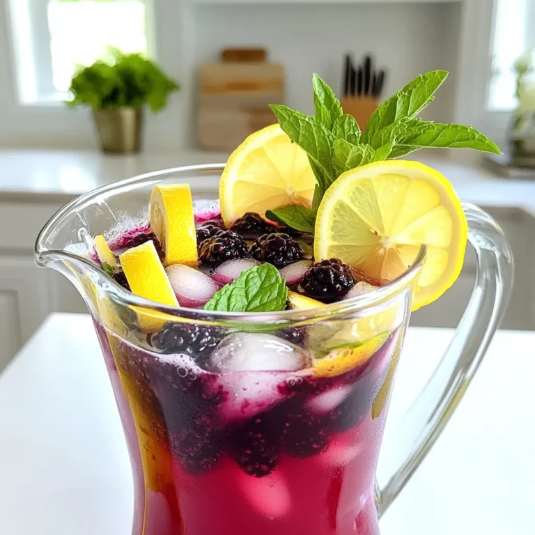 - 1 cup fresh blackberries - 1/2 cup fresh mint leaves - 1 cup granulated sugar (or to taste) - 1 cup freshly squeezed lemon juice (about 4-5 lemons) - 4 cups cold water - Ice cubes - Lemon slices and mint sprigs for garnish You can swap the blackberries for other berries like strawberries or raspberries. If you want a sweeter drink, use honey or agave syrup instead of sugar. You can also use bottled lemon juice if you don’t have fresh lemons. For a mint alternative, try fresh basil leaves for a unique twist. Blackberries are rich in vitamins C and K. They help boost your immune system and support healthy skin. Mint aids digestion and can help soothe an upset stomach. Fresh lemon juice is full of antioxidants and can help with hydration. Using less sugar can make this drink even healthier. To start, gather your fresh blackberries, sugar, and water. In a small saucepan, mix together 1 cup of blackberries, 1 cup of sugar, and 1 cup of water. Heat the mixture over medium heat until it simmers. Stir it often to help the blackberries break down. This takes about 5 to 7 minutes. Once the blackberries are soft and the sugar has dissolved, remove the pan from heat. Allow it to cool for about 10 minutes. Next, strain the mixture with a fine mesh sieve into a bowl. Use the back of a spoon to press the blackberries. This helps get all the juice out. Now, you have a beautiful blackberry syrup ready to use! Take a large pitcher and pour in your freshly squeezed lemon juice. You will need about 1 cup, which comes from 4 to 5 lemons. Add the blackberry syrup you just made and the remaining 3 cups of cold water into the pitcher. Stir everything together well. This mix will create a lovely purple drink. Now, take your fresh mint leaves and gently muddle them in the pitcher. Use a wooden spoon to press them down. This helps release their fresh flavor into the lemonade. Once your lemonade is mixed, chill it in the refrigerator for at least 30 minutes. This helps the flavors blend together. When you're ready to serve, fill glasses with ice cubes. Pour the chilled lemonade over the ice. For a nice touch, garnish each glass with a slice of lemon and a sprig of mint. This makes each glass look pretty and inviting. Enjoy your refreshing blackberry mint lemonade! When picking blackberries, look for ones that are dark and shiny. They should feel firm but not hard. Avoid any that are mushy or have white spots. Fresh blackberries have a sweet smell. Use them soon after buying for the best taste. If you can, buy them from a local farmer's market. This way, you get the freshest blackberries. To muddle mint, use a wooden spoon or a muddler. Place the mint leaves in the bottom of your pitcher. Press down gently to release the oils. Don't mash them too hard; you want to release flavor, not tear them apart. Muddling just a few times works best. This gives your drink a fresh mint taste without bitterness. Sweetness is key in lemonade. Start with the 1 cup of sugar in the recipe. After mixing, taste it. If you want it sweeter, add more sugar a little at a time. Stir well to help it dissolve. You can also use honey or a sugar substitute if you like. Remember, you can always add more, but you can't take it out! {{image_2}} You can make this drink more colorful and tasty by adding other fruits. Strawberries and raspberries pair well with blackberries. Just mash them like you did with the blackberries. Mix them into your lemonade for a fun twist. Each fruit brings its own flavor, making your drink unique. You can even try peaches or watermelon for a summer vibe. Want some fizz in your drink? You can easily make a sparkling version. After mixing the blackberry syrup and lemon juice, swap out regular water for sparkling water. This adds bubbles and a refreshing kick. Pour it over ice and watch the fizz dance! It’s perfect for parties or a sunny day. If you want a lighter drink, try using a sugar substitute. Stevia or erythritol works well. You can also use honey or agave if you prefer natural sweeteners. Adjust the amount to fit your taste. This way, you get all the flavor without the extra calories. Enjoy a guilt-free treat on a hot day! To store leftover blackberry mint lemonade, pour it into a container. Make sure to seal the lid tightly. This keeps the lemonade fresh and prevents it from absorbing other smells. Use glass or BPA-free plastic containers for the best results. Glass keeps the flavor strong and does not stain. If you use plastic, choose a high-quality, food-safe option. The lemonade lasts for about 3 to 5 days in the fridge. For longer storage, you can freeze it. Pour the lemonade into ice cube trays or freezer-safe bags. This way, you can enjoy it later in fun ways! Yes, you can make Blackberry Mint Lemonade in advance. This drink tastes even better after chilling. I recommend making it a few hours ahead of time. This allows the flavors to blend well. Just store it in the fridge. When ready to serve, stir it gently and pour over ice. If you want to skip sugar, try honey or agave syrup. Both add sweetness without granulated sugar. You can also use stevia or monk fruit. Adjust the amount based on your taste. Remember, these options may change the flavor a bit, but they work well. Yes, you can use frozen blackberries for this recipe. Just thaw them before cooking. They work just as well as fresh ones. Frozen blackberries may give a slightly different taste, but the drink will still be delicious. Enjoy your refreshing drink no matter which blackberries you choose! This blog post covers how to make delicious Blackberry Mint Lemonade step by step. We discussed the key ingredients, their health benefits, and how to prepare the syrup. You learned tips for choosing fresh blackberries and muddling mint. We also explored variations, like adding other fruits and sugar-free options. Finally, we shared how to store leftovers to keep your lemonade fresh. Now, you have all the tools to create a refreshing drink. Enjoy your homemade lemonade!