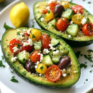 - 2 ripe avocados, halved and pitted - 1 cup cherry tomatoes, quartered - 1 cucumber, diced - 1/2 red onion, finely chopped - 1/2 cup cooked quinoa - 1/2 cup feta cheese, crumbled - 1/4 cup Kalamata olives, sliced - 2 tablespoons fresh parsley, chopped - 2 tablespoons olive oil - 1 tablespoon lemon juice - Salt and pepper to taste - Avocados: Full of healthy fats. They help your heart and boost skin health. - Cherry Tomatoes: Packed with vitamins C and K. They boost your immune system. - Cucumber: Hydrating and low in calories. Great for skin and digestion. - Red Onion: Contains antioxidants. Good for heart health and can lower blood sugar. - Quinoa: A complete protein. It gives you energy and is high in fiber. - Feta Cheese: Adds flavor and calcium. It supports strong bones and teeth. - Kalamata Olives: Rich in healthy fats. They have anti-inflammatory properties. - Parsley: A rich source of vitamins A, C, and K. It helps detoxify your body. - Olive Oil: Heart-healthy fat. Good for skin and may lower inflammation. - Lemon Juice: High in vitamin C. It aids digestion and boosts the immune system. - Look for avocados that are dark green and slightly soft to the touch. - Avoid avocados with dark spots or wrinkles. These may be overripe. - Gently squeeze the avocado. If it feels firm, it needs more time to ripen. - If you want to speed up ripening, place avocados in a paper bag with a banana. - Check for ripeness daily. Use them when they are soft but not mushy. {{ingredient_image_1}} To make Mediterranean stuffed avocados, you need to prepare quinoa first. Then, mix all the fresh ingredients in a bowl. Finally, stuff the avocados with the mixture and serve. This dish is quick and simple. 1. First, cook your quinoa as the package says. After cooking, fluff it with a fork and let it cool. 2. Next, take a mixing bowl. Add quartered cherry tomatoes, diced cucumber, chopped red onion, and the cooled quinoa. 3. Then, fold in crumbled feta cheese, sliced Kalamata olives, and chopped parsley. 4. After that, drizzle olive oil and lemon juice over the mixture. Season with salt and pepper. Mix gently. 5. Take the avocado halves and scoop out a bit more flesh if you want. This makes room for more filling. 6. Finally, fill each avocado half with the Mediterranean mix. Make sure they are full of flavor. - Rinse the quinoa before cooking. This removes a bitter coating. - Use a 2:1 water-to-quinoa ratio for best results. - Once cooked, let it sit for a few minutes. This helps it become fluffy. - Fluff the quinoa gently with a fork. Avoid mashing it. - If you want more flavor, cook it in vegetable broth instead of water. To make your Mediterranean stuffed avocados shine, choose ripe avocados. They should have a slight give when you press gently. Avoid hard ones, as they won't mash well. For the filling, mix ingredients gently. You want each component to shine, not mush together. If you want more flavor, add extra lemon juice or herbs. Fresh herbs like parsley boost taste. Always taste your filling before stuffing. Adjust salt and pepper to your liking. Mediterranean stuffed avocados look great on any table. Serve them on a colorful platter. Add a sprinkle of extra feta or olives on top. A drizzle of olive oil adds shine and flavor. Pair them with crusty bread or pita chips for crunch. You can also serve a light salad on the side. A simple arugula salad with lemon dressing works well. This adds a fresh touch to your meal. One common mistake is overstuffing the avocados. Too much filling can cause a mess. Make sure to leave some space for easier eating. Another mistake is using unripe avocados. They will be hard and not creamy. Always taste your filling before putting it into the avocados. Skipping this step can lead to bland flavors. Lastly, avoid letting them sit too long before serving. Avocados brown quickly, so enjoy them fresh! Pro Tips Choose Ripe Avocados: Make sure your avocados are ripe for the best flavor and creaminess. They should yield slightly to gentle pressure when squeezed. Quinoa Variations: Feel free to experiment with different grains like farro or couscous if you want a unique twist on the texture and flavor of the filling. Chill for Flavor: Allow the stuffed avocados to chill in the refrigerator for about 15 minutes before serving to let the flavors meld together beautifully. Additional Toppings: Consider adding a drizzle of balsamic glaze or a sprinkle of pine nuts on top for extra flavor and crunch. {{image_2}} You can switch some ingredients based on what you have. If you lack quinoa, use couscous or farro. For feta, try goat cheese or even ricotta. Instead of Kalamata olives, green olives work well. If you want a crunch, add bell peppers. Get creative with toppings! A sprinkle of pine nuts adds a nice crunch. You can also use fresh basil for a different herb taste. Slices of radish can give extra color and flavor. For a spicy kick, add a pinch of red pepper flakes. Making this dish vegan is easy. Just leave out the feta cheese. For a gluten-free option, ensure your quinoa is certified gluten-free. You can also add chickpeas for protein. This dish fits various diets, so everyone can enjoy it. To keep your stuffed avocados fresh, wrap them tightly in plastic wrap. You can also place them in an airtight container. Store them in the fridge. They will last for one day. The avocado may brown slightly but will still taste great. If you want to reheat the stuffed avocados, do it gently. Place them on a plate and microwave them for about 30 seconds. Check if they are warm enough. Avoid overheating, as this can make the avocado mushy. Enjoy them warm but not too hot. Freezing stuffed avocados is not ideal. The texture changes when thawed. If you must freeze them, scoop out the filling from the avocado. Store the filling in a freezer-safe bag. When ready to eat, thaw the filling in the fridge and then stuff fresh avocados. This way, you get the best taste and texture. You can prepare the filling ahead of time. Mix the cherry tomatoes, cucumber, red onion, quinoa, feta, olives, and parsley. Store this mixture in a sealed container in the fridge. You can make it up to a day ahead. When you're ready to serve, just cut the avocados and fill them. This keeps the avocados fresh and green. Yes, you can swap feta with other cheeses. Goat cheese adds creaminess. Mozzarella gives a mild flavor. Vegan cheese works if you're avoiding dairy. Each cheese will change the taste slightly, so pick one you enjoy. These stuffed avocados pair well with many dishes. Try serving them with grilled chicken or fish for protein. A fresh salad makes a great side. You can also enjoy them with pita bread or crispy crackers. These options add more texture and flavor to your meal. Mediterranean stuffed avocados are easy to make and tasty. We went through all the key ingredients and their health benefits. I shared step-by-step cooking instructions, along with tips for perfect quinoa. You learned how to avoid common mistakes and explore variations for personal tastes and diets. With these simple tips, you can create a dish that everyone will love. Enjoy your healthy meal, and let these flavors shine at your table.