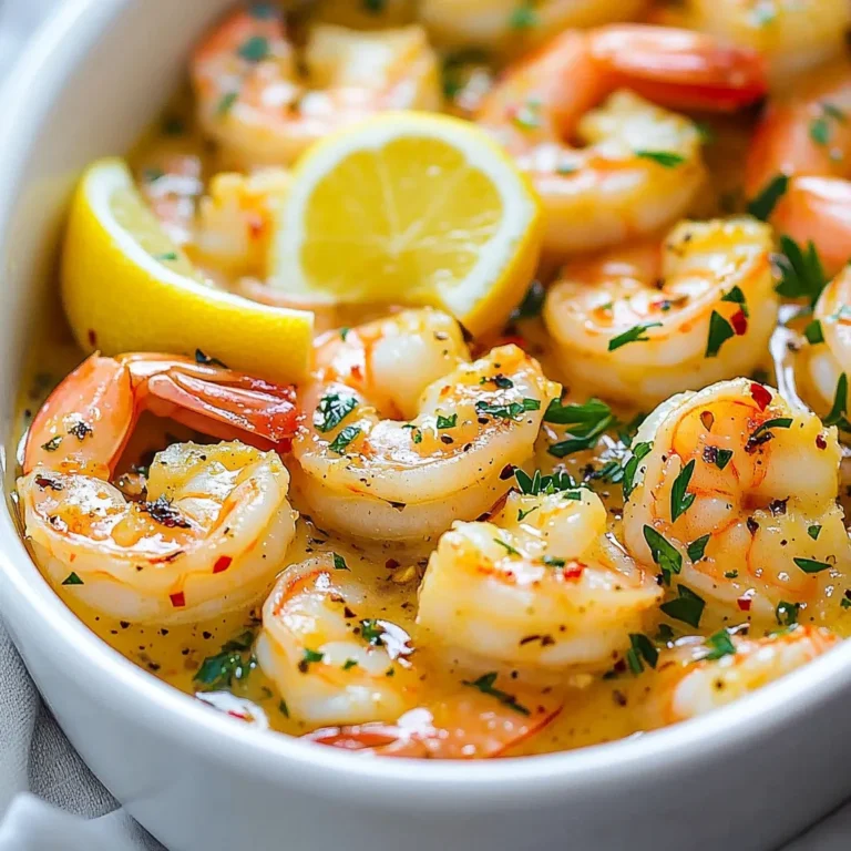 Cooking Garlic Butter Shrimp Scampi is simple and fun. Here’s what you need: - 1 lb large shrimp, peeled and deveined - 4 tablespoons unsalted butter - 4 cloves garlic, minced - 1 tablespoon olive oil - 1/4 teaspoon red pepper flakes - 1/2 cup low-sodium chicken broth - 2 tablespoons fresh lemon juice - 1/4 cup fresh parsley, chopped - Salt and pepper to taste - 8 oz linguine or spaghetti (optional, for serving) These ingredients are easy to find. The shrimp gives the dish its main flavor, while garlic adds a nice kick. The butter brings richness, and the lemon juice brightens it up. Don’t forget the parsley for a fresh touch! You can also adjust the red pepper flakes to change the spice level. If you want a heartier dish, serve it over pasta. This recipe will serve about four people and can be ready in just twenty minutes! {{ingredient_image_1}} - Prepare 8 oz of linguine or spaghetti according to package instructions. - Reserve 1/2 cup of pasta water for sauce adjustments. - Heat 1 tablespoon of olive oil and 2 tablespoons of unsalted butter in a skillet over medium heat. - Add 4 cloves of minced garlic and 1/4 teaspoon of red pepper flakes. Sauté until fragrant, about 1 minute. - Add 1 lb of peeled and deveined shrimp to the skillet. Season with salt and pepper. - Cook the shrimp for 2-3 minutes on each side until they turn pink and are cooked through. - Pour in 1/2 cup of low-sodium chicken broth and 2 tablespoons of fresh lemon juice. Scrape the bottom of the skillet to deglaze. - Return the cooked shrimp to the skillet. Mix in the remaining 2 tablespoons of butter and 1/4 cup of chopped parsley. Stir gently until everything is heated through. For a silkier sauce, stir in some reserved pasta water and toss with the cooked pasta if you’re using it. Taste and adjust the seasoning as needed. To make your Garlic Butter Shrimp Scampi shine, use fresh ingredients. Fresh shrimp and garlic boost the taste. You can adjust spice levels using red pepper flakes. If you like heat, add more. If not, use less. This makes the dish fit your taste perfectly. How you serve the dish matters. For a nice look, use a large shallow bowl. If you add pasta, twirl it with a fork for style. Garnish with fresh parsley and lemon wedges. This adds color and makes it pop. Your dish will be as tasty as it looks! Watch out for common mistakes. Overcooking shrimp makes it rubbery. Cook shrimp until they turn pink, about 2-3 minutes per side. Be careful with garlic too. Burning garlic can ruin the flavor. Sauté it just until fragrant. This keeps your dish delicious and fresh. Pro Tips Use Fresh Ingredients: Fresh shrimp and garlic will enhance the flavor of your scampi significantly. Avoid frozen shrimp if possible for the best taste. Don't Overcook the Shrimp: Cook the shrimp just until they turn pink and opaque. Overcooking will make them rubbery, so keep an eye on them! Adjust the Spice Level: Feel free to modify the amount of red pepper flakes based on your preference for heat. You can also add a pinch of cayenne for extra spice. Enhance the Sauce: For a richer sauce, consider adding a splash of white wine along with the chicken broth. It adds depth and a beautiful flavor profile. {{image_2}} You can switch out shrimp for other seafood. Scallops or lobster make great choices. They add unique flavors and textures. If you want a vegetarian meal, try using vegetable broth instead of chicken broth. This keeps the dish rich and tasty while being meat-free. When it comes to pasta, linguine or spaghetti work best. But you can also try fettuccine or penne. Each type adds its own charm. For sides, garlic bread is a classic. A fresh salad pairs well too, adding crunch and brightness to the meal. Add white wine to the sauce for a deeper taste. It brings out the garlic's sweetness. Fresh herbs like basil or thyme can brighten the dish. You can also toss in vegetables. Spinach wilts beautifully, while cherry tomatoes add juicy bursts. These tweaks make the dish even more delightful. To store leftover garlic butter shrimp scampi, first cool it down. Place it in an airtight container. This keeps the flavors fresh. You can refrigerate it for up to three days. If you want to keep it longer, freezing is a great option. To freeze garlic butter shrimp scampi, use a freezer-safe container. Make sure to leave some space for expansion. It can last up to three months in the freezer. When you’re ready to eat, thaw it in the fridge overnight. For reheating, use a skillet over low heat. Add a splash of chicken broth to keep it juicy. For quick meals, prep your ingredients ahead of time. Peel and devein the shrimp, and chop the garlic and parsley. Store each item in separate containers. This way, cooking becomes faster. Use clear, stackable containers to save space in your fridge. This makes meal prep easy and fun! You can use scallops or lobster for a seafood twist. If you prefer a vegetarian option, try mushrooms or zucchini. Both options provide great texture and flavor. Just remember to adjust cooking times as needed. Making Garlic Butter Shrimp Scampi is quick! You’ll spend about 10 minutes prepping and 10 minutes cooking. In just 20 minutes, you’ll have a delicious meal ready to serve. Yes, you can prepare the shrimp and sauce ahead of time. Store them in the fridge for up to two days. When you're ready, just reheat in a skillet over low heat. You might need to add a splash of broth to keep it saucy. A crisp white wine works best. I recommend a Sauvignon Blanc or a Pinot Grigio. Both wines enhance the garlic and lemon flavors in the dish, making for a perfect pairing. This blog post covered how to make Garlic Butter Shrimp Scampi from start to finish. You learned about the key ingredients, step-by-step cooking instructions, and helpful tips. We explored tasty variations and how to store leftovers. Making this dish offers great flavor and is simple to prepare. Remember, fresh ingredients can really boost your meal. Keep practicing, and soon you'll be impressing everyone with your cooking skills! Enjoy your delicious scampi, and don't forget to have fun while cooking!