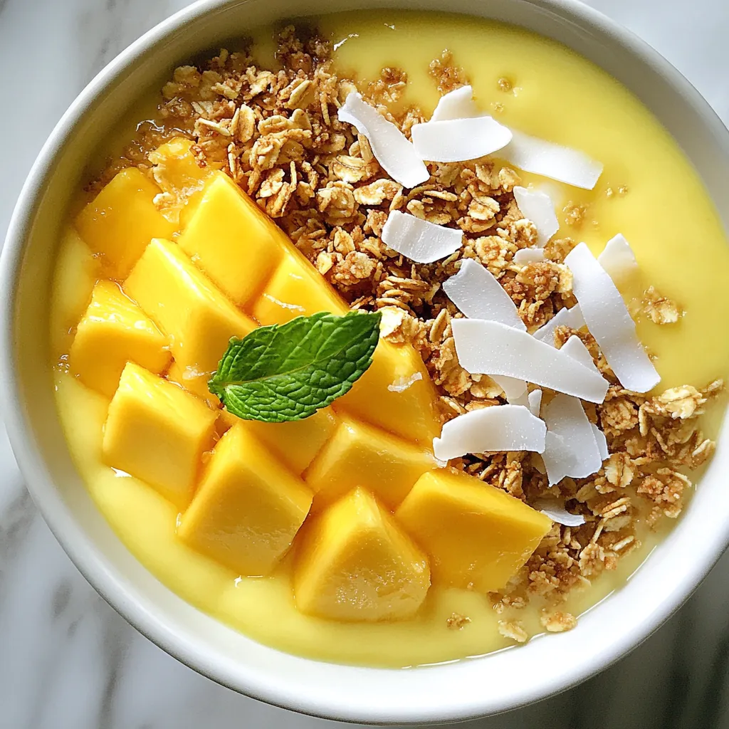To make the coconut mango smoothie bowl, gather these simple ingredients: - 1 cup frozen mango chunks - 1 ripe banana - 1/2 cup coconut milk - 1/4 cup Greek yogurt (or dairy-free yogurt) - 1 tablespoon honey or maple syrup (optional) - 1/4 cup granola (for topping) - 2 tablespoons shredded coconut (toasted if desired) - Fresh mango slices (for garnish) - Fresh mint leaves (for garnish) You can swap some ingredients if needed: - Use fresh mango if you don’t have frozen. - Almond milk or oat milk can replace coconut milk. - For yogurt, try cashew yogurt or silken tofu for a vegan option. - Maple syrup works great if you want a vegan sweetener. This smoothie bowl is not just tasty; it's also healthy! Each serving has: - Calories: Approximately 250 - Protein: About 6 grams - Carbohydrates: Roughly 40 grams - Fats: Around 8 grams - Fiber: About 4 grams This bowl offers energy and nutrients to kickstart your day! {{ingredient_image_1}} First, gather all your ingredients. You will need: - 1 cup frozen mango chunks - 1 ripe banana - 1/2 cup coconut milk - 1/4 cup Greek yogurt (or dairy-free yogurt) - 1 tablespoon honey or maple syrup (optional) Make sure your banana is ripe. This adds natural sweetness and creaminess. If you want, toast the shredded coconut for added flavor. Next, add the frozen mango, banana, coconut milk, and Greek yogurt to your blender. Blend on high speed for about 30 seconds. You want it smooth and creamy. If the mix is too thick, add more coconut milk. Blend again until it’s just right. Taste the mixture. If you want it sweeter, add honey or maple syrup. Blend once more to mix. Pour your smoothie into a bowl. Use the back of a spoon to smooth it out. Now for the fun part—toppings! Sprinkle granola and shredded coconut on top. Add fresh mango slices for color. Finish with mint leaves for a fresh touch. Enjoy your coconut mango smoothie bowl right away! To get a smooth and creamy texture, use frozen mango chunks. They chill the drink and add thickness. Blend them with a ripe banana and coconut milk. If the mix is too thick, pour in a bit more coconut milk. Blend again until it’s just right. Taste your smoothie before serving. You might want it sweeter. Add honey or maple syrup if you like. Just one tablespoon can make a big difference. Blend again to mix in the sweetness. Make your smoothie bowl look pretty! Pour it into a bowl and use a spoon to smooth the top. Top it with granola and toasted coconut for crunch. Add fresh mango slices and mint leaves for color. This bowl is not just tasty; it’s a feast for the eyes! Pro Tips Use Frozen Mango: Using frozen mango chunks not only makes the smoothie bowl cold and refreshing but also helps achieve a creamy texture without the need for ice. Ripeness Matters: A ripe banana will enhance the natural sweetness and creaminess of your smoothie bowl, so choose one with a few brown spots for optimal flavor. Texture Variations: For a thicker smoothie bowl, reduce the amount of coconut milk or add more frozen fruits. Adjust to your desired consistency for the perfect spoonable experience. Garnishing Tips: Feel free to get creative with toppings! Add nuts, seeds, or other fruits to customize your smoothie bowl and make it even more nutritious. {{image_2}} You can change the fruit in this smoothie bowl. Try using different frozen fruits. Pineapple, berries, or peaches work well. Each fruit gives a unique taste. If you like a tropical twist, add passion fruit or papaya. Mix and match fruits to find your favorite. You can also use fresh fruits for a different texture. For a dairy-free version, use coconut yogurt instead of Greek yogurt. This keeps the creamy texture. Almond milk or oat milk can replace coconut milk. If you want a nut-free option, choose rice milk. Each milk adds its own flavor. You can still enjoy the same great taste without any dairy. Toppings make your smoothie bowl fun and tasty. You can use granola for crunch. Fresh fruit slices add color and flavor. Try chia seeds or hemp seeds for extra nutrition. Shredded coconut adds a nice touch, too. If you want something different, sprinkle nuts or seeds on top. Fresh mint leaves brighten up the dish and make it look pretty. To store your coconut mango smoothie bowl, place it in an airtight container. This keeps the flavors fresh. You can store it in the fridge for up to two days. If you notice any separation, just stir it before eating. It’s best to enjoy it fresh, but if you have extras, this method works well. If you want to freeze your smoothie bowl, pour it into ice cube trays or freezer-safe containers. Freeze it for up to one month. When you are ready to eat, let it thaw in the fridge. After thawing, you can blend it again if it needs a smoother texture. This makes it easy to enjoy later! You do not need to heat the smoothie bowl. It tastes best cold. If you prefer a slightly warmer dish, you can let it sit at room temperature for a few minutes. This way, you can enjoy it just how you like it without losing its refreshing taste. Yes, you can use fresh mango. It will taste great! However, you must add ice. This helps keep the bowl cold and thick. Fresh mango adds a nice flavor. Just chop it up and blend. The base of this smoothie bowl is vegan if you swap the Greek yogurt. Use dairy-free yogurt instead. You can also skip the honey or use maple syrup for sweetness. This way, you keep it plant-based and delicious. You have several options to replace Greek yogurt. You can use dairy-free yogurt like coconut or almond yogurt. Silken tofu is another great choice, adding creaminess. You can also try blended banana for a similar texture. Each option keeps the bowl yummy and smooth. This blog post covers all you need for a delicious smoothie bowl. We explored ingredients, tips, and variations to make it just right. You learned how to prepare ingredients, blend them, and assemble the bowl. We even shared ideas for storage and answered common questions. Now, it’s your turn. Experiment with flavors and make this bowl your own. Enjoy the process and the tasty results!