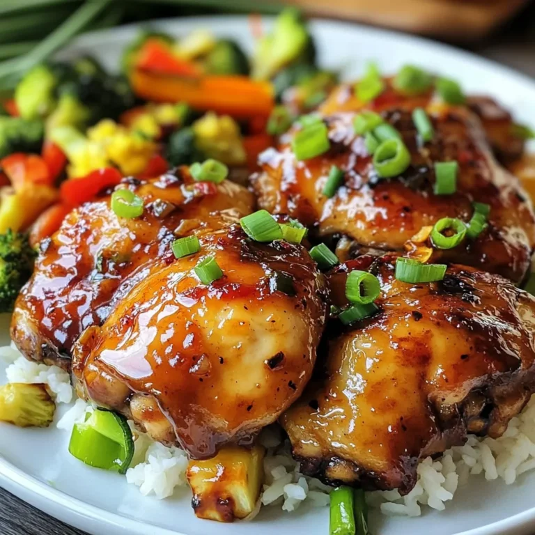 Here’s what you need for this tasty dish: - 4 boneless, skinless chicken thighs - 1/2 cup brown sugar - 1/4 cup soy sauce (low sodium works too) - 4 cloves garlic, minced - 1 tablespoon fresh ginger, grated - 1 tablespoon olive oil - 1 tablespoon apple cider vinegar - Salt and pepper to taste - Green onions, sliced (for garnish) These ingredients create a sweet and savory blend. The brown sugar gives a rich flavor. The soy sauce adds depth. Garlic and ginger boost the taste even more. You can add some extras to enhance the dish: - Sesame seeds for crunch - Fresh cilantro for a herb twist - Sliced bell peppers for color and flavor These extras can make your meal even more appealing. Feel free to mix and match! If you have dietary needs, here are some swaps: - Chicken thighs can be replaced with chicken breasts for a leaner option. - Use coconut aminos instead of soy sauce for a soy-free version. - Maple syrup can replace brown sugar for a different sweet note. These substitutions keep the dish delicious and friendly for various diets. Always taste as you go to find your perfect flavor! {{ingredient_image_1}} Start by making a tasty marinade. In a medium bowl, whisk together the brown sugar, soy sauce, minced garlic, grated ginger, olive oil, and apple cider vinegar. Whisk until the sugar dissolves. This mix will make your chicken sweet and sticky. Next, season the chicken thighs with salt and pepper. Place them in a resealable bag or a shallow dish. Pour the marinade over the chicken. Make sure every piece is coated. Seal the bag or cover the dish. Let it chill in the fridge for at least 30 minutes. If you have time, marinate overnight for more flavor. Preheat your oven to 375°F (190°C). While the oven heats, grab a large oven-safe skillet. Heat it over medium-high heat. Take the chicken out of the marinade, but save the marinade for later. Sear the chicken thighs in the skillet for about 3-4 minutes on each side. Look for a golden-brown crust to form. This step adds great flavor. After searing, pour the saved marinade over the chicken in the skillet. Now it’s time to bake! Transfer the skillet to your preheated oven. Bake for 25-30 minutes. You want the chicken to reach an internal temperature of 165°F (75°C). This ensures the chicken is cooked through. Once done, take the skillet out of the oven. Let the chicken rest for a few minutes before slicing. When serving, drizzle some pan sauce over the chicken. Garnish with sliced green onions for extra flavor and color. Enjoy your sweet and sticky brown sugar garlic chicken! To get a great glaze on your chicken, focus on the marinade. The brown sugar adds sweetness and stickiness. Use a mix of soy sauce, garlic, and ginger for depth. After searing, pour the reserved marinade over the chicken. This creates a rich sauce that makes the dish shine. Baking the chicken helps the glaze caramelize nicely. Marinating is key for flavor. I suggest a minimum of 30 minutes. For best results, marinate overnight. This allows the chicken to soak up all the good flavors. If you’re short on time, even 15 minutes can help, but longer is always better. Temperature matters for juicy chicken. Preheat your oven to 375°F (190°C). This temperature cooks the chicken evenly. Use a meat thermometer to check doneness. The internal temperature should reach 165°F (75°C). This ensures your chicken is safe and perfectly cooked. Let it rest a few minutes before slicing for the best taste. Pro Tips Marinate Longer for Depth: For a more intense flavor, marinate the chicken overnight. This allows the flavors to penetrate the meat more effectively. Use Fresh Ingredients: Using fresh garlic and ginger instead of powdered versions will enhance the aroma and taste of your dish significantly. Rest the Chicken: Let the chicken rest for a few minutes after baking. This helps retain its juices, making it more tender and flavorful when sliced. Perfectly Cooked Chicken: Always use a meat thermometer to check that your chicken has reached an internal temperature of 165°F (75°C) for safe consumption. {{image_2}} You can add veggies to your Brown Sugar Garlic Chicken for extra flavor. Try bell peppers, broccoli, or snap peas. Just chop them up and add them to the skillet with the chicken. The veggies will soak up the delicious sauce. This makes your meal colorful and nutritious. If you like heat, add red pepper flakes to the marinade. Start with a half teaspoon and taste as you go. This will give your chicken a nice kick. The sweetness of the brown sugar balances the spice well. It’s a fun twist on the classic recipe. Grilling is another great way to cook this dish. Marinate the chicken as usual, then grill it instead of baking. Cook on medium heat for about 6-7 minutes per side. You’ll get a nice char and smoky flavor. This method is perfect for summer barbecues. After you enjoy your brown sugar garlic chicken, save the leftovers. Place them in an airtight container. Store the chicken in the fridge for up to four days. If you want to keep it longer, consider freezing it. Reheating is simple. For the best taste, use an oven. Preheat it to 350°F (175°C). Put the chicken in a baking dish, cover with foil, and heat for about 20 minutes. You can also use a microwave. Heat it for one to two minutes, checking often to avoid overcooking. To freeze, first let the chicken cool completely. Wrap it tightly in plastic wrap, then place it in a freezer-safe bag. Remove as much air as possible. This chicken can last for up to three months in the freezer. When you’re ready to eat, thaw it in the fridge overnight before reheating. Yes, you can use chicken breasts. They will cook faster than thighs. The dish may be less juicy since breasts have less fat. For best results, check for doneness early. To check if chicken is done, use a meat thermometer. The chicken should reach 165°F (75°C) inside. If you don’t have a thermometer, cut into the thickest part. The meat should be white with no pink inside. Brown Sugar Garlic Chicken goes well with many sides. Here are some tasty choices: - Steamed jasmine rice - Sautéed vegetables - Garlic mashed potatoes - A fresh green salad - Stir-fried noodles These sides will balance the sweetness of the chicken. Enjoy your meal! Brown Sugar Garlic Chicken is a tasty dish with simple steps. You start with key ingredients and optional extras to make it your own. Marinating and searing the chicken helps build flavor. Don’t forget helpful tips for the best glaze and perfect cooking! Explore fun variations like adding veggies or grilling. Storing leftovers is easy, and reheating keeps it delicious. Whether you want a classic or something spicy, this dish is sure to please. Now, grab your ingredients and enjoy making this flavorful meal!