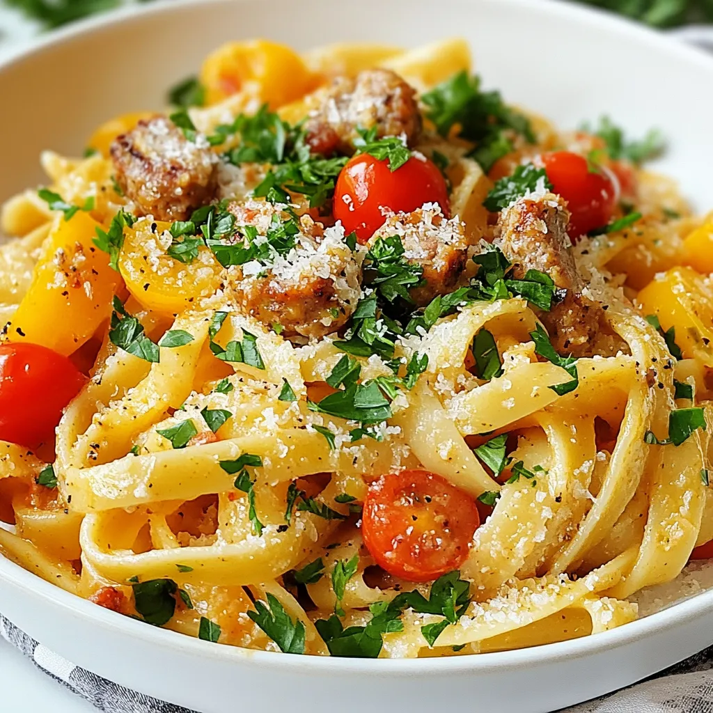 - 8 ounces fettuccine pasta - 1 pound turkey sausage, sliced - 1 cup heavy cream - 1 cup chicken broth - 1 small onion, diced - 2 cloves garlic, minced - 1 red bell pepper, chopped - 1 green bell pepper, chopped - 2 teaspoons Cajun seasoning - 1 cup cherry tomatoes, halved - ¼ cup grated Parmesan cheese - 2 tablespoons fresh parsley, chopped The main ingredients in this dish create a rich, creamy base. Fettuccine pasta has a wonderful texture that holds sauce well. Turkey sausage adds protein and flavor without too much fat. Heavy cream gives a lusciousness that coats every bite. Chicken broth enhances the taste and ties everything together. The vegetables are key to adding color and taste. Onions and garlic bring depth. The bell peppers offer sweetness and crunch. Cajun seasoning is what makes this dish pop, bringing warmth and spice. Cherry tomatoes contribute a burst of freshness. Lastly, the garnishes elevate the dish. Parmesan cheese adds a salty kick, while parsley brightens the plate. Each ingredient works together, making a flavor explosion that you will love. {{ingredient_image_1}} - Boil 8 ounces of fettuccine pasta in salted water. - Cook until al dente, following package instructions. - Drain the pasta and set it aside. - Heat 1 tablespoon of olive oil in a large skillet. - Add 1 pound of sliced turkey sausage. - Cook until browned, about 5-7 minutes. - Remove the sausage and set it aside. - In the same skillet, add 1 small diced onion. - Sauté for 3-4 minutes until it is translucent. - Next, add 2 minced garlic cloves, 1 chopped red bell pepper, and 1 chopped green bell pepper. - Cook for another 5 minutes until the peppers are tender. - Stir in 1 cup of heavy cream and 1 cup of chicken broth. - Add 2 teaspoons of Cajun seasoning, salt, and pepper to taste. - Bring the mixture to a simmer and cook for 5 minutes. - Return the cooked turkey sausage to the skillet. - Fold in 1 cup of halved cherry tomatoes. - Cook for another 2-3 minutes until heated through. - Add the drained fettuccine to the sauce. - Toss to combine, coating the pasta evenly. - Cook for an additional minute on low heat. - Stir in ¼ cup of grated Parmesan cheese until melted and creamy. - Remove from heat and garnish with 2 tablespoons of chopped fresh parsley. Pick a turkey sausage that has a good flavor. Look for brands with spices you enjoy. If you like it spicy, choose a hot sausage. For mild flavors, go for a sweet turkey sausage. You can also add your own spices. This way, you make it just how you like! To change how creamy your pasta is, adjust the heavy cream. Use less for a lighter dish. If you want a richer taste, add more cream. If you want a healthier option, try low-fat cream. It still keeps your pasta creamy and tasty. To boost the flavor, think about adding more spices. Cayenne pepper or smoked paprika can add a kick. Fresh herbs like basil or thyme can brighten the dish. Toss them in right at the end for the best taste. Fresh ingredients make every bite better! Pro Tips Cook Pasta Al Dente: Cooking the fettuccine until just al dente ensures it remains firm and doesn't become mushy when combined with the sauce. Use Fresh Ingredients: Fresh garlic and vegetables will enhance the overall flavor of the dish, making it more vibrant and delicious. Adjust Spiciness: If you prefer a milder dish, reduce the amount of Cajun seasoning or add it gradually to suit your taste. Garnish for Flavor: Adding fresh parsley not only adds color but also a fresh flavor that brightens up the creamy sauce. {{image_2}} You can easily make this dish vegetarian. Just swap the turkey sausage for mushrooms or tofu. Both add great flavor and texture. Use vegetable broth instead of chicken broth for a richer taste. With these changes, you keep the creamy sauce while making it meat-free. While fettuccine works well, you can switch it up. Try penne or rotini for a fun twist. They hold sauce nicely and make each bite tasty. If you need gluten-free options, many brands now offer great gluten-free pasta. These substitutes help everyone enjoy this dish. Want to boost nutrition? Add spinach or kale. These greens cook down and blend well into the sauce. They add color and nutrients without changing the taste much. You can also try different cheeses. A bit of goat cheese or mozzarella can give a new flavor. Experimenting with extra ingredients keeps this dish exciting! Store your creamy Cajun turkey sausage pasta in airtight containers. This keeps the pasta fresh and tasty. It can last in the fridge for about 3 to 4 days. Just make sure to let it cool before sealing. This helps prevent moisture build-up. Freezing creamy pasta dishes is simple. First, let the pasta cool completely. Then, place it in freezer-safe bags or containers. Press out as much air as possible. You can freeze it for up to 3 months. To reheat, thaw it overnight in the fridge. Warm it gently on the stove or in the microwave. Add a splash of chicken broth to restore creaminess. If you have leftovers, get creative! You can turn the pasta into a tasty casserole. Just layer it with cheese and bake until bubbly. Another option is to mix it into a soup for added flavor. You can also use the pasta in a salad. Toss it with greens and a light dressing for a quick meal. Yes, you can! Other sausages work well too. Consider using chicken, pork, or even andouille sausage for a kick. Each type brings its own flavor. Turkey sausage keeps it lean, while other options add richness. Just adjust cooking times if needed, as some sausages may take longer to brown. Want more heat? You can add cayenne pepper or crushed red pepper flakes. Start with a small amount, then taste and adjust. Another great option is to mix in hot sauce. You can also look for spicy sausage varieties. These tips will give your dish that extra zing! Absolutely! To make this dish dairy-free, swap the heavy cream for coconut milk or almond milk. Nutritional yeast can replace Parmesan cheese for flavor. There are also vegan cream cheese options that can work well. This way, you can enjoy the dish without dairy. This pasta pairs great with a simple salad or garlic bread. A fresh Caesar salad adds crunch. You can also serve it with roasted vegetables for more color. For drinks, a crisp white wine or iced tea complements the flavors nicely. This dish is quick! It takes about 15 minutes to prep and 15 minutes to cook. You can have it on the table in just 30 minutes. Perfect for busy weeknights or last-minute gatherings! Plus, it’s so flavorful that everyone will love it. This blog post guides you through making a creamy pasta dish using simple ingredients. We covered main ingredients, cooking steps, and storage tips. Remember, you can customize the dish with different sausages or pasta types. Feel free to experiment with spices and vegetables for your taste. Save leftovers to enjoy later. Enjoy the blend of flavors and make it your own!