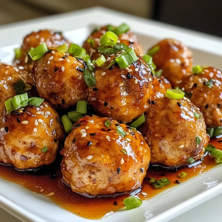 To make the meatballs, you will need: - 1 lb ground chicken - 1/2 cup breadcrumbs (preferably panko) - 1/4 cup green onions, finely chopped - 1/4 cup carrots, finely grated - 1 large egg - 2 tablespoons soy sauce (low sodium) - 1 tablespoon sesame oil - 1 tablespoon ginger, minced - 2 cloves garlic, minced - Salt and pepper to taste These ingredients create a tasty meatball base. The ground chicken keeps them light. The panko gives a nice crunch, while the green onions and carrots add flavor and color. For the teriyaki sauce, gather these items: - 1/4 cup soy sauce (low sodium) - 2 tablespoons honey or maple syrup - 1 tablespoon rice vinegar - 1 tablespoon cornstarch mixed with 2 tablespoons water - 1 teaspoon sesame oil - 1 teaspoon minced ginger - 1 teaspoon minced garlic This sauce blends sweet and savory. The honey or maple syrup gives a rich sweetness, while the rice vinegar adds a touch of tang. To finish the dish, consider these garnishes: - 1/2 teaspoon black sesame seeds - Additional chopped green onions These garnishes bring a nice pop of color. They also add texture and flavor to the dish. Using fresh green onions brightens up the meal. {{ingredient_image_1}} To start, gather your ingredients. You will need ground chicken, breadcrumbs, green onions, and carrots. Add a large egg, soy sauce, sesame oil, ginger, and garlic. Don’t forget salt and pepper! In a big bowl, mix everything together. Use your hands to ensure all items blend well. You want a sticky, but firm mixture. Now, preheat your oven to 400°F (200°C). While the oven warms, line a baking sheet with parchment paper. Shape your mixture into small meatballs, about one inch wide. Place each meatball on the baking sheet, making sure they have space. Bake them for 15 to 20 minutes. Look for a golden brown color. The meatballs should reach 165°F (74°C) inside. While the meatballs bake, let’s make the teriyaki sauce. In a saucepan, mix soy sauce, honey (or maple syrup), rice vinegar, and sesame oil. Add minced ginger and minced garlic too. Heat this over medium heat until it simmers. Next, whisk in a mix of cornstarch and water slowly. Stir until the sauce thickens and gets shiny. This should take about 2 to 3 minutes. Then, take it off the heat. Now you are ready to enjoy your flavorful teriyaki chicken meatballs! To make soft and tasty meatballs, choose ground chicken with some fat. The fat keeps the meatballs moist. Use panko breadcrumbs instead of regular ones. Panko absorbs moisture well and adds a nice crunch. Mix the ingredients gently. Over-mixing makes meatballs tough. Form them into balls about one inch wide. This size cooks evenly and stays juicy. To check if the meatballs are cooked, use a meat thermometer. The inside should reach 165°F (74°C). If you don’t have a thermometer, cut one in half. The meat should be white, not pink. Also, look for a nice golden brown color on the outside. This shows they are cooked properly. You can cook your meatballs in different ways. For pan-frying, heat a bit of oil in a skillet. Cook the meatballs until they brown on all sides. This takes about 10-12 minutes. Grilling is another option. Preheat your grill and cook the meatballs for about 8-10 minutes, turning them often. Both methods give a tasty, crispy outside. Pro Tips Use Panko Breadcrumbs: Panko breadcrumbs give the meatballs a lighter, crispier texture compared to regular breadcrumbs, enhancing the overall bite. Chill the Mixture: For easier handling and shaping, chill the meatball mixture for about 30 minutes before forming them into balls. Check Doneness: Use a meat thermometer to ensure the meatballs reach an internal temperature of 165°F (74°C) for safe consumption. Customize the Sauce: Feel free to adjust the sweetness of the teriyaki sauce by adding more honey or maple syrup, or add a splash of sriracha for a spicy kick! {{image_2}} You can make spicy teriyaki chicken meatballs by adding heat. To do this, mix in some red pepper flakes or sriracha into the meatball mixture. Start with half a teaspoon and adjust it to your taste. This adds a nice kick and pairs well with the sweet teriyaki sauce. If you need a gluten-free option, swap the breadcrumbs for gluten-free breadcrumbs. You can also use ground oats or crushed rice crackers. Make sure to choose a gluten-free soy sauce. It will keep the flavor strong while making the dish friendly for those with gluten sensitivities. You can try different proteins too. Ground turkey gives a lighter taste, while ground beef adds richness. Both options work well with the same recipe. Just remember to adjust the cooking time slightly. Turkey may cook faster, while beef might need a bit longer to reach safe temperatures. Feel free to get creative with these variations! To store leftover meatballs, let them cool first. Place them in an airtight container. You can keep them in the fridge for up to three days. Make sure to label the container with the date. This way, you will know when to eat them. When ready to reheat, take the meatballs out of the fridge. You can use the microwave or a skillet. For the microwave, heat them for about one minute. In a skillet, add a little water and cover it. Heat on low for 5–7 minutes, stirring often. Check if they are warm all the way through. To freeze meatballs, place them in a single layer on a baking sheet. Freeze for about two hours until firm. Then, transfer them to a freezer bag. Remove as much air as possible. Label the bag with the date. Meatballs can stay frozen for up to three months. When you want to eat them, thaw in the fridge overnight before reheating. Yes, you can make teriyaki chicken meatballs ahead of time. Prepare the meatballs and store them in the fridge for up to a day. You can also freeze them before baking. Just make sure to thaw them in the fridge before cooking. This saves time on busy days and keeps the flavors fresh. You can serve teriyaki chicken meatballs with many sides. Here are some great options: - Steamed rice or jasmine rice - Stir-fried vegetables, like broccoli or bell peppers - A fresh salad with a light dressing - Noodles, such as soba or udon - Grilled corn on the cob These pair well with the sweet and savory flavors of the meatballs. Making teriyaki sauce from scratch is simple. Here’s a quick recipe: - 1/4 cup low-sodium soy sauce - 2 tablespoons honey or maple syrup - 1 tablespoon rice vinegar - 1 tablespoon cornstarch mixed with 2 tablespoons water - 1 teaspoon sesame oil - 1 teaspoon minced ginger - 1 teaspoon minced garlic To prepare, mix the soy sauce, honey, and rice vinegar in a pot. Heat on medium. Once it simmers, whisk in the cornstarch mixture. Stir until thick, about 2-3 minutes. Remove from heat. Your homemade teriyaki sauce is ready! In this post, I covered how to make tasty teriyaki chicken meatballs. We explored key ingredients, step-by-step instructions, and clever tips. You learned about variations and how to store leftovers. Enjoying this dish can be simple and fun. Try new flavors or proteins to keep it fresh. With these tips, you can make perfect meatballs every time. Your friends and family will love them! Now, it’s time to cook and enjoy your tasty creation.