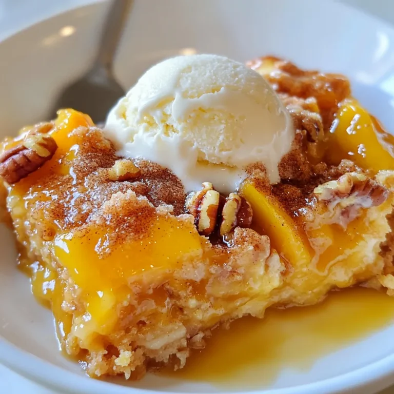 For this Peach Cobbler Dump Cake, you will need: - 1 can (29 oz) sliced peaches in syrup, undrained - 1 box yellow cake mix (dry) - 1/2 cup unsalted butter, melted - 1 cup brown sugar - 1 teaspoon cinnamon - 1/2 teaspoon nutmeg To make your cake even tastier, consider adding: - 1/2 cup chopped pecans or walnuts - Whipped cream for serving - Vanilla ice cream for serving If you want to mix it up, try these swaps: - Use fresh peaches instead of canned for a fresher taste. - Swap yellow cake mix for a gluten-free version. - Use coconut oil instead of butter for a dairy-free option. These ingredient choices can help you create a dessert that fits your taste and dietary needs. {{ingredient_image_1}} 1. Start by preheating your oven to 350°F (175°C). This is key for even baking. 2. Grab a 9x13-inch baking dish. Pour the undrained sliced peaches into it. Spread them evenly across the bottom. 3. In a separate bowl, mix 1 cup of brown sugar, 1 teaspoon of cinnamon, and 1/2 teaspoon of nutmeg. This blend adds great flavor. 4. Sprinkle this sugar mixture evenly over the peaches. Make sure every peach gets some love! 5. Now, take the box of dry yellow cake mix. Pour it over the peach mixture, covering everything. Do not mix it in; just let it sit. 6. Melt 1/2 cup of unsalted butter. Drizzle it evenly over the cake mix. This step adds moisture and richness. 7. If you want some crunch, sprinkle 1/2 cup of chopped pecans or walnuts on top. This is optional but tasty! 1. Place your prepared dish in the oven. Bake for 45-50 minutes. 2. Keep an eye on it. You want the top to turn golden brown, and bubbles should appear from the sides. 3. Once done, carefully remove it from the oven. 1. Let your peach cobbler dump cake cool for a few minutes. This helps it set. 2. Serve it warm in bowls. Top with a scoop of vanilla ice cream or whipped cream for extra joy. 3. For a fancy touch, sprinkle some cinnamon on top before serving. Enjoy your delicious treat! To get the best texture in your Peach Cobbler Dump Cake, follow these tips: - Use undrained canned peaches. This keeps the cake moist. - Spread the cake mix evenly over the peaches. Don't mix it in! - Drizzle melted butter all over the cake mix. This helps it brown nicely. - Bake until golden brown and bubbly. This signals a perfect texture. Here are some common mistakes to steer clear of when making this treat: - Mixing the cake mix with peaches. This will ruin the layering effect. - Not preheating the oven. A hot oven helps the cake rise properly. - Skipping the nuts. They add great crunch and flavor. - Overbaking or underbaking. Keep a close watch on the time. Serving your Peach Cobbler Dump Cake well makes it even more delightful. - Serve warm in bowls for a cozy feel. - Top with a scoop of vanilla ice cream or whipped cream. - Sprinkle cinnamon on top for extra flair. - Use colorful bowls or plates to make it pop. Pro Tips Use Fresh Peaches: If in season, substitute fresh peaches for a more vibrant flavor. Just slice and prepare them similarly to the canned version. Experiment with Spices: Feel free to add nutmeg, allspice, or even a splash of vanilla extract to enhance the flavor profile. Serve Immediately: This dessert is best enjoyed warm, so serve it right after cooling slightly for optimal taste. Storage Tips: If you have leftovers, store them in an airtight container in the fridge for up to 3 days. Reheat in the oven for best results. {{image_2}} You can change the fruit in your dump cake. Try using sliced pears or cherries. You can even mix fruits for a fun twist. Just keep the amount the same. If you want a tart flavor, opt for sour cherries. For a sweeter touch, use blueberries or strawberries. To make this cake gluten-free, swap the yellow cake mix. Look for a gluten-free cake mix. You can also use almond flour or coconut flour. Just remember, the texture may change a bit. Ensure that your canned peaches are gluten-free too. Always check the labels for hidden gluten. Add more flavors to your cake by mixing in spices. Try using ginger or allspice for a warm taste. For a nutty flavor, add almond extract. You can also sprinkle chocolate chips on top. They melt and create a delicious surprise. Don’t forget to serve it with whipped cream or ice cream for extra flavor! To store leftovers, let the peach cobbler cool completely. Then, cover it tightly with plastic wrap or foil. You can also use an airtight container. This keeps the flavors fresh. Store it in the fridge for up to three days. When you're ready to enjoy your leftovers, preheat your oven to 350°F (175°C). Place the cobbler in an oven-safe dish. Cover it with foil to avoid drying out. Heat for about 15 to 20 minutes. You can also microwave it. Just heat in short bursts of 30 seconds until warm. You can freeze peach cobbler dump cake if you need to save some for later. Let it cool completely first. Cut it into squares for easy servings. Wrap each piece in plastic wrap. Then, place them in a freezer bag. This way, it lasts for up to three months. To enjoy, thaw it in the fridge overnight before reheating. Yes, you can use fresh peaches. Just peel and slice them first. You will need about 6 to 8 peaches for this recipe. Fresh peaches give a nice, bright flavor. They also add a bit of texture. If you use fresh peaches, add a little sugar to help balance the tartness. Aim for about 1/4 cup of sugar mixed with the peaches. The dump cake is done when the top is golden brown. You should see bubbles forming on the sides. This usually takes about 45 to 50 minutes at 350°F. To check, insert a toothpick into the cake mix. If it comes out clean, it’s ready. Let it cool for a few minutes before serving. I love serving it warm with a scoop of vanilla ice cream. Whipped cream also works great. You can sprinkle a bit of cinnamon on top for extra flavor. If you want, add fresh fruit or nuts for a nice touch. This dessert pairs well with coffee or sweet tea too. Enjoying it warm enhances its peachy goodness! This blog post covered all you need to know about making a peach cobbler dump cake. We explored the must-have ingredients, simple steps for baking, and tips for perfect texture. You learned about variations and how to store your leftovers. Remember, baking is about fun and creativity. Don’t be afraid to try new flavors or ingredients. Enjoy making this dessert, and share it with friends and family. Happy baking!