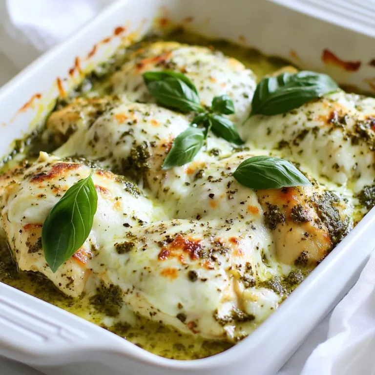 To make Creamy Pesto Chicken Bake, gather these ingredients: - 4 boneless, skinless chicken breasts - 1 cup fresh basil pesto - 1 cup cream cheese, softened - 1 cup shredded mozzarella cheese - 1/2 cup grated Parmesan cheese - 2 tablespoons olive oil - 1 teaspoon garlic powder - 1 teaspoon Italian seasoning - Salt and pepper to taste - Fresh basil leaves for garnish (optional) This simple list ensures you have everything for a tasty meal. Feel free to swap ingredients based on what you have: - Chicken: Use thighs for more flavor. - Pesto: Store-bought works well, or make your own. - Cream cheese: Sour cream or Greek yogurt can replace it. - Mozzarella: Cheddar or gouda can add a different taste. - Parmesan: Nutritional yeast gives a cheesy flavor for vegans. These swaps can fit your diet and taste. When picking your ingredients, consider these tips: - Chicken: Look for fresh, pink meat with no smell. - Pesto: Choose vibrant green pesto for a fresh flavor. - Cheeses: Select blocks of cheese to shred for the best melt. - Olive oil: Extra virgin olive oil has the best taste. - Herbs: Fresh basil's aroma should be strong; it adds great flavor. High-quality ingredients make a big difference in taste. {{ingredient_image_1}} To start, preheat your oven to 375°F (190°C). Grease a 9x13 inch baking dish with olive oil. This helps prevent sticking and adds flavor. In a medium bowl, mix the cream cheese, pesto, and garlic powder. Blend until smooth and creamy. This will be the sauce for the chicken. Next, place the chicken breasts in the baking dish. Season both sides with salt, pepper, and Italian seasoning. This step builds a strong flavor. Now, spread your creamy pesto mixture evenly over the chicken. Make sure each piece is well coated. After that, sprinkle the shredded mozzarella and grated Parmesan cheese on top. This will melt into a delicious crust as it cooks. Cover the baking dish with aluminum foil. This keeps the chicken moist while it bakes. Bake in your preheated oven for 25 minutes. After that time, carefully remove the foil. Bake for an additional 15-20 minutes. Check the chicken’s internal temperature. It should reach 165°F (75°C). The cheese should be bubbly and lightly golden. If it is not yet golden, leave it in for a few more minutes. Once fully cooked, take it out of the oven. Let it rest for 5 minutes before serving. This helps the juices stay in the chicken. For a lovely finish, garnish with fresh basil leaves. They add color and a fresh taste. Serve this dish with rice, pasta, or a light salad. Enjoy the creamy goodness of your pesto chicken bake! To cook chicken just right, use a meat thermometer. Aim for 165°F (75°C) inside. Before cooking, let the chicken rest at room temperature. This helps it cook evenly. Season both sides well with salt, pepper, and Italian seasoning. This boosts flavor and texture. Want to make your dish pop? Try adding sun-dried tomatoes or olives. They add a nice bite. You can also mix in some spinach or artichokes for color and taste. Using fresh basil leaves as a garnish adds a lovely aroma and freshness. Experiment to find your favorite twist! Avoid overcooking the chicken. It can turn dry and tough. If you cover the dish with foil too tightly, moisture builds up. This can make the chicken soggy. Always check the chicken's temperature before serving. Lastly, don’t skip resting the chicken after baking. This helps keep it juicy. Pro Tips Use Fresh Pesto: For the best flavor, use homemade or fresh store-bought basil pesto instead of jarred varieties. Check Chicken Temperature: Ensure the chicken reaches an internal temperature of 165°F (75°C) for safe consumption. Let it Rest: Allow the chicken to rest for a few minutes after baking; this helps retain the juices and enhances flavor. Cheese Variations: Feel free to mix different cheeses like provolone or gouda for a unique twist on the dish. {{image_2}} To make this dish gluten-free, you need to ensure all ingredients are safe. The main things to watch are the pesto and cheese. Look for gluten-free pesto brands. Most cheese is safe, but always check labels for hidden gluten. You can enjoy this dish without worry! Adding vegetables is a fun twist! You can mix in broccoli, spinach, or cherry tomatoes. Chop them up and layer them with the chicken in the baking dish. This adds color, flavor, and nutrition. They cook well in the creamy sauce and taste great! You can swap cheeses for more flavor. Try using gouda for a smoky taste. Feta cheese adds a salty kick. If you want something milder, use cheddar. Each cheese gives a unique taste, making this dish your own. Feel free to mix and match! After your meal, let the Creamy Pesto Chicken Bake cool down. Place leftovers in an airtight container. This keeps the dish fresh and tasty. Store the container in the fridge. It will last for up to three days. For best results, try to eat it within this time. To reheat, you can use the oven or microwave. If using the oven, preheat it to 350°F (175°C). Place the chicken bake in an oven-safe dish. Cover it with foil to keep it moist. Heat for about 15-20 minutes. If using the microwave, place a portion on a microwave-safe plate. Heat in 30-second bursts until warm. Make sure it reaches a safe temperature of 165°F (75°C). You can freeze the Creamy Pesto Chicken Bake for later. First, let it cool completely. Then, cut it into portions. Wrap each piece tightly in plastic wrap. Place them in a freezer-safe bag or container. Label it with the date. It will stay good for up to three months. To thaw, place it in the fridge overnight before reheating. This keeps the flavors intact and ready to enjoy! Yes, you can use frozen chicken breasts. Just remember to thaw them first. Thawing helps the chicken cook evenly and keeps it juicy. You can thaw chicken in the fridge overnight or use the defrost setting on your microwave. Once thawed, follow the recipe as usual. You have many tasty options! Here are some ideas: - Rice: White or brown rice pairs well with the dish. - Pasta: Serve it over your favorite pasta for a hearty meal. - Salad: A fresh green salad adds a nice crunch. - Bread: Garlic bread or a crusty baguette will soak up the creamy sauce. Check the chicken’s internal temperature to be sure. It should reach 165°F (75°C) to be safe to eat. A meat thermometer is the best tool for this. If you don’t have one, cut into the chicken. The juices should run clear, and the meat should not be pink. Always ensure it’s cooked all the way through for safety. This blog post covered key ingredients, smart cooking steps, and handy tips for a Creamy Pesto Chicken Bake. You learned ingredient substitutes, baking methods, and storage tips to keep your meal fresh. Remember to avoid common mistakes for perfect results. Try out variations to make this dish your own. With these insights, you can cook with confidence and enjoy delicious meals. Happy cooking!