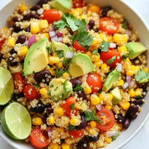 - 1 cup quinoa, rinsed - 2 cups vegetable broth or water - 1 can black beans, drained and rinsed - 1 cup corn (fresh, frozen, or canned) - 1 red bell pepper, diced - 1 avocado, diced - 1 cup cherry tomatoes, halved - 1/4 cup red onion, finely chopped - 1/4 cup fresh cilantro, chopped - Juice of 2 limes - 3 tablespoons olive oil - 1 teaspoon cumin - 1 teaspoon chili powder - Salt and pepper to taste You can add more flavors to your salad. Try these options: - Jalapeños for heat - Feta cheese for creaminess - Cucumber for crunch - Spinach for extra greens This salad is packed with good stuff. Here’s a quick look at what you get: - Calories: About 350 per serving - Protein: 10g - Fiber: 12g - Fat: 15g - Carbohydrates: 45g - Vitamins: A, C, and K from veggies This dish not only tastes great, but it also gives you energy and keeps you full. Enjoy making it your own! {{ingredient_image_1}} To start, rinse 1 cup of quinoa under cold water. This helps remove any bitter taste. In a medium saucepan, mix the rinsed quinoa with 2 cups of vegetable broth or water. Bring the mixture to a boil over high heat. Once it boils, reduce the heat and cover the pan. Let it simmer for about 15 minutes. The quinoa is ready when it absorbs all the liquid and becomes fluffy. Remove it from heat and let it cool for a bit. While the quinoa cools, grab a large mixing bowl. Add the following ingredients: - 1 can of black beans, drained and rinsed - 1 cup of corn (you can use fresh, frozen, or canned) - 1 diced red bell pepper - 1 diced avocado - 1 cup of halved cherry tomatoes - 1/4 cup of finely chopped red onion - 1/4 cup of chopped fresh cilantro Stir these ingredients together gently. This salad is colorful and full of flavor. In a small bowl, whisk together the dressing. Use the juice of 2 limes, 3 tablespoons of olive oil, 1 teaspoon of cumin, and 1 teaspoon of chili powder. Add salt and pepper to taste. This dressing brings all the flavors together. Once the quinoa has cooled, add it to the bowl with the salad ingredients. Pour the dressing over everything and toss gently. Make sure all the ingredients mix well. If you need to, adjust the seasoning with more salt or lime juice. Serve right away or chill it in the fridge for about 30 minutes. Chilling lets the flavors blend even more. Enjoy your delicious Southwest Quinoa Salad! To cook perfect quinoa, rinse it first. This helps remove bitter saponins. Use a 2:1 ratio of liquid to quinoa. I prefer vegetable broth for flavor. Bring the broth to a boil before adding the quinoa. After that, cover and lower the heat. Cook for about 15 minutes. When done, let it cool slightly. You want fluffy, not mushy quinoa. To boost flavor, add lime juice and fresh herbs. Cilantro adds freshness. Try different beans like pinto or kidney for variety. You can also mix in diced jalapeños for heat. Toasting the spices in olive oil before adding them enhances their taste. Additional toppings like feta cheese or nuts provide crunch and creaminess. Serve your Southwest Quinoa Salad in a large bowl. This makes it easy to share. You can also plate it individually for a stunning presentation. Garnish with extra cilantro and lime wedges. This adds color and flavor. Serve fresh or chill it for 30 minutes. Chilling helps the flavors meld together nicely. Pro Tips Use Fresh Ingredients: Whenever possible, opt for fresh vegetables and herbs to enhance the flavor and nutrition of your salad. Perfectly Cooked Quinoa: To ensure your quinoa is fluffy and not mushy, rinse it well before cooking and allow it to rest after cooking to steam. Spice It Up: Adjust the spices according to your taste preference; add more chili powder for extra heat or experiment with other spices for a unique flavor. Chill for Flavor: Allowing the salad to chill in the refrigerator for at least 30 minutes before serving helps the flavors meld beautifully. {{image_2}} To make your Southwest Quinoa Salad even heartier, consider adding protein. You can mix in grilled chicken, tofu, or shrimp. These options boost the dish and keep you full. For a plant-based option, try adding chickpeas or lentils. Both options provide protein and texture. You can also sprinkle some cheese, like feta or cotija, for extra flavor. If you love heat, add jalapeños or hot sauce to your salad. You can also increase the chili powder in the dressing. Start with a small amount, then taste. This method lets you find the perfect spice level for your taste. For a milder dish, skip the hot additions or use sweet bell peppers instead. This salad is naturally vegan and gluten-free. To keep it that way, ensure all your ingredients meet these needs. Use vegetable broth or water for cooking quinoa. Make sure your canned beans do not contain any gluten. If you want to add creaminess, try using vegan mayo or a cashew cream. This keeps the dish delicious and friendly for all diets. To store leftovers of Southwest Quinoa Salad, place it in an airtight container. Make sure to cool the salad to room temperature first. This helps keep the flavors fresh. Store it in the fridge for up to three days. If you notice any changes in smell or color, it’s best to toss it out. You can freeze this salad, but some ingredients may not taste great after thawing. For best results, freeze just the quinoa and beans. Place them in a freezer bag, and remove as much air as possible. You can store them for up to three months. When ready to eat, thaw in the fridge overnight and mix with fresh vegetables. To keep your salad fresh, avoid mixing the dressing until serving. This prevents the salad from getting soggy. Store the dressing in a separate jar. You can also add avocado just before serving to keep it green and tasty. If you have leftover dressing, it can last up to a week in the fridge. The best way to cook quinoa is to rinse it first. Rinsing removes any bitter taste. Then, use two cups of vegetable broth or water for every cup of quinoa. Bring it to a boil, then lower the heat and cover it. Let it simmer for about 15 minutes. When done, the quinoa should look fluffy and the liquid will be gone. Yes, you can make this salad ahead of time. In fact, letting it sit allows the flavors to mix well. Prepare the quinoa and the salad ingredients, then store them separately. Combine them just before serving. This keeps the avocado fresh and prevents it from browning. If you want alternatives to quinoa, consider using couscous or farro. Both have a nice texture and are easy to cook. You can also try bulgur wheat or brown rice. Each of these grains brings its own flavor and can add variety to your salad. Southwest Quinoa Salad can last in the fridge for about three to five days. Make sure to store it in an airtight container. If you notice any changes in smell or color, it's best to discard it. Enjoy this salad while it’s fresh for the best taste! This blog post covered everything you need to know about making a Southwest Quinoa Salad. You learned about the key ingredients, step-by-step instructions, and helpful tips to make it perfect. We explored tasty variations and how to store your salad for later use. Now, you have the tools to create a delicious, nutritious meal. Enjoy experimenting with different flavors and making this salad your own!