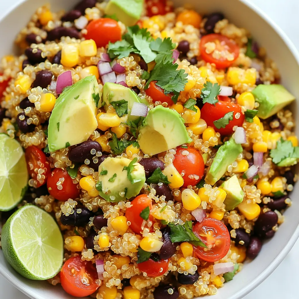 - 1 cup quinoa, rinsed - 2 cups vegetable broth or water - 1 can black beans, drained and rinsed - 1 cup corn (fresh, frozen, or canned) - 1 red bell pepper, diced - 1 avocado, diced - 1 cup cherry tomatoes, halved - 1/4 cup red onion, finely chopped - 1/4 cup fresh cilantro, chopped - Juice of 2 limes - 3 tablespoons olive oil - 1 teaspoon cumin - 1 teaspoon chili powder - Salt and pepper to taste You can add more flavors to your salad. Try these options: - Jalapeños for heat - Feta cheese for creaminess - Cucumber for crunch - Spinach for extra greens This salad is packed with good stuff. Here’s a quick look at what you get: - Calories: About 350 per serving - Protein: 10g - Fiber: 12g - Fat: 15g - Carbohydrates: 45g - Vitamins: A, C, and K from veggies This dish not only tastes great, but it also gives you energy and keeps you full. Enjoy making it your own! {{ingredient_image_1}} To start, rinse 1 cup of quinoa under cold water. This helps remove any bitter taste. In a medium saucepan, mix the rinsed quinoa with 2 cups of vegetable broth or water. Bring the mixture to a boil over high heat. Once it boils, reduce the heat and cover the pan. Let it simmer for about 15 minutes. The quinoa is ready when it absorbs all the liquid and becomes fluffy. Remove it from heat and let it cool for a bit. While the quinoa cools, grab a large mixing bowl. Add the following ingredients: - 1 can of black beans, drained and rinsed - 1 cup of corn (you can use fresh, frozen, or canned) - 1 diced red bell pepper - 1 diced avocado - 1 cup of halved cherry tomatoes - 1/4 cup of finely chopped red onion - 1/4 cup of chopped fresh cilantro Stir these ingredients together gently. This salad is colorful and full of flavor. In a small bowl, whisk together the dressing. Use the juice of 2 limes, 3 tablespoons of olive oil, 1 teaspoon of cumin, and 1 teaspoon of chili powder. Add salt and pepper to taste. This dressing brings all the flavors together. Once the quinoa has cooled, add it to the bowl with the salad ingredients. Pour the dressing over everything and toss gently. Make sure all the ingredients mix well. If you need to, adjust the seasoning with more salt or lime juice. Serve right away or chill it in the fridge for about 30 minutes. Chilling lets the flavors blend even more. Enjoy your delicious Southwest Quinoa Salad! To cook perfect quinoa, rinse it first. This helps remove bitter saponins. Use a 2:1 ratio of liquid to quinoa. I prefer vegetable broth for flavor. Bring the broth to a boil before adding the quinoa. After that, cover and lower the heat. Cook for about 15 minutes. When done, let it cool slightly. You want fluffy, not mushy quinoa. To boost flavor, add lime juice and fresh herbs. Cilantro adds freshness. Try different beans like pinto or kidney for variety. You can also mix in diced jalapeños for heat. Toasting the spices in olive oil before adding them enhances their taste. Additional toppings like feta cheese or nuts provide crunch and creaminess. Serve your Southwest Quinoa Salad in a large bowl. This makes it easy to share. You can also plate it individually for a stunning presentation. Garnish with extra cilantro and lime wedges. This adds color and flavor. Serve fresh or chill it for 30 minutes. Chilling helps the flavors meld together nicely. Pro Tips Use Fresh Ingredients: Whenever possible, opt for fresh vegetables and herbs to enhance the flavor and nutrition of your salad. Perfectly Cooked Quinoa: To ensure your quinoa is fluffy and not mushy, rinse it well before cooking and allow it to rest after cooking to steam. Spice It Up: Adjust the spices according to your taste preference; add more chili powder for extra heat or experiment with other spices for a unique flavor. Chill for Flavor: Allowing the salad to chill in the refrigerator for at least 30 minutes before serving helps the flavors meld beautifully. {{image_2}} To make your Southwest Quinoa Salad even heartier, consider adding protein. You can mix in grilled chicken, tofu, or shrimp. These options boost the dish and keep you full. For a plant-based option, try adding chickpeas or lentils. Both options provide protein and texture. You can also sprinkle some cheese, like feta or cotija, for extra flavor. If you love heat, add jalapeños or hot sauce to your salad. You can also increase the chili powder in the dressing. Start with a small amount, then taste. This method lets you find the perfect spice level for your taste. For a milder dish, skip the hot additions or use sweet bell peppers instead. This salad is naturally vegan and gluten-free. To keep it that way, ensure all your ingredients meet these needs. Use vegetable broth or water for cooking quinoa. Make sure your canned beans do not contain any gluten. If you want to add creaminess, try using vegan mayo or a cashew cream. This keeps the dish delicious and friendly for all diets. To store leftovers of Southwest Quinoa Salad, place it in an airtight container. Make sure to cool the salad to room temperature first. This helps keep the flavors fresh. Store it in the fridge for up to three days. If you notice any changes in smell or color, it’s best to toss it out. You can freeze this salad, but some ingredients may not taste great after thawing. For best results, freeze just the quinoa and beans. Place them in a freezer bag, and remove as much air as possible. You can store them for up to three months. When ready to eat, thaw in the fridge overnight and mix with fresh vegetables. To keep your salad fresh, avoid mixing the dressing until serving. This prevents the salad from getting soggy. Store the dressing in a separate jar. You can also add avocado just before serving to keep it green and tasty. If you have leftover dressing, it can last up to a week in the fridge. The best way to cook quinoa is to rinse it first. Rinsing removes any bitter taste. Then, use two cups of vegetable broth or water for every cup of quinoa. Bring it to a boil, then lower the heat and cover it. Let it simmer for about 15 minutes. When done, the quinoa should look fluffy and the liquid will be gone. Yes, you can make this salad ahead of time. In fact, letting it sit allows the flavors to mix well. Prepare the quinoa and the salad ingredients, then store them separately. Combine them just before serving. This keeps the avocado fresh and prevents it from browning. If you want alternatives to quinoa, consider using couscous or farro. Both have a nice texture and are easy to cook. You can also try bulgur wheat or brown rice. Each of these grains brings its own flavor and can add variety to your salad. Southwest Quinoa Salad can last in the fridge for about three to five days. Make sure to store it in an airtight container. If you notice any changes in smell or color, it's best to discard it. Enjoy this salad while it’s fresh for the best taste! This blog post covered everything you need to know about making a Southwest Quinoa Salad. You learned about the key ingredients, step-by-step instructions, and helpful tips to make it perfect. We explored tasty variations and how to store your salad for later use. Now, you have the tools to create a delicious, nutritious meal. Enjoy experimenting with different flavors and making this salad your own!