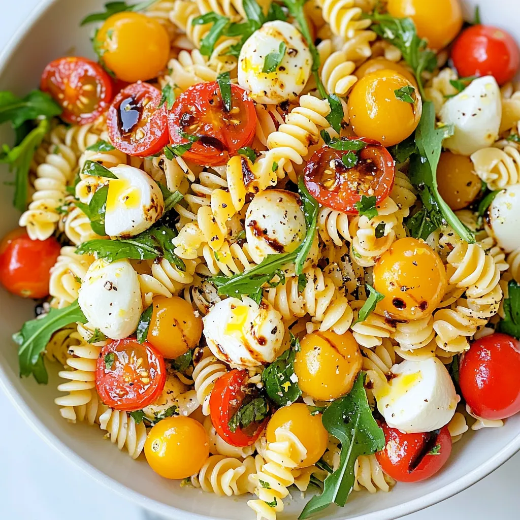To make Caprese Pasta Salad, gather these main ingredients: - 2 cups small pasta (like fusilli or penne) - 1 cup cherry tomatoes, halved - 1 cup mozzarella balls, halved - 1 cup fresh basil leaves, torn - ½ cup arugula These ingredients create a fresh, colorful salad. The pasta forms the base, while tomatoes and cheese add flavor. The basil gives it a bright taste. Arugula provides a nice peppery kick. For the dressing, you will need: - ¼ cup olive oil - 2 tablespoons balsamic glaze - 1 clove garlic, minced - Zest of 1 lemon This dressing brings all the flavors together. Olive oil adds richness. Balsamic glaze gives sweetness and acidity. Garlic adds depth, and lemon zest brightens every bite. Don’t forget the seasoning: - Salt and pepper to taste - Optional adjustments Salt and pepper enhance all the flavors. You can adjust to your taste. If you want more heat, try adding red pepper flakes. If you prefer a creamier dressing, mix in some yogurt or sour cream. {{ingredient_image_1}} First, you need to cook the small pasta. I like using fusilli or penne. Follow the package instructions. Usually, it takes about 8-10 minutes to reach al dente. Al dente means the pasta is firm but not hard. Once cooked, drain the pasta in a colander. Rinse it under cold water. This step stops the cooking and cools the pasta down. Set the pasta aside for later use. In a large bowl, combine the halved cherry tomatoes, mozzarella balls, torn basil leaves, and arugula. This mix adds bright colors and fresh flavors. Next, grab a small bowl to make the dressing. Whisk together olive oil, balsamic glaze, minced garlic, lemon zest, salt, and pepper. Whisk until it’s well combined. Adjust the taste as needed. Now, add the cooked pasta to the bowl with the salad ingredients. Pour the dressing over everything. Gently toss the pasta and salad until all ingredients mix well. For the best flavor, let the salad sit for 10-15 minutes at room temperature. This resting time allows the flavors to meld together nicely. Serve the salad chilled or at room temperature. You can add extra basil leaves on top if you like. Enjoy! To keep your pasta from sticking, rinse it with cold water. This helps separate the noodles. Use a large pot with plenty of water when cooking. Stir the pasta often during cooking. This prevents clumping and helps it cook evenly. For flavor, let the salad sit for 10-15 minutes. This allows the sauce to soak in. Taste it before serving. Adjust the salt, pepper, and lemon zest if needed. You can also add more balsamic glaze for a deeper taste. Garnish your salad with fresh basil leaves. This adds color and aroma. You can drizzle a bit of balsamic glaze on top for flair. Serve the salad chilled or at room temperature for the best taste. If you want to swap pasta, try gluten-free options like rice or quinoa pasta. You can also use whole wheat pasta for more fiber. For cheese, switch mozzarella with feta or goat cheese. For dietary needs, replace the dressing with a vinaigrette. You can also skip the cheese for a vegan option. Adding more veggies, like bell peppers or cucumbers, boosts nutrition and flavor. Pro Tips Cook Pasta Perfectly: Make sure to cook your pasta al dente, as it will continue to soften when mixed with the dressing. Use Fresh Ingredients: Fresh basil and ripe cherry tomatoes elevate the flavor of the salad, making it more vibrant. Chill Before Serving: Allowing the salad to sit at room temperature for a bit enhances the flavors; serving it chilled brings a refreshing touch. Experiment with Add-Ins: Feel free to add other ingredients like olives, grilled chicken, or avocado for a personalized twist! {{image_2}} You can change the vegetables based on the season. In summer, use fresh zucchini or bell peppers. In fall, try roasted butternut squash or sweet potatoes. This keeps your salad bright and fresh. Cheese options are also fun to explore. You can swap mozzarella for feta or goat cheese. Each choice adds a unique twist to the flavor. Want to make your Caprese Pasta Salad heartier? Add protein like grilled chicken or shrimp. This makes the dish more filling and satisfying. Herbs and spices can elevate the taste, too. Fresh oregano or thyme adds depth. A pinch of red pepper flakes gives it a spicy kick. For gluten-free eaters, look for gluten-free pasta. Options like chickpea or brown rice pasta work well. They still taste great and keep the salad light. If you want a vegan option, skip the cheese. Use avocado instead for a creamy texture. This keeps the salad delicious and plant-based. To keep your Caprese Pasta Salad fresh, store it in an airtight container. This helps to keep out air and moisture. Place the salad in the fridge right after serving. It stays fresh for about 3 to 5 days. Enjoying leftovers can be easy. You can serve the salad cold or at room temperature. If you want to warm it, use the microwave at low power. Heat it in short bursts and stir in between. This prevents the cheese from melting too much. You can freeze Caprese Pasta Salad, but it may change the texture. If you want to freeze it, leave out the fresh basil and tomatoes. These ingredients do not freeze well. Use a freezer-safe container and label it with the date. It can last for about 2 months in the freezer. When ready to eat, thaw it in the fridge overnight. Add fresh basil and tomatoes just before serving. I like to use small pasta shapes like fusilli or penne. These shapes hold the dressing and flavors well. They also pair nicely with the cherry tomatoes and mozzarella. You want a pasta that is fun to eat and easy to mix. You can keep Caprese Pasta Salad in the fridge for about three days. After that, the ingredients may lose freshness. Remember to store it in an airtight container. This helps keep it tasting great for longer. Yes, you can make it ahead of time! It tastes even better after sitting for a bit. Just prepare it a few hours before serving. This allows the flavors to blend nicely. If you make it too far in advance, the veggies may get soggy. To make Caprese Pasta Salad a complete meal, add protein. Grilled chicken, shrimp, or chickpeas work well. You can also mix in roasted vegetables for added nutrition. This makes the salad hearty and filling. Caprese Pasta Salad is not gluten-free by default. However, you can easily make it gluten-free. Just choose gluten-free pasta for your recipe. This way, anyone can enjoy this delicious dish! The Caprese Pasta Salad combines fresh ingredients and simple steps for a tasty dish. You learned how to cook pasta, prepare the salad, and make a flavorful dressing. I shared tips for presentation, ingredient swaps, and variations to match your tastes. Remember, this dish is flexible. You can adjust flavors and ingredients as you like. Enjoy making this salad your own while impressing your friends and family!