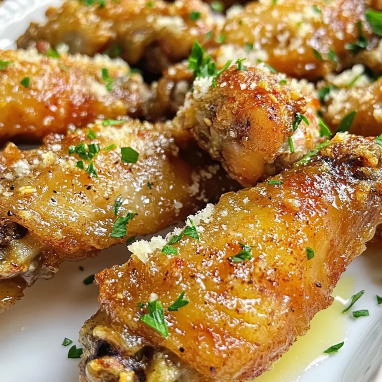 To make these tasty Garlic Parmesan Air Fryer Wings, you need: - 2 lbs chicken wings The marinade gives flavor to the wings. You will need: - 4 tablespoons olive oil - 4 cloves garlic, minced - 1 teaspoon garlic powder - 1 teaspoon onion powder - 1 teaspoon paprika - 1/2 teaspoon black pepper - 1 teaspoon salt Garnishes add a fresh touch. Use: - 1/2 cup grated Parmesan cheese - Fresh parsley, chopped (for garnish) Each ingredient plays a key role in creating crispy, flavorful wings. The garlic offers a bold taste, while the Parmesan gives a rich, cheesy finish. Don't skip the parsley; it brightens the dish. Make sure to gather everything before you start cooking for a smooth process. {{ingredient_image_1}} First, rinse your chicken wings under cold water. This step helps remove any residue. Pat them dry using paper towels. This keeps the wings crispy. Next, place the wings in a large mixing bowl. This bowl allows you to mix in the marinade easily. In a small bowl, mix four tablespoons of olive oil with four minced garlic cloves. Add one teaspoon each of garlic powder, onion powder, and paprika. Then, add half a teaspoon of black pepper and one teaspoon of salt. Whisk these ingredients together until you have a smooth mixture. Pour this marinade over the wings. Toss the wings well, ensuring they are fully coated. For the best flavor, let them marinate for at least 30 minutes. If you have time, marinate them overnight in the fridge. To start, preheat your air fryer to 380°F (193°C). Once heated, place the marinated wings in the basket. Make sure to lay them in a single layer. You may need to cook them in batches if your air fryer is small. Air fry the wings for 25 to 30 minutes. Halfway through cooking, shake the basket or flip the wings. This step ensures even cooking. When they are done, they should look golden brown and crispy. Remove the wings from the air fryer and toss them in a bowl with half a cup of grated Parmesan cheese. Make sure they are well-coated. Finally, transfer the wings to a serving platter and garnish with chopped fresh parsley for a pop of color. To get crispy wings, start with drying them well. Remove excess water with paper towels. This step helps the skin crisp up in the air fryer. Use enough olive oil to coat each wing. The oil helps with browning and adds flavor. Cook the wings in a single layer. Crowding them leads to soggy wings. Shake the basket or flip the wings halfway through cooking. This helps them cook evenly and stay crispy. For the best flavor, marinate the wings for at least 30 minutes. If you have more time, marinate them overnight. The longer they soak in the garlic and spices, the better they taste. Keep the wings in the fridge while they marinate. This keeps them fresh and safe to eat. If you don't have an air fryer, you can bake the wings in the oven. Preheat your oven to 400°F (204°C). Spread the wings on a baking sheet lined with parchment paper. Bake for 40-45 minutes, flipping them halfway through. This method also gives you crispy wings. Another option is frying them in oil on the stove. Heat oil in a pot and fry the wings until golden brown, about 10-12 minutes. Be careful with hot oil! Pro Tips Marinate for Maximum Flavor: Allowing the wings to marinate for at least 30 minutes enhances the flavor. For the best results, marinate them overnight in the refrigerator. Don’t Overcrowd the Basket: Air fry the wings in a single layer to ensure they cook evenly and become crispy. If necessary, cook them in batches. Check for Crispiness: The wings should be golden brown and crispy when done. Adjust cooking time based on your air fryer model, as some may cook faster or slower. Enhance with Extra Toppings: Before serving, consider adding a sprinkle of extra Parmesan and a drizzle of hot sauce for an extra flavor kick! {{image_2}} Want a kick? Add heat to your garlic Parmesan wings. Mix in 1-2 teaspoons of cayenne pepper or red pepper flakes. This spice pairs well with the garlic and cheese. You can also toss the wings in hot sauce after cooking. The result is a bold flavor that will excite your taste buds. For a fresh twist, try lemon herb garlic wings. Add the zest and juice of one lemon to the marinade. Mix in herbs like thyme or oregano for extra flavor. This brightens the dish and adds a refreshing taste. These wings are perfect for summer gatherings or any time you crave a light flavor. You can make a vegan version using cauliflower. Cut the cauliflower into bite-sized florets. Follow the same marinade recipe, then coat the florets. Air fry them at the same temperature for about 15-20 minutes. The result is a crunchy, tasty snack that everyone will enjoy. Whether you're vegan or not, these wings are a hit! After enjoying your garlic Parmesan air fryer wings, let them cool completely. Place the wings in an airtight container. Store them in the fridge for up to three days. Ensure the container seals tightly to keep the wings fresh and tasty. To reheat the wings, preheat your air fryer to 350°F (175°C). Place the wings in a single layer in the basket. Heat for about 5-7 minutes, shaking the basket halfway through. This will help keep them crispy. You can also use an oven set to 350°F (175°C) for about 10-15 minutes. If you want to save wings for later, freezing is easy. First, let the wings cool down. Next, arrange them in a single layer on a baking sheet. Freeze until solid, then transfer them to a freezer-safe bag. They can last up to three months in the freezer. When ready to eat, simply thaw in the fridge overnight and reheat as mentioned above. You should marinate the wings for at least 30 minutes. This helps the flavors soak into the chicken. For even better taste, marinate them overnight in the fridge. This extra time lets the garlic and spices work their magic. Set your air fryer to 380°F (193°C). This temperature cooks the wings perfectly. It gives them a nice golden color and crispy texture. Always preheat your air fryer before adding the wings. This ensures even cooking. Yes, you can use frozen wings. Just make sure to thaw them first. You can do this by placing them in the fridge overnight or using cold water. Once thawed, follow the same marinating and cooking steps. Adjust the cooking time if needed, as frozen wings may take a bit longer. You now know how to make delicious chicken wings. We covered ingredients like marinades and garnishes. I provided step-by-step instructions for preparing, marinating, and air frying the wings. Remember the tips for crispy wings and the different cooking methods. We explored tasty variations and how to store leftovers. Using these tips, your wings will shine at any gathering. Enjoy your cooking and impress your friends with your new skills!