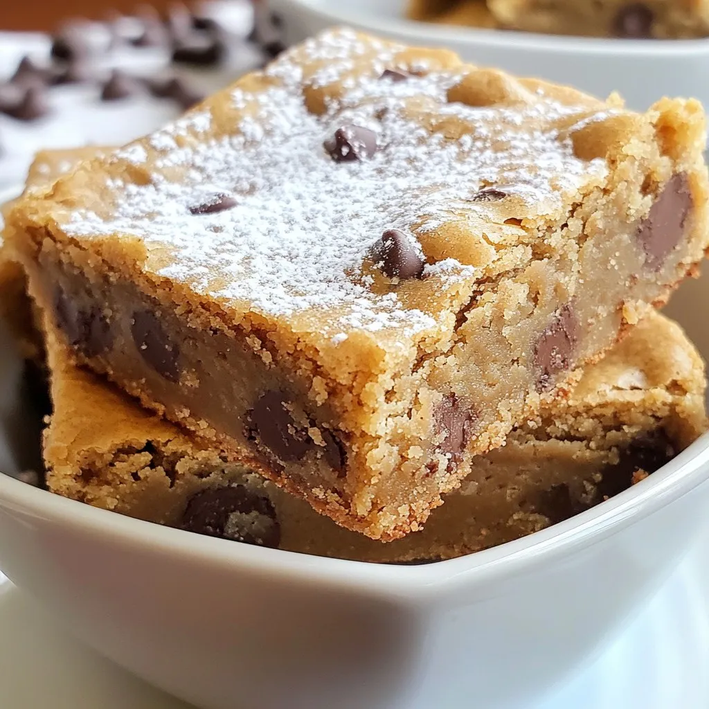 To make these peanut butter chocolate chip blondies, gather the following items: - 1 cup creamy peanut butter - 1/2 cup brown sugar - 1/4 cup granulated sugar - 1/2 cup unsalted butter, softened - 1 large egg - 1 teaspoon vanilla extract - 1 cup all-purpose flour - 1/2 teaspoon baking soda - 1/4 teaspoon salt - 1 cup semi-sweet chocolate chips Understanding measurement conversions can help you adjust the recipe. Here are some quick conversions: - 1 cup = 8 fluid ounces - 1/2 cup = 4 fluid ounces - 1/4 cup = 2 fluid ounces - 1 teaspoon = 5 milliliters - 1/2 teaspoon = 2.5 milliliters Using quality ingredients can enhance your blondies. Here are some brands I trust: - Peanut Butter: Jif or Skippy offer great creamy texture. - Brown Sugar: Domino is a solid choice for sweetness. - Unsalted Butter: Land O'Lakes provides rich flavor and quality. - Chocolate Chips: Ghirardelli semi-sweet chocolate chips are my favorite for a rich taste. These brands help make every bite of your blondies taste amazing. {{ingredient_image_1}} First, preheat your oven to 350°F (175°C). This temperature helps the blondies bake evenly. Grease a 9x9 inch baking pan. You can also line it with parchment paper. This step makes it easy to lift out the blondies later. In a large bowl, combine 1 cup of creamy peanut butter, 1/2 cup of brown sugar, and 1/4 cup of granulated sugar. Add 1/2 cup of softened unsalted butter to the bowl. Mix these ingredients until the mixture is smooth and creamy. Next, crack in 1 large egg and pour in 1 teaspoon of vanilla extract. Beat the mixture until everything is well combined. This creates a rich base for your blondies. In another bowl, whisk together 1 cup of all-purpose flour, 1/2 teaspoon of baking soda, and 1/4 teaspoon of salt. Slowly add this dry mix to the wet mix. Stir gently until just combined. Avoid over-mixing to keep the blondies soft. Finally, fold in 1 cup of semi-sweet chocolate chips. Make sure they are evenly spread in the batter. Pour the batter into your prepared pan and spread it with a spatula. Bake for 20-25 minutes. The edges should be golden and a toothpick should come out with a few moist crumbs. Cool in the pan for about 10-15 minutes, then lift them out to cool completely. Cut into squares and serve. Baking can be tricky, and mistakes can happen. Here are some common ones to watch out for: - Not measuring ingredients: Accurate measuring is key to great blondies. Use a kitchen scale for best results. - Overmixing the batter: Mix just until combined. Overmixing can make the blondies tough. - Not preheating the oven: Always preheat your oven. This helps the blondies bake evenly. - Skipping the parchment paper: Lining the pan with parchment paper makes it easier to lift out the blondies. Texture is everything in blondies. To get it just right: - Use room temperature ingredients: Softened butter and eggs mix better. This creates a smooth batter. - Do not overbake: Check for doneness around 20 minutes. A toothpick should come out with a few moist crumbs. - Let them cool: Cooling the blondies helps them set. It also makes cutting easier. You can take your blondies to the next level with these ideas: - Add nuts: Chopped walnuts or pecans add crunch and richness. - Use different chips: Try white chocolate or butterscotch chips for a fun twist. - Mix in spices: A pinch of cinnamon or nutmeg can add warmth and depth. - Drizzle with melted chocolate: A simple chocolate drizzle makes a pretty finish. Feel free to experiment with these tips to create your perfect blondies! Pro Tips Use Room Temperature Ingredients: Make sure your butter and egg are at room temperature to achieve a smooth and creamy batter. Don’t Overmix the Batter: Mix until just combined to keep the blondies soft and chewy; overmixing can make them tough. Check for Doneness: Insert a toothpick into the center; it should come out with a few moist crumbs for the perfect texture. Storage Tips: Store blondies in an airtight container at room temperature for up to a week for optimal freshness. {{image_2}} If you want gluten-free blondies, swap all-purpose flour for almond flour or a gluten-free blend. These options keep the texture soft and moist. Make sure to check labels for gluten-free certification. This small change makes the blondies safe for those with gluten allergies. You can easily change the flavors in your blondies. For a nutty crunch, add chopped walnuts or pecans. They add texture and taste. If you want a twist, use dark chocolate chips instead of semi-sweet. You can also try white chocolate chips for a sweeter treat. Mix and match to find your favorite combo! To make vegan blondies, use flax eggs instead of a large egg. Mix 1 tablespoon of ground flaxseed with 2.5 tablespoons of water. Let it sit for a few minutes until it thickens. Replace the butter with coconut oil or a vegan butter substitute. This keeps your blondies plant-based while still being delicious! To keep your peanut butter chocolate chip blondies fresh, store them in an airtight container. It helps to place a piece of parchment paper between layers. This keeps them from sticking together. Store the container at room temperature for up to three days. If you want them to last longer, consider refrigerating them. Just be sure to let them cool completely before sealing. Freezing blondies is easy and a great way to save them for later. First, cut the blondies into squares. Wrap each square in plastic wrap tightly. Then, place the wrapped blondies in a freezer-safe bag or container. This keeps them fresh for up to three months. When you’re ready to enjoy, thaw them in the fridge overnight or at room temperature for a few hours. Blondies can last up to three days at room temperature. In the fridge, they last about a week. After that, they may dry out or develop an off smell. Signs of spoilage include a hard texture or visible mold. If you notice any of these signs, it’s best to toss them. Always trust your senses when it comes to food safety! Blondies and brownies differ mainly in their base ingredients. Brownies have cocoa powder, giving them a rich chocolate flavor. Blondies lack cocoa, using brown sugar and butter instead. This creates a sweet, caramel-like taste. Texture is another key difference. Brownies are often fudgy, while blondies are chewy and cake-like. Both are delicious, but they offer unique flavors! You can use natural peanut butter, but there are a few things to note. Natural peanut butter has oil separation, which can affect the batter. Stir it well before use to mix the oils back in. The blondies may be less sweet, since natural peanut butter has less sugar. If you love the taste, go for it! To check if your blondies are done, look for golden edges. Insert a toothpick into the center. If it comes out with a few moist crumbs, they are ready. If it’s wet with batter, give them a few more minutes. Remember, they will continue to cook as they cool, so don’t overbake! You’ve learned about each key part for making delicious blondies. We covered ingredients, step-by-step instructions, and tips to avoid mistakes. You now know how to store blondies and their variations, too. Remember, baking is all about practice and fun. Don’t be afraid to try new flavors or adjust your method. Enjoy your blondie-making journey and share your tasty treats with others!