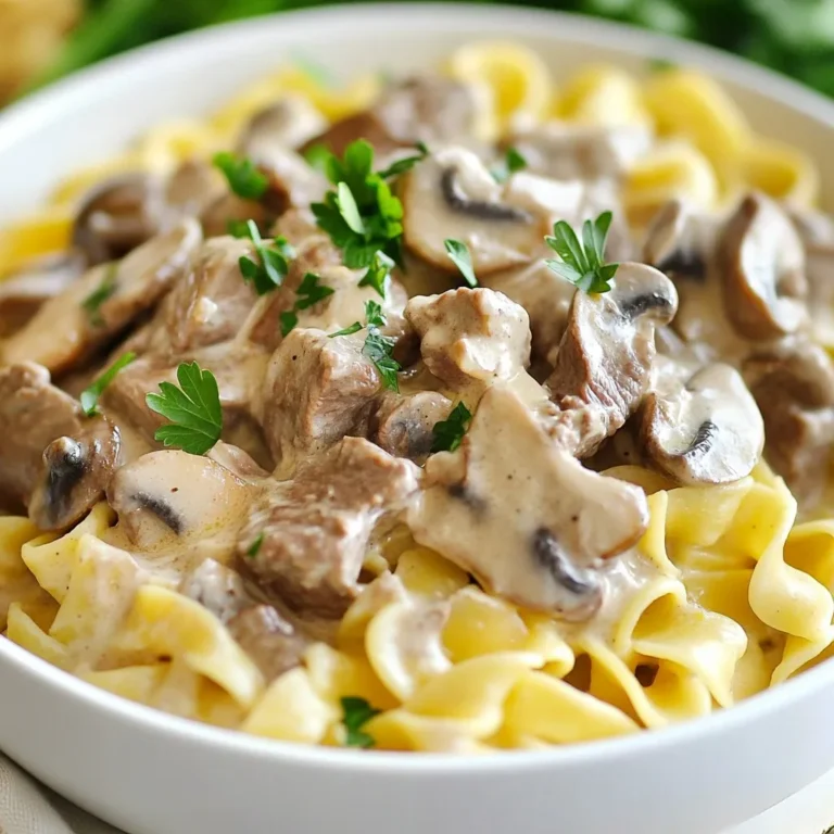 - 1 pound beef sirloin, thinly sliced - 1 tablespoon olive oil - 1 medium onion, finely chopped - 2 cloves garlic, minced - 8 ounces mushrooms, sliced - 4 cups beef broth - 1 teaspoon Worcestershire sauce - 2 teaspoons Dijon mustard - 8 ounces egg noodles - 1 cup sour cream - Salt and pepper to taste - Fresh parsley, chopped (for garnish) For this one-pot creamy beef stroganoff, you need simple but tasty ingredients. Start with beef sirloin, which gives a rich flavor. The olive oil helps cook the meat and veggies nicely. Onions and garlic add depth and aroma. Mushrooms bring a nice earthiness to the dish. Beef broth forms the base of the sauce, while Worcestershire sauce and Dijon mustard add a tangy kick. Egg noodles are the perfect pasta choice. They soak up the sauce well. Lastly, sour cream makes the dish creamy and smooth. Don’t forget to season with salt and pepper for balance. Fresh parsley on top not only looks great but adds a fresh taste. {{ingredient_image_1}} 1. Slicing beef sirloin Start by taking your beef sirloin. Use a sharp knife to slice it thin. This helps the beef cook fast and stay tender. 2. Chopping onion and garlic Next, grab a medium onion and chop it finely. Mince two cloves of garlic. These will add great flavor to your dish. 3. Slicing mushrooms Finally, slice eight ounces of mushrooms. They will add a nice texture and earthiness to the stroganoff. 1. Sautéing beef and setting aside Heat one tablespoon of olive oil in a large pot over medium-high heat. Add the sliced beef. Season it with salt and pepper. Sauté until browned for about 3-4 minutes. Once browned, remove the beef and set it aside. 2. Cooking onion, garlic, and mushrooms In the same pot, add the chopped onion and minced garlic. Sauté them for about 2-3 minutes until the onion looks translucent. Then, stir in the sliced mushrooms and cook for about 5 minutes. This step makes them soft and flavorful. 3. Adding beef broth, Worcestershire sauce, and Dijon mustard Now, pour in four cups of beef broth. Add one teaspoon of Worcestershire sauce and two teaspoons of Dijon mustard. Bring this mixture to a gentle boil. The broth will create a rich base for your stroganoff. 4. Incorporating egg noodles and simmering Add eight ounces of egg noodles to the pot. Stir to make sure they are fully submerged in the broth. Cover the pot and let it simmer for about 10-12 minutes. Stir occasionally to prevent sticking. The noodles should be cooked al dente. 5. Returning beef and adding sour cream Lower the heat and return the browned beef to the pot. Now, stir in one cup of sour cream until it blends well. Cook for an additional 2-3 minutes until everything is heated through. This gives your stroganoff its creamy texture. Enjoy your One-Pot Creamy Beef Stroganoff! - How to ensure beef is tender To keep beef tender, choose sirloin and slice it thin. Sear it quickly in hot oil. Don't overcook the beef. Remove it once it’s browned. This keeps it juicy and soft. - Best way to cook noodles Add the egg noodles to the broth when it boils. Stir them in to cover them with liquid. Cover the pot and let the noodles simmer. Cook them just until they are al dente. This way, they stay firm and soak up flavor. - Pairings that enhance the dish You can serve beef stroganoff with a side of steamed veggies. Green beans or peas work well. A simple green salad can also lighten the meal. For bread lovers, crusty bread is great for dipping. - Ideal toppings and garnishes Top your dish with fresh parsley for color and taste. A sprinkle of black pepper adds a nice kick. You can also use grated cheese for extra creaminess. These small touches make the dish look special and inviting. Pro Tips Choose the Right Cut: For a tender and flavorful stroganoff, use beef sirloin or tenderloin. Avoid tougher cuts that require longer cooking times. Make it Creamy: For extra creaminess, consider adding a splash of heavy cream along with the sour cream. This will enhance the richness of the sauce. Add Vegetables: Feel free to add more vegetables like bell peppers or peas for additional flavor and nutrition. Just sauté them along with the onions. Adjust Seasoning: Always taste your dish before serving. Adjust the seasoning with salt, pepper, or even a bit more Worcestershire sauce to suit your preference. {{image_2}} You can switch out the beef for other meats. Chicken or turkey works great too! Just slice them thin. Cook them the same way as the beef. This change makes the dish lighter while still tasty. If you want to lighten it even more, try cream substitutes. Greek yogurt or cashew cream can add creaminess. Both will change the flavor a bit, but they still taste good. Use them in the same amount as sour cream. Adding herbs and spices can make your stroganoff pop. Try fresh thyme or dill for a nice twist. A pinch of paprika adds warmth too. You can also sprinkle some black pepper for extra kick. Using different mushrooms can change the dish's flavor. Try shiitake or portobello mushrooms for a richer taste. They add depth and a nice texture. Just slice them up like regular mushrooms and add them when cooking. Store your creamy beef stroganoff in an airtight container. This helps keep it fresh. Place it in the fridge as soon as it cools down. It stays good for up to three days. After that, the cream can separate and the flavors change. If you want to keep it longer, try freezing it. It can last up to two months in the freezer. Just remember to label it with the date for easy tracking. When you reheat stroganoff, you want to keep it creamy. Avoid using the microwave if you can. Instead, heat it on the stove over low heat. Stir it often to help it warm evenly. If it seems too thick, add a splash of beef broth or water. This helps restore its creamy texture. You can also add a bit of sour cream at the end for extra richness. Can I make this dish in advance? Yes, you can prepare this dish ahead of time. Cook the stroganoff and store it in an airtight container. When you are ready to eat, just reheat it on the stove over low heat. Stir gently to keep it creamy. Is it possible to freeze beef stroganoff? Yes, you can freeze beef stroganoff. Allow it to cool completely before placing it in a freezer-safe container. It can last for up to three months in the freezer. To enjoy later, thaw it in the fridge overnight and heat it on the stove. Can I make this gluten-free? Yes, you can make this dish gluten-free. Use gluten-free egg noodles or rice as a substitute. Check the beef broth label to ensure it is gluten-free as well. What can I use instead of sour cream? If you need a substitute for sour cream, try Greek yogurt or cream cheese. Both will give a creamy texture. You can also use a dairy-free yogurt for a lighter version. This blog post covered the key ingredients and steps for making a delicious beef stroganoff. We explored how to prepare the beef, noodles, and flavorful sauce, ensuring the dish is creamy and comforting. Remember, you can make variations with other meats or modify flavors to your liking. Proper storage and reheating keep your leftovers tasty. Use these tips to impress at your next meal. Enjoy cooking and savor your beef stroganoff!