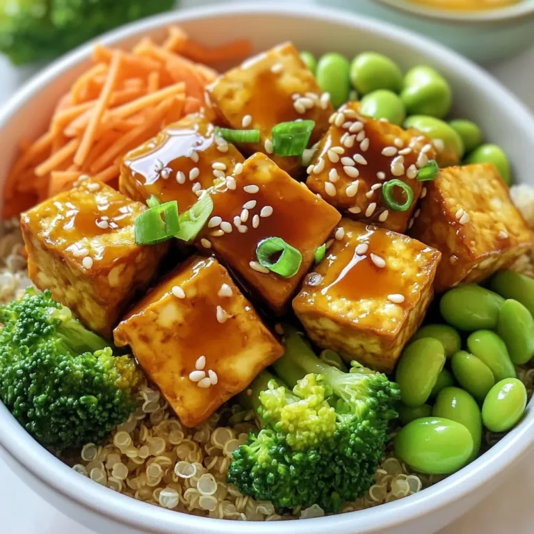 To create Teriyaki Tofu Power Bowls, you need a few key ingredients: - 1 block (14 oz) firm tofu, drained and pressed - 1/4 cup soy sauce (or tamari for gluten-free) - 2 tablespoons maple syrup - 1 tablespoon rice vinegar - 1 tablespoon sesame oil - 1 tablespoon cornstarch - 2 cups cooked quinoa or brown rice - 1 cup steamed broccoli florets - 1 cup shredded carrots - 1 cup edamame, shelled - 2 green onions, sliced - Sesame seeds for garnish - Sriracha for serving (optional) These ingredients combine to create a tasty and healthy meal. The firm tofu gives the dish a great texture. The quinoa or brown rice serves as a strong base. The veggies add freshness and crunch. You can customize your bowls with different toppings. Try adding: - Sliced avocado for creaminess - Cucumber for a refreshing crunch - Red cabbage for a pop of color - Peanuts or cashews for extra crunch These additions make the meal even more vibrant and fun. You can mix and match these toppings based on what you have or what you love. Not all tofu is created equal. For the best results, choose high-quality brands. Some trusted names include: - Nasoya - Wildwood - Mori-Nu These brands offer firm tofu that holds up well during cooking. Quality tofu makes a big difference in taste and texture. Always check for freshness and choose organic options when possible for a healthier meal. {{ingredient_image_1}} To start, you need to press the tofu. This step is key. Pressing removes extra moisture, which helps the tofu get crispy. Wrap the block of tofu in a clean kitchen towel. Place a heavy skillet on top. Let it sit for 10 to 15 minutes. After pressing, the tofu should feel firmer and drier. While the tofu presses, make the teriyaki sauce. In a small bowl, mix together the soy sauce, maple syrup, rice vinegar, and sesame oil. This sauce brings a sweet and savory flavor. Make sure to stir well until all the ingredients combine. It should smell amazing already! Now, it’s time to cook the tofu. Cut the pressed tofu into bite-sized cubes for easy eating. Toss these cubes in cornstarch. This step helps the tofu crisp up beautifully. Heat a small amount of oil in a large skillet over medium-high heat. Add the tofu cubes to the skillet. Cook each side for about 3 to 4 minutes. Look for a golden-brown color. This shows it is crispy and ready. Once the tofu is crispy, pour the teriyaki sauce over the tofu in the skillet. Stir to coat the tofu evenly. Let it cook for another 2 to 3 minutes. This allows the sauce to thicken slightly. Now, it's time to build your power bowl. Start with a layer of cooked quinoa or brown rice at the bottom of the bowl. Top with steamed broccoli, shredded carrots, and edamame. Finally, add the teriyaki tofu on top. Garnish with sliced green onions and sprinkle sesame seeds for a nice touch. If you like heat, serve with Sriracha on the side. Enjoy your colorful and tasty meal! Pressing tofu is key to a great texture. Start by wrapping the tofu block in a clean kitchen towel. Place a heavy skillet on top. Let it sit for 10-15 minutes. This step removes excess moisture and helps the tofu absorb flavors. Don't skip this! For perfect quinoa, use a 2:1 water-to-quinoa ratio. Rinse the quinoa before cooking to remove bitterness. Bring water to a boil, add the quinoa, cover, and simmer for 15 minutes. For brown rice, use a 2.5:1 water-to-rice ratio. Simmer for about 45 minutes. Let it sit after cooking to fluff it up. To achieve the right sauce thickness, cook it gently. Mix soy sauce, maple syrup, rice vinegar, and sesame oil in a bowl. When you add it to the tofu, let it simmer for 2-3 minutes. This helps the sauce thicken. If it's too thin, add a little more cornstarch mixed with water. This trick will give you a glossy, rich sauce that clings perfectly to the tofu. Pro Tips Press the Tofu Thoroughly: Ensure you press the tofu well to remove as much moisture as possible. This helps achieve a crispy texture when cooked. Customize the Sauce: Feel free to adjust the teriyaki sauce ingredients according to your taste. Add more maple syrup for sweetness or a splash of ginger for added flavor. Use Fresh Vegetables: For the best taste and nutrition, use fresh, seasonal vegetables in your power bowl. They add vibrant color and crunch. Meal Prep Friendly: This recipe is perfect for meal prep! Cook extra tofu and grains to have on hand for quick lunches or dinners throughout the week. {{image_2}} If you want to switch up the protein, there are great choices for vegetarians and vegans. You can use tempeh, which has a nutty flavor and firm texture. Seitan is another option; it mimics meat well and absorbs flavors nicely. For a lighter choice, consider chickpeas or lentils. Both add protein and fiber. In your Teriyaki Tofu Power Bowls, you can mix in various vegetables. Bell peppers add sweetness and crunch. Snap peas bring a fresh bite. Zucchini or mushrooms can also enhance the taste. Feel free to add kale or spinach for more greens. The mix of colors and textures will make the dish visually appealing and nutritious. To keep your meal gluten-free, choose tamari instead of soy sauce. This helps avoid gluten while keeping the flavor. Cornstarch is already gluten-free, so it works perfectly for the tofu. You can also use rice or quinoa as your base, both of which are gluten-free. Always check your ingredient labels to ensure they meet your dietary needs. To keep your Teriyaki Tofu Power Bowls fresh, store them in an airtight container. Let the dish cool to room temperature first. Once cooled, divide the bowls into serving sizes. Place them in the fridge for up to three days. This method keeps the flavors intact and prevents sogginess. When you are ready to eat, reheat the bowls gently. Use a microwave or a skillet. If using a microwave, heat in short bursts of 30 seconds. Stir between each burst for even heating. If using a skillet, add a splash of water to keep the tofu moist. Heat on low until warmed through. This keeps the tofu crispy and the veggies tender. If you want to save some bowls for later, freezing is an option. However, the texture of the tofu may change after freezing. To freeze, pack the bowls in airtight containers. Remove as much air as possible. You can freeze them for up to a month. To thaw, place them in the fridge overnight before reheating. This helps maintain flavor and quality. Soy sauce and tamari both add flavor to dishes, but they differ in ingredients. Soy sauce contains wheat, while tamari is usually gluten-free. Tamari has a richer taste and is thicker. If you want a gluten-free option, use tamari in your teriyaki sauce. Yes, you can use other proteins. Chicken, beef, or shrimp work well in this dish. Just adjust the cooking time based on the protein you choose. You can also try tempeh or seitan for a plant-based option. To add spice, use Sriracha or chili paste. You can mix it into the teriyaki sauce for a kick. Garnish with sliced jalapeños or add red pepper flakes for extra heat. Adjust the amount based on your heat preference. Teriyaki Tofu Power Bowls offer many health benefits. Tofu is high in protein and contains all nine essential amino acids. Quinoa or brown rice provides fiber and energy. The vegetables add vitamins, minerals, and antioxidants. This meal is balanced, tasty, and filling. In this post, we explored how to make Teriyaki Tofu Power Bowls. We covered the main and optional ingredients, like high-quality tofu brands. You learned step-by-step how to prepare tofu, make teriyaki sauce, and assemble the bowls. We shared tips for pressing tofu and cooking grains. We also discussed variations for dietary needs and how to store leftovers. Now, you can enjoy a delicious, healthy meal any time. This dish is not only tasty but also easy to make!