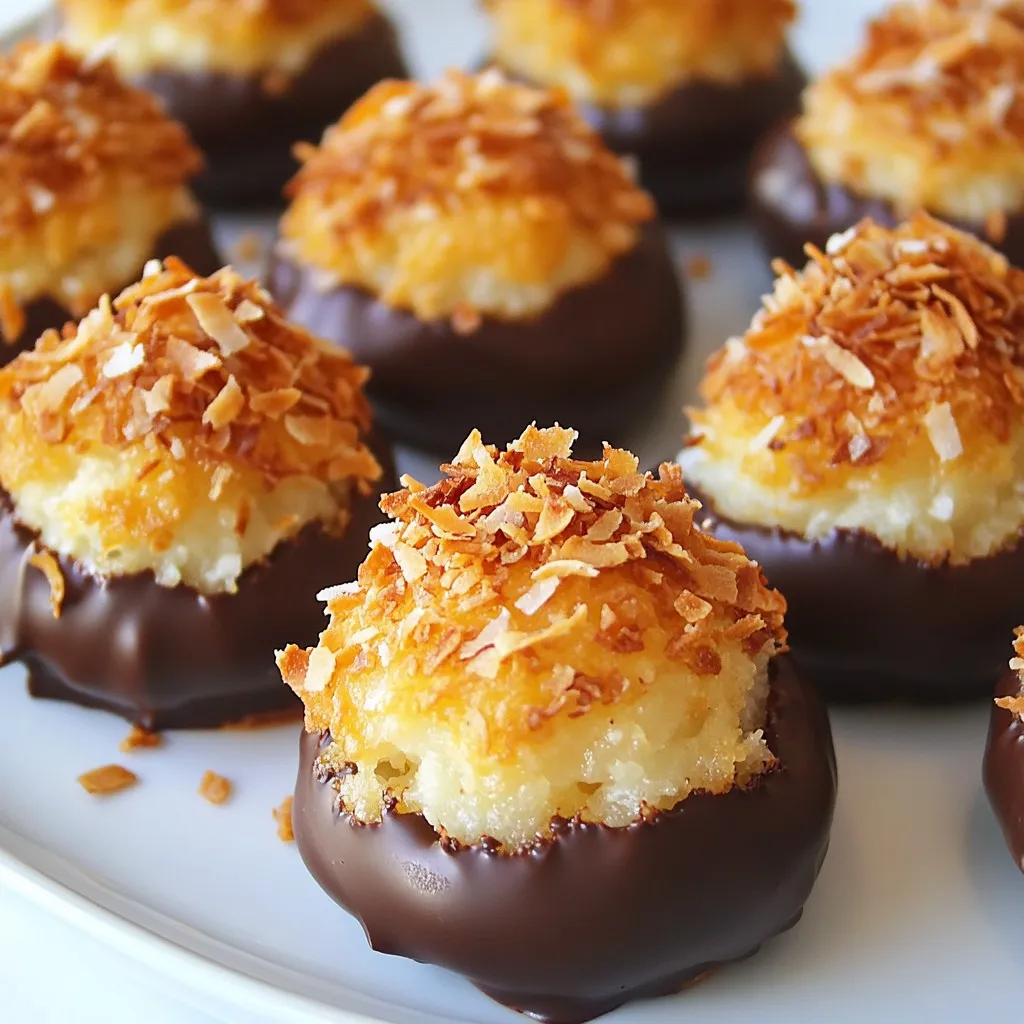 To make the best chocolate dipped coconut macaroons, you need a few simple items. Here’s the list of ingredients: - 3 cups shredded unsweetened coconut - 1 cup sweetened condensed milk - 1 teaspoon vanilla extract - 1/4 teaspoon almond extract - 1/4 teaspoon salt - 8 ounces semi-sweet chocolate chips - 1 tablespoon coconut oil Each ingredient plays a key role in the flavor and texture of your macaroons. The shredded coconut gives that delightful chew. Sweetened condensed milk adds sweetness and moisture. Vanilla and almond extracts enhance the flavor, while salt balances it all. For the chocolate coating, semi-sweet chocolate chips melt well and taste great. Coconut oil helps the chocolate stay smooth and shiny when melted. Make sure to use unsweetened coconut for the best results. Gather these items, and you’ll be ready to create a treat that everyone will love! {{ingredient_image_1}} First, preheat your oven to 325°F (163°C). This temperature is perfect for baking macaroons. While the oven heats, grab a baking sheet and line it with parchment paper. This step helps prevent sticking and makes clean-up easy. In a large bowl, mix together the shredded coconut and sweetened condensed milk. Stir until they blend well. Next, add the vanilla extract, almond extract, and salt. Mix again until everything is combined. The mixture should feel sticky and thick, which is just right. Now it's time to shape the macaroons. Use your hands to form small mounds, about 1.5 tablespoons each. Place them on the baking sheet, making sure to leave some space between each mound. Bake them for about 15 to 20 minutes. Keep an eye on them; you want the tops to turn golden brown. While the macaroons cool, melt the chocolate. In a microwave-safe bowl, add the semi-sweet chocolate chips and coconut oil. Heat them in 30-second intervals. Stir after each interval until the mixture is smooth. Be careful not to overheat the chocolate. Once the macaroons are cool, dip the bottom half of each one into the melted chocolate. Let the excess chocolate drip off. Place the dipped macaroons back on the parchment paper. To speed up the hardening, you can put them in the fridge for 10 to 15 minutes. Enjoy the sweet, chocolatey goodness! To get the best texture, use unsweetened coconut. It helps your macaroons stay moist and fluffy. Mix the coconut with sweetened condensed milk well. This step is key for a good blend. When forming the mounds, keep them small. About 1.5 tablespoons works best. This size ensures even baking and a nice bite. Watch the macaroons closely while they bake. Set a timer for 15 minutes. Check for a light golden color on top. If they start to brown too fast, lower the oven temperature by 10°F. This way, you keep them soft inside and avoid burning. Presentation can make your macaroons stand out. Arrange them on a pretty platter. For a fancy touch, sprinkle toasted coconut on top. You can also drizzle more melted chocolate over them. This adds a nice look and extra flavor. Pro Tips Use Fresh Coconut: For an even more tropical flavor, consider using fresh coconut instead of pre-packaged shredded coconut. It adds a delightful texture and taste! Chocolate Quality Matters: Opt for high-quality chocolate chips for dipping. The better the chocolate, the richer the flavor of your macaroons will be. Cool Completely: Ensure the macaroons are completely cooled before dipping them in chocolate. This helps the chocolate adhere better and prevents melting. Experiment with Flavors: Try adding different extracts or a pinch of sea salt on top of the chocolate for a gourmet touch. Almond, orange, or mint extracts can elevate the flavor profile! {{image_2}} You can make your macaroons even better with fun add-ins. Try mixing in some chopped nuts. Almonds, walnuts, or pecans work great. You can also add dried fruits like cranberries or apricots. These add a nice chew and a burst of flavor. Just make sure to keep the total amount of mix-ins around one cup. If you want to switch up the chocolate, you have choices! Dark chocolate gives a rich taste. White chocolate adds a sweet and creamy flavor. If you need a dairy-free option, use dairy-free chocolate chips. Just melt them the same way as semi-sweet chocolate. Each option changes the taste and look of your macaroons. You can have fun with the shapes and sizes of your macaroons. For bite-sized treats, make smaller mounds. They are perfect for parties or snacks. If you want a showstopper, form giant macaroons. Just remember to adjust the baking time, as larger ones may take longer to cook through. This way, your macaroons can fit any occasion! To keep your macaroons fresh, store them in an airtight container. Place parchment paper between layers to avoid sticking. Keep the container at room temperature for the best taste. If you live in a humid area, refrigeration helps. Just remember, cold air can change the texture. Freezing is a great option if you want to save some for later. First, let the macaroons cool completely. Then, place them in a single layer on a baking sheet. Freeze for about an hour. Once firm, transfer them to a freezer bag. Seal it tightly and label it. To thaw, take them out and let them sit at room temperature for about 30 minutes. Homemade macaroons last about 5 days at room temperature. In the fridge, they stay good for about a week. If frozen, they can last up to three months. Just remember that the sooner you eat them, the fresher they will taste. Yes, you can make these macaroons vegan. To do this, you need to replace the sweetened condensed milk. You can use a vegan sweetened condensed milk or make your own. Blend coconut milk with sugar until thick. This way, you keep the yummy taste while making it vegan. To keep your macaroons from falling apart, make sure you mix well. Use enough sweetened condensed milk to bind the coconut. When forming the mounds, press them tightly. This helps them hold their shape during baking. Baking them until golden brown also helps firm them up. To temper chocolate, use a double boiler. Heat the chocolate gently while stirring. You want it smooth but not too hot. Remove from heat and let it cool slightly. This gives you shiny chocolate. You can also use the microwave. Heat in short bursts, stirring often. You can buy Chocolate Dipped Coconut Macaroons at many grocery stores. Look for them in the bakery section. You can also find them at specialty shops or online. Check sites like Amazon or local bakeries. They often have fresh, tasty options. You now have a complete guide to making delicious coconut macaroons. From the simple ingredients to step-by-step baking instructions, you can create this treat with ease. Remember to focus on texture and presentation for the best results. Don’t hesitate to experiment with flavors and shapes. Enjoy these tasty bites fresh or stored for later. The joy of homemade treats can make any day special. So gather your ingredients and get started on your macaroons today!