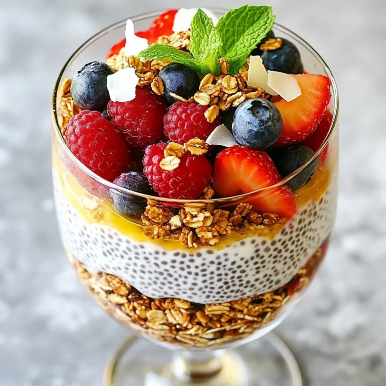 - 1 cup coconut milk (canned or carton) - 1/4 cup chia seeds - 2 tablespoons maple syrup (or honey) - 1 teaspoon vanilla extract - 1 cup mixed berries (strawberries, blueberries, raspberries) - 1/2 cup granola (your choice) - 1/4 cup shredded coconut (unsweetened) - Mint leaves (for garnish, optional) The main ingredients in this parfait create a creamy base and a sweet flavor. Coconut milk adds a rich taste, while chia seeds provide texture and nutrition. Maple syrup or honey sweetens the mix, and vanilla extract gives it a lovely aroma. For the additional ingredients, I use a mix of berries. Strawberries, blueberries, and raspberries add bright colors and flavors. Granola adds crunch, and shredded coconut gives a tropical touch. If you like, you can top it with mint leaves to make it look even nicer! These ingredients come together to create a simple, healthy treat that you can enjoy any time of the day. {{ingredient_image_1}} In a mixing bowl, combine these ingredients: - 1 cup coconut milk - 1/4 cup chia seeds - 2 tablespoons maple syrup - 1 teaspoon vanilla extract Whisk the mixture until it’s well mixed. The chia seeds will soak up the liquid and get thicker. Cover the bowl with plastic wrap. Place it in the fridge for at least 4 hours or, even better, overnight. This step is key. It lets the chia seeds expand and form a creamy pudding. Once your chia pudding is ready, grab your serving glasses. Start layering your parfait: 1. Add a layer of chia pudding at the bottom of each glass. 2. Top it with a layer of mixed berries. You can use strawberries, blueberries, or raspberries. 3. Next, sprinkle granola over the berries. 4. Finish with shredded coconut on top. Repeat these layers until your glasses are full. Top it all off with a generous amount of berries and a sprinkle of coconut. If you want, add fresh mint leaves for a pop of color and freshness. Enjoy your delicious Berry Coconut Chia Parfait! To make great chia pudding, you need to let it chill. This step helps the chia seeds absorb liquid. It takes time for them to swell and form a nice pudding texture. Aim for at least 4 hours in the fridge. For the best thickness, use a ratio of 1/4 cup chia seeds to 1 cup coconut milk. If you want a thicker pudding, add a bit more chia seeds. Layering your parfait is key for a stunning look. Start with chia pudding at the bottom. Then, add a layer of mixed berries on top. Next, sprinkle granola over the berries. This adds crunch and flavor. Finish with a layer of shredded coconut. Repeat the layers until your glass is full. Always end with a bright layer of berries. This makes your parfait pop! You might want to adjust the sweetness of your parfait. You can use maple syrup or honey. If you prefer a sweeter treat, add more syrup or honey to taste. Start with 2 tablespoons and adjust as needed. This way, you can make it just right for your taste buds. Pro Tips Chia Seed Soaking Time: For best results, let the chia seeds soak overnight. This will ensure a thicker pudding and better texture. Berry Freshness: Use fresh berries for a vibrant flavor and presentation. If using frozen berries, allow them to thaw and drain excess moisture before layering. Granola Choice: Choose a granola that complements the flavors of coconut and berries. Consider a nutty or fruity granola for added texture and taste. Layering Technique: When layering, alternate the ingredients evenly for a visually appealing parfait. This not only looks great but also ensures balanced flavors in each bite. {{image_2}} You can switch up the fruit in your parfait for a fun twist. Seasonal berries work great. Think strawberries, blueberries, and raspberries. They add color and taste. In summer, use peaches or cherries. In the fall, try apples or pears. You can mix and match fruits for different flavors. If you want a vegan option, try using agave syrup instead of honey. You can also use a low-calorie sweetener like stevia or monk fruit. For a lighter taste, nut milk is a great choice. Almond milk or cashew milk can replace coconut milk. These swaps keep your parfait healthy and tasty. Superfoods boost your parfait's nutrition. Add nuts like almonds or walnuts for crunch. Seeds like flaxseeds or hemp seeds can add healthy fats. For extra protein, try adding a scoop of your favorite protein powder. These additions not only enhance flavor but also make your treat more filling and beneficial. You can store your berry coconut chia parfait in the fridge for up to three days. Make sure the parfait is covered to keep it fresh. The chia pudding will stay tasty, and the berries will remain bright. To save time, you can prepare the chia pudding a day ahead. Mix the coconut milk, chia seeds, maple syrup, and vanilla extract in a bowl. Let it chill overnight. You can also wash and slice your berries ahead of time. Just keep them in the fridge until you're ready to layer. Use glass jars or airtight containers for storing your parfait. These containers keep the layers intact and prevent spills. They also help maintain the parfait's texture and flavor. Make sure the lids seal tightly to keep your treat fresh! Yes, you can use other types of milk. Almond milk, soy milk, or oat milk all work well. Each type adds its own flavor. Choose one that fits your taste or diet. If you want creaminess, try full-fat coconut milk. For a lighter option, use almond or oat milk. Chia pudding lasts about 5 days in the fridge. Store it in an airtight container. This keeps it fresh and tasty. If you see any signs of spoilage, like off smells or changes in texture, discard it. Chia pudding also gets thicker the longer it sits, so stir before serving. You can use honey as a sweetener. Agave nectar is another option. If you want a sugar-free choice, try stevia or monk fruit sweetener. Each sweetener has a unique taste, so pick one you enjoy. Adjust the amount based on how sweet you like it. This blog post covered how to create a delicious chia pudding parfait. We discussed the main and additional ingredients, like coconut milk and mixed berries. I guided you through each step, from mixing the ingredients to layering them beautifully. You learned tips for perfecting the pudding and even came across variations to fit your taste. Remember, chia pudding is simple to make, healthy, and fun to enjoy. Try different fruits or sweeteners to make it your own!