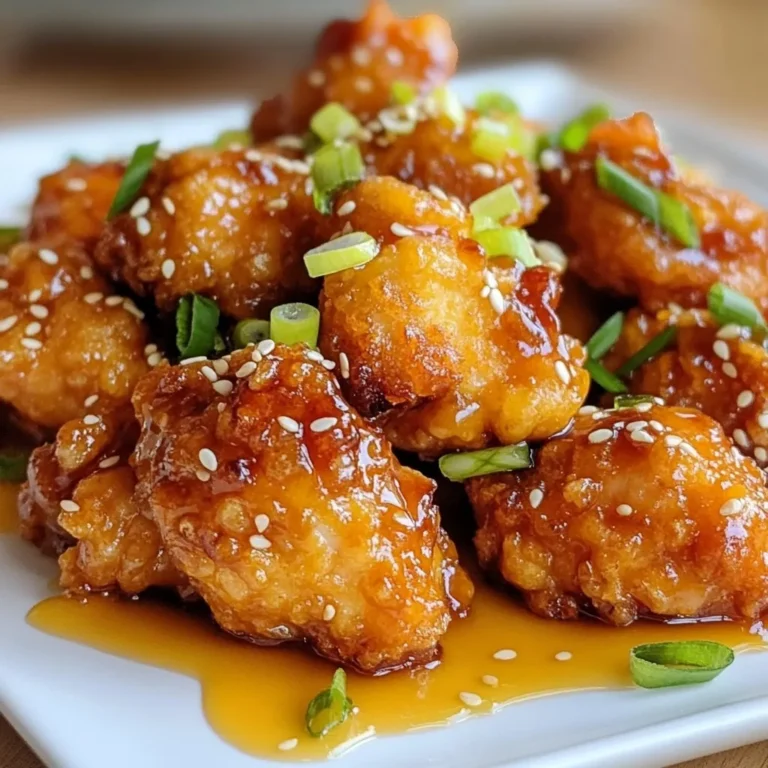 - 1 lb chicken thighs, boneless and skinless, cut into bite-sized pieces - 1 cup buttermilk - 1 cup honey - 1 cup all-purpose flour - 1/2 cup cornstarch - 1 teaspoon garlic powder - 1 teaspoon onion powder - 1/2 teaspoon paprika Gather these simple ingredients. The chicken thighs give a juicy base. Buttermilk tenderizes the meat, making it soft. Honey brings sweetness and a sticky glaze. The dry mix of flour and cornstarch creates a crunchy coat. Garlic and onion powder add rich flavor. Paprika gives a nice color and mild spice. With just these items, you can create a delightful dish. Each bite bursts with flavor and crunch. {{ingredient_image_1}} To start, you need to combine buttermilk and ginger. In a big bowl, mix 1 cup of buttermilk and 1 tablespoon of minced ginger. This mix gives the chicken a nice flavor and helps make it tender. Add a pinch of salt for extra taste. Next, place your 1 lb of chicken thighs, cut into bite-sized pieces, in the bowl. Make sure all the pieces are well coated. Cover the bowl and let it marinate in the fridge for at least 30 minutes. This time allows the chicken to soak up all the good flavors. Now, let’s make the coating. In a separate bowl, whisk together the dry ingredients. You will need 1 cup of all-purpose flour, 1/2 cup of cornstarch, 1 teaspoon of baking powder, 1 teaspoon each of garlic powder and onion powder, 1 teaspoon of salt, 1/2 teaspoon of black pepper, and 1/2 teaspoon of paprika. Mixing these well is key. The coating gives the chicken its crispy texture. Without a good coat, your chicken will not get that nice crunch. It's time to fry! Heat oil in a large skillet or wok. Make sure it’s about 2 inches deep. The oil should reach 350°F (175°C). To check the temperature, you can drop a small bit of batter in. If it sizzles, the oil is ready. Carefully add the marinated chicken in small batches. Fry them for about 5 to 7 minutes. Look for a golden-brown color. When done, use a slotted spoon to take out the chicken. Place it on a plate lined with paper towels to soak up any extra oil. This step is crucial for keeping the chicken crispy. To get that perfect crunch, follow these tips: - Proper frying techniques: Use a deep skillet or wok. Heat the oil to about 350°F (175°C). This helps the chicken fry quickly and evenly. Fry in small batches to avoid crowding the pan. Too much chicken at once will lower the oil temperature, making it soggy. - Importance of drying chicken pieces: After marinating, pat the chicken pieces dry with paper towels. This step removes excess moisture, allowing the coating to stick and crisp up nicely. A dry surface leads to a crunchier finish. Want to boost the taste of your crispy honey chicken? Here’s how: - Enhancing the marinade: Add more spices to the buttermilk. Try a splash of hot sauce or a sprinkle of black pepper. These little additions can elevate the flavor of your chicken. - Alternate seasonings: Experiment with different herbs and spices. Try adding cayenne pepper for heat or fresh herbs like thyme for a new twist. Each change gives a unique taste to your dish. The honey sauce is key to this recipe. Here are some tips: - Adjusting sweetness: If you prefer a less sweet sauce, add more soy sauce or rice vinegar. You can find the right balance according to your taste. - Tips on combining flavors: Stir the sauce over low heat to blend the flavors. Add minced garlic or chili flakes for a savory kick. This step ensures everything mixes well and tastes great when you coat the chicken. Pro Tips Marinate Longer for Tenderness: If time permits, marinate the chicken for a few hours or overnight. This will enhance the flavor and tenderness of the chicken, making it even more delicious. Double-Dip for Extra Crispiness: For an ultra-crispy coating, dip the floured chicken pieces back into the buttermilk and then coat them again in the flour mixture before frying. Temperature Check for Perfect Frying: Use a thermometer to ensure the oil is at 350°F (175°C) before frying. This ensures the chicken cooks evenly and achieves that perfect golden brown color. Adjust Sweetness to Taste: Feel free to adjust the amount of honey in the sauce according to your sweetness preference. You can also add a splash of chili sauce for a spicy kick! {{image_2}} You can switch up the protein in this dish. Feel free to use chicken breast if you prefer. If you want a different taste, try pork or shrimp. Both options work well with the honey sauce. For a vegan version, use tofu or tempeh. Press the tofu to remove water. Then, cut it into bite-sized cubes. Marinate just like the chicken. This gives you the same tasty crunch. To add some heat, mix in chili flakes or hot sauce with the honey sauce. This gives your dish a sweet and spicy kick. If you want fruity notes, try adding pineapple or mango. Just chop the fruit and toss it in with the chicken. This will brighten up the flavors. For sides, pair the chicken with jasmine rice or quinoa. You can also serve it alongside a fresh vegetable stir-fry. This adds color and crunch to your meal. When it comes to presentation, place the crispy honey chicken on a large platter. Garnish with green onions and sesame seeds for a pop of color. This makes it look as good as it tastes! To keep your crispy honey chicken fresh, store it in an airtight container. Place it in the fridge within two hours after cooking. This prevents bacteria growth and keeps the chicken safe to eat. - Refrigeration tips: Wrap the chicken tightly in plastic wrap or foil for added protection. This helps maintain its flavor and moisture. - Shelf life: Leftover chicken lasts about 3 to 4 days in the fridge. After that, it may lose quality and taste. When it's time to enjoy your leftovers, reheat them properly to keep that crispy texture. - Best methods for reheating: Use an oven or an air fryer. Preheat the oven to 375°F (190°C) and bake the chicken for about 10 to 15 minutes. In an air fryer, cook at 350°F (175°C) for around 5 to 7 minutes. - Keeping it crispy: Avoid using the microwave. It makes the chicken soggy. For the best results, cover the chicken loosely with foil while reheating to keep it warm without drying it out. If you want to save some chicken for later, freezing is a great option. - Can you freeze the chicken? Yes, you can freeze crispy honey chicken. Just make sure it is fully cooled before freezing. - Proper freezing techniques: Place the chicken in a freezer-safe bag or container. Try to remove as much air as possible to prevent freezer burn. Label the bag with the date. The chicken can stay good for up to 3 months in the freezer. You can make crispy honey chicken by baking or using an air fryer. - Baking method: Preheat your oven to 400°F (200°C). After coating your chicken, place it on a lined baking sheet. Bake for 20-25 minutes, flipping halfway through. This will give you a crispy texture without frying. - Air fryer options: Set your air fryer to 375°F (190°C). Arrange the chicken in a single layer. Cook for about 12-15 minutes, shaking the basket halfway. This method keeps it crispy and is quick. For the best flavor, marinate your chicken for at least 30 minutes. - Recommended marination time: If you want deeper flavor, marinate for 1 to 2 hours. - Effects of longer marination: Marinating longer can make the chicken more tender. However, too long can make it mushy. Aim for a balance to keep it juicy. Yes, different honey types can change the flavor. - Flavor variations with different honey types: Use clover honey for a mild taste. Wildflower honey has a stronger flavor. Orange blossom honey adds a citrus hint. - Health benefits of raw honey: Raw honey has more nutrients and antioxidants. It can help with digestion and has natural healing properties. Always choose high-quality honey for the best results. This blog post covered essential ingredients for crispy honey chicken, including chicken thighs, buttermilk, and honey. I shared step-by-step instructions for marinating, coating, and frying. Tips for achieving the perfect crispiness and flavor were offered, along with fun variations and storage tips. In short, enjoy making this dish your own. With simple steps and smart techniques, you can create something special at home. Happy cooking!