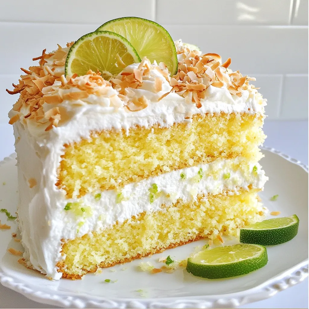 Here are the ingredients you need for a Coconut Lime Cake. Gather these items before you start. - 1 3/4 cups all-purpose flour - 1 cup granulated sugar - 1/2 cup unsweetened coconut flakes - 1/2 cup unsalted butter, softened - 2 large eggs - 1/2 cup coconut milk - Zest of 2 limes - 1/4 cup fresh lime juice - 1 tablespoon baking powder - 1/2 teaspoon salt - 1 teaspoon vanilla extract - For the frosting: - 1 cup unsweetened coconut cream - 2 cups powdered sugar - 1 teaspoon vanilla extract - Lime slices and toasted coconut for garnish Each ingredient plays a key role in making this cake taste amazing. The coconut flakes give it a nice texture. The lime zest and juice add a refreshing flavor. Using fresh ingredients makes a big difference. You can find most of these items at your local grocery store. {{ingredient_image_1}} 1. Preheat your oven to 350°F (175°C). Grease and flour a 9-inch round cake pan. 2. In a large bowl, cream together 1/2 cup of softened butter and 1 cup of granulated sugar until light and fluffy. 3. Add 2 large eggs, one at a time. Mix well after each addition. Stir in the zest from 2 limes and 1 teaspoon of vanilla extract. 1. In another bowl, whisk together 1 3/4 cups of all-purpose flour, 1 tablespoon of baking powder, and 1/2 teaspoon of salt. 2. Gradually add the dry mix to the wet mix. Alternate with 1/2 cup of coconut milk. Mix until just combined. 3. Gently fold in 1/2 cup of unsweetened coconut flakes and 1/4 cup of lime juice. Make sure everything blends well. 1. Pour the batter into the prepared cake pan. Smooth the top with a spatula. 2. Bake for 25-30 minutes. Check if it is done by inserting a toothpick into the center. It should come out clean. 3. Once baked, let the cake cool in the pan for about 10 minutes. Then transfer it to a wire rack to cool completely before frosting. - To ensure even baking, always preheat your oven to 350°F (175°C). - Use room temperature ingredients for a smooth batter. - Check for doneness by inserting a toothpick. If it comes out clean, the cake is ready. - Grease your cake pan with butter or oil, then sprinkle flour to prevent sticking. - For the best frosting, mix coconut cream and powdered sugar until fluffy. - Add vanilla extract for extra flavor and smoothness. - Use an offset spatula for even spreading on the cake. - Garnish with fresh lime slices and toasted coconut flakes for a pop of color. - Serve on a bright platter with lime wedges for a festive touch. - Pair with a tropical drink, like a mojito or a coconut smoothie, for a perfect treat. Pro Tips Use Fresh Limes: For the best flavor, always use fresh limes instead of bottled lime juice. Toast the Coconut: Toasting the coconut flakes before adding them to the frosting enhances their flavor and adds a lovely crunch. Check Doneness: To ensure the cake is perfectly baked, check for doneness a few minutes before the timer goes off. Cool Completely: Allow the cake to cool completely before frosting to prevent the frosting from melting. {{image_2}} You can change the taste of your Coconut Lime Cake by adding fruits. Mango or pineapple gives a fresh twist. Just chop the fruit into small pieces and fold them into the batter. This will add sweetness and a bit of tang. You can also try adding almond extract. A teaspoon of almond extract can bring a warm, nutty flavor. This pairs well with the coconut and lime. If you need a gluten-free cake, use a gluten-free flour mix. Make sure it has a good binding agent. This will help the cake rise well. For vegan options, swap the eggs with flaxseed meal. Mix one tablespoon of flaxseed meal with three tablespoons of water. Let it sit until it thickens. You can also use a dairy-free milk, like almond or soy milk, instead of coconut milk. For frosting, you can try cream cheese or whipped cream. These options add a rich flavor and creamy texture. To make it lighter, use whipped cream topped with coconut flakes. You can also skip traditional frosting and use fruit compotes. A fresh mango or berry compote can add a bright and fruity taste. This keeps it fresh and fun! To keep your Coconut Lime Cake fresh, wrap it well. Use plastic wrap or foil. Store the cake at room temperature if you will eat it within two days. If it has frosting, place it in a container to protect the icing. The icing can get soft if not covered. Want to freeze your cake? Here’s how: First, allow the cake to cool completely. Then, slice it into pieces. Wrap each slice in plastic wrap. Place the wrapped slices in a freezer-safe bag or container. You can freeze the cake for up to three months. When ready to eat, take a slice out and leave it in the fridge overnight to thaw. For the best texture, enjoy it at room temperature. When stored at room temperature, your cake lasts for about two days. After that, the texture may change. If you refrigerate the cake, it can last for about a week. However, refrigeration can make the cake drier and less fluffy. Keep this in mind when deciding how to store your Coconut Lime Cake. Can I substitute coconut milk with regular milk? Yes, you can use regular milk. The taste will change a bit. Coconut milk adds a rich flavor that regular milk lacks. If you want a stronger coconut taste, stick with coconut milk. How do I make a gluten-free version of this cake? To make it gluten-free, use a gluten-free flour blend. Look for one that has a good balance of starches. This will keep the cake light and fluffy. What can I use instead of unsweetened coconut flakes? If you don't have unsweetened coconut flakes, try using chopped nuts. Almonds or pecans work well for added texture. You can also use sweetened coconut, but it will make the cake sweeter. Why did my cake sink in the middle? Your cake might sink if it had too much liquid or wasn't mixed well. Also, opening the oven door too soon can cause it to sink. Make sure to mix the batter until just combined. How can I tell if my cake is done baking? To check if your cake is done, insert a toothpick into the center. If it comes out clean, the cake is ready. If there is batter on the toothpick, give it a few more minutes. What is the best way to serve Coconut Lime Cake? Serve the cake on a pretty platter. Add lime wedges and a sprig of mint for color. This makes it look fresh and inviting. Can this cake be made ahead of time? Yes, you can bake the cake a day ahead. Just wrap it well in plastic wrap. This keeps it fresh until you're ready to frost and serve. This blog post covered all you need for the perfect Coconut Lime Cake. We explored the ingredients, from coconut flakes to zesty lime juice, and detailed the steps for baking. I shared tips on frosting and presentation, plus variations for taste and diet. Remember, this cake can be a real showstopper for any occasion. Use these insights to make a delightful treat. Enjoy the process of baking and the joy it brings!