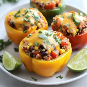 - 4 bell peppers (any color) - 1 cup quinoa, rinsed - 2 cups vegetable broth - 1 can (15 oz) black beans, rinsed and drained - 1 cup corn kernels (frozen or fresh) - 1 cup diced tomatoes (canned or fresh) - 1 teaspoon cumin - 1 teaspoon chili powder - ½ teaspoon garlic powder - ½ teaspoon onion powder - Salt and pepper to taste - 1 cup shredded cheddar cheese (or dairy-free cheese for a vegan option) - Fresh cilantro, for garnish - Lime wedges, for serving These ingredients create a perfect blend of flavors. The bell peppers serve as a colorful and nutritious base. Quinoa offers a great source of protein and fiber. Black beans add richness and heartiness, while corn brings a touch of sweetness. Spices like cumin and chili powder give the dish its Tex-Mex flair. Garlic and onion powder add depth, making each bite flavorful. You can adjust the salt and pepper for your taste. I like to use fresh cilantro for garnish. It adds a pop of color and a burst of freshness. Lime wedges bring acidity to the dish, which brightens the flavors. This ingredient list makes cooking easy and fun. You can find these items at your local grocery store. Using these simple ingredients, you will create a dish that is both satisfying and delicious. {{ingredient_image_1}} - First, preheat your oven to 375°F (190°C). This gets it ready for baking. - Next, cut the tops off the bell peppers. Remove the seeds and membranes. Place them cut-side up in a baking dish. - In a medium saucepan, bring 2 cups of vegetable broth to a boil. The broth adds nice flavor. - Add 1 cup of rinsed quinoa to the boiling broth. Reduce the heat to low, cover, and let it simmer for 15 minutes. The quinoa will absorb the broth and become fluffy. - In a large mixing bowl, combine the cooked quinoa with black beans, corn, diced tomatoes, cumin, chili powder, garlic powder, onion powder, salt, and pepper. - Mix all the ingredients well. This is where the flavor comes together. - Spoon the quinoa mixture into each bell pepper. Pack it down gently to fill them well. - Top each stuffed pepper with shredded cheddar cheese. This will melt and add richness. - Cover the baking dish with aluminum foil. Bake in the oven for 25 minutes. This helps steam the peppers. - After 25 minutes, remove the foil. Bake for another 10-15 minutes. The peppers should be tender, and the cheese will be melted and bubbly. Rinsing quinoa is key for a better texture. It removes the bitter coating called saponin. This step makes your quinoa taste fresh and light. Simply place the quinoa in a fine mesh strainer. Rinse it under cold water for a minute or two until the water runs clear. When choosing bell peppers, pick ones that are firm and shiny. They should feel heavy for their size. Any color works—red, yellow, green, or orange. Each adds a unique flavor and look. For a sweeter taste, go for red or yellow peppers. If you want a dairy-free option, use vegan cheese. Many brands now offer great alternatives. These can melt just like regular cheese. You can also try a mix of cheeses for more flavor. Consider pepper jack for spice or Monterey Jack for a mild taste. To add heat, include hot sauce or diced jalapeños in the filling. Start with a small amount, then taste. You can always add more if you like it spicy. Adjust the seasoning to your liking. This dish is all about making it your own. Don’t be afraid to play with flavors! Pro Tips Choose Colorful Peppers: Using a mix of red, yellow, and green bell peppers not only enhances the visual appeal of the dish but also adds a slight variation in flavor. Rinse Quinoa Thoroughly: Rinsing quinoa before cooking helps remove its natural coating, called saponin, which can impart a bitter taste. Customize the Spices: Feel free to adjust the spices according to your taste preferences. Adding a pinch of cayenne pepper can give it an extra kick! Make Ahead for Easy Meal Prep: These stuffed peppers can be made in advance and stored in the refrigerator. Simply reheat in the oven for a quick and nutritious meal. {{image_2}} You can easily make this dish more veggie-friendly. Substitute black beans for other beans like pinto or kidney beans. You can also swap quinoa for brown rice or farro. Adding extra vegetables is simple too. Try diced zucchini, chopped spinach, or even sweet potatoes. This will add more flavor and nutrition to your meal. If you want more protein, consider adding meat or tofu. Ground turkey or chicken works great. You can also use crumbled tofu for a plant-based option. For added protein, mix in some cooked lentils or chickpeas into your filling. These ingredients will keep your stuffed peppers filling and satisfying. To change the flavor, you can switch up the herbs. Fresh cilantro adds a nice touch, but try parsley or green onions for a different taste. You can also use spices to enhance the dish. Adding smoked paprika or cayenne pepper will give it a kick. Using different spice blends can help you discover unique flavors in your stuffed peppers. To store leftovers, let the stuffed peppers cool first. Place them in an airtight container. This keeps them fresh for up to four days in the fridge. When you want to reheat, preheat your oven to 350°F (175°C). Place the peppers on a baking dish. Cover them with foil to keep moisture in. Bake for about 15-20 minutes, or until hot. You can also use a microwave. Heat them in a microwave-safe dish for 2-3 minutes. Make sure to check that they are warm all the way through. You can freeze stuffed peppers before or after baking. If you freeze them before baking, prepare your peppers and fill them as usual. Wrap each pepper tightly in plastic wrap, then place them in a freezer bag. They can last for up to three months. If you bake the peppers first, let them cool completely. Then, wrap them and freeze in a similar way. When you are ready to eat, it’s best to thaw them in the fridge overnight. For quick thawing, use the microwave on the defrost setting. After thawing, reheat them in the oven at 350°F (175°C) for about 20-25 minutes. Ensure they are heated through and the cheese is melted. Enjoy your Tex-Mex quinoa stuffed peppers any day! Look for a bright color and slight wrinkling. The peppers will also soften. You can poke them with a fork. If they feel tender, they are ready. Yes, you can prep these stuffed peppers a day before. Prepare the filling and stuff the peppers. Store them covered in the fridge. Bake them the next day. This saves time and keeps them fresh. These peppers pair well with a fresh salad or rice. You can also serve them with guacamole or salsa. These sides add flavor and texture to your meal. To make this dish vegan, use dairy-free cheese. You can also skip the cheese if you prefer. Check all labels to avoid animal products. This keeps the dish plant-based and tasty. This recipe for Tex-Mex quinoa stuffed peppers combines colorful ingredients for a tasty dish. You learned how to prepare, stuff, and bake bell peppers. Plus, we explored ways to adjust flavors and add protein. Remember, cooking should be fun and simple. You can easily make this dish your own by swapping ingredients. Whether you enjoy it fresh or as leftovers, stuffed peppers can be your next go-to meal. Enjoy experimenting!