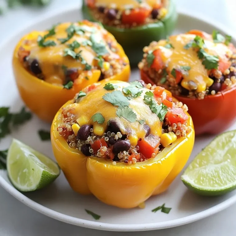 - 4 bell peppers (any color) - 1 cup quinoa, rinsed - 2 cups vegetable broth - 1 can (15 oz) black beans, rinsed and drained - 1 cup corn kernels (frozen or fresh) - 1 cup diced tomatoes (canned or fresh) - 1 teaspoon cumin - 1 teaspoon chili powder - ½ teaspoon garlic powder - ½ teaspoon onion powder - Salt and pepper to taste - 1 cup shredded cheddar cheese (or dairy-free cheese for a vegan option) - Fresh cilantro, for garnish - Lime wedges, for serving These ingredients create a perfect blend of flavors. The bell peppers serve as a colorful and nutritious base. Quinoa offers a great source of protein and fiber. Black beans add richness and heartiness, while corn brings a touch of sweetness. Spices like cumin and chili powder give the dish its Tex-Mex flair. Garlic and onion powder add depth, making each bite flavorful. You can adjust the salt and pepper for your taste. I like to use fresh cilantro for garnish. It adds a pop of color and a burst of freshness. Lime wedges bring acidity to the dish, which brightens the flavors. This ingredient list makes cooking easy and fun. You can find these items at your local grocery store. Using these simple ingredients, you will create a dish that is both satisfying and delicious. {{ingredient_image_1}} - First, preheat your oven to 375°F (190°C). This gets it ready for baking. - Next, cut the tops off the bell peppers. Remove the seeds and membranes. Place them cut-side up in a baking dish. - In a medium saucepan, bring 2 cups of vegetable broth to a boil. The broth adds nice flavor. - Add 1 cup of rinsed quinoa to the boiling broth. Reduce the heat to low, cover, and let it simmer for 15 minutes. The quinoa will absorb the broth and become fluffy. - In a large mixing bowl, combine the cooked quinoa with black beans, corn, diced tomatoes, cumin, chili powder, garlic powder, onion powder, salt, and pepper. - Mix all the ingredients well. This is where the flavor comes together. - Spoon the quinoa mixture into each bell pepper. Pack it down gently to fill them well. - Top each stuffed pepper with shredded cheddar cheese. This will melt and add richness. - Cover the baking dish with aluminum foil. Bake in the oven for 25 minutes. This helps steam the peppers. - After 25 minutes, remove the foil. Bake for another 10-15 minutes. The peppers should be tender, and the cheese will be melted and bubbly. Rinsing quinoa is key for a better texture. It removes the bitter coating called saponin. This step makes your quinoa taste fresh and light. Simply place the quinoa in a fine mesh strainer. Rinse it under cold water for a minute or two until the water runs clear. When choosing bell peppers, pick ones that are firm and shiny. They should feel heavy for their size. Any color works—red, yellow, green, or orange. Each adds a unique flavor and look. For a sweeter taste, go for red or yellow peppers. If you want a dairy-free option, use vegan cheese. Many brands now offer great alternatives. These can melt just like regular cheese. You can also try a mix of cheeses for more flavor. Consider pepper jack for spice or Monterey Jack for a mild taste. To add heat, include hot sauce or diced jalapeños in the filling. Start with a small amount, then taste. You can always add more if you like it spicy. Adjust the seasoning to your liking. This dish is all about making it your own. Don’t be afraid to play with flavors! Pro Tips Choose Colorful Peppers: Using a mix of red, yellow, and green bell peppers not only enhances the visual appeal of the dish but also adds a slight variation in flavor. Rinse Quinoa Thoroughly: Rinsing quinoa before cooking helps remove its natural coating, called saponin, which can impart a bitter taste. Customize the Spices: Feel free to adjust the spices according to your taste preferences. Adding a pinch of cayenne pepper can give it an extra kick! Make Ahead for Easy Meal Prep: These stuffed peppers can be made in advance and stored in the refrigerator. Simply reheat in the oven for a quick and nutritious meal. {{image_2}} You can easily make this dish more veggie-friendly. Substitute black beans for other beans like pinto or kidney beans. You can also swap quinoa for brown rice or farro. Adding extra vegetables is simple too. Try diced zucchini, chopped spinach, or even sweet potatoes. This will add more flavor and nutrition to your meal. If you want more protein, consider adding meat or tofu. Ground turkey or chicken works great. You can also use crumbled tofu for a plant-based option. For added protein, mix in some cooked lentils or chickpeas into your filling. These ingredients will keep your stuffed peppers filling and satisfying. To change the flavor, you can switch up the herbs. Fresh cilantro adds a nice touch, but try parsley or green onions for a different taste. You can also use spices to enhance the dish. Adding smoked paprika or cayenne pepper will give it a kick. Using different spice blends can help you discover unique flavors in your stuffed peppers. To store leftovers, let the stuffed peppers cool first. Place them in an airtight container. This keeps them fresh for up to four days in the fridge. When you want to reheat, preheat your oven to 350°F (175°C). Place the peppers on a baking dish. Cover them with foil to keep moisture in. Bake for about 15-20 minutes, or until hot. You can also use a microwave. Heat them in a microwave-safe dish for 2-3 minutes. Make sure to check that they are warm all the way through. You can freeze stuffed peppers before or after baking. If you freeze them before baking, prepare your peppers and fill them as usual. Wrap each pepper tightly in plastic wrap, then place them in a freezer bag. They can last for up to three months. If you bake the peppers first, let them cool completely. Then, wrap them and freeze in a similar way. When you are ready to eat, it’s best to thaw them in the fridge overnight. For quick thawing, use the microwave on the defrost setting. After thawing, reheat them in the oven at 350°F (175°C) for about 20-25 minutes. Ensure they are heated through and the cheese is melted. Enjoy your Tex-Mex quinoa stuffed peppers any day! Look for a bright color and slight wrinkling. The peppers will also soften. You can poke them with a fork. If they feel tender, they are ready. Yes, you can prep these stuffed peppers a day before. Prepare the filling and stuff the peppers. Store them covered in the fridge. Bake them the next day. This saves time and keeps them fresh. These peppers pair well with a fresh salad or rice. You can also serve them with guacamole or salsa. These sides add flavor and texture to your meal. To make this dish vegan, use dairy-free cheese. You can also skip the cheese if you prefer. Check all labels to avoid animal products. This keeps the dish plant-based and tasty. This recipe for Tex-Mex quinoa stuffed peppers combines colorful ingredients for a tasty dish. You learned how to prepare, stuff, and bake bell peppers. Plus, we explored ways to adjust flavors and add protein. Remember, cooking should be fun and simple. You can easily make this dish your own by swapping ingredients. Whether you enjoy it fresh or as leftovers, stuffed peppers can be your next go-to meal. Enjoy experimenting!