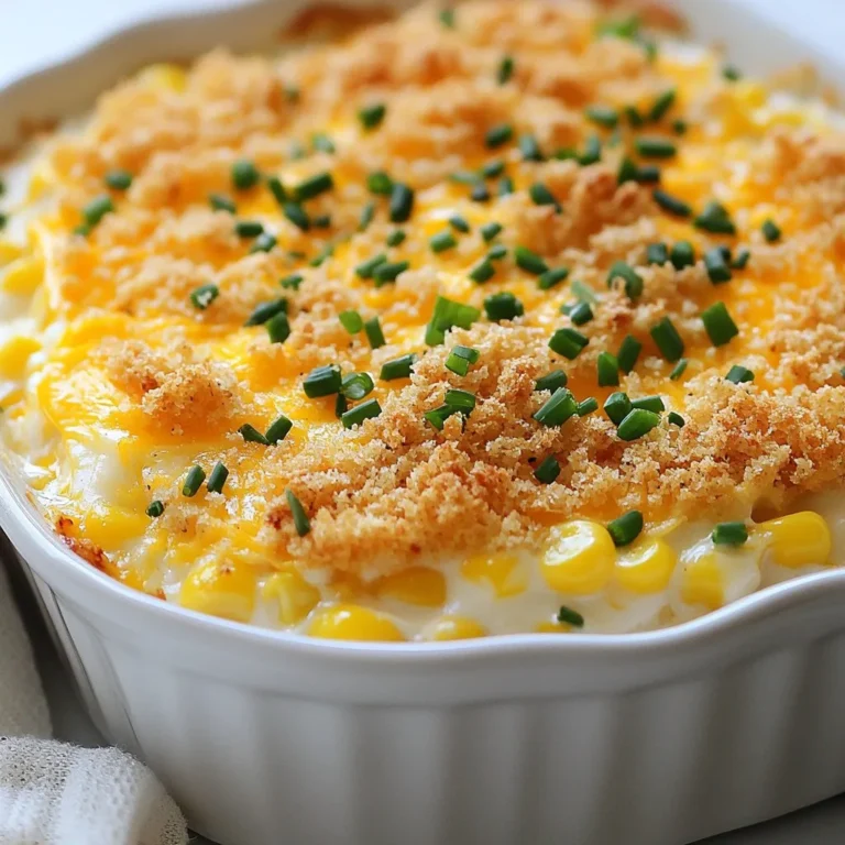 To make a great creamed corn casserole, you need some simple items. Here’s a list of key ingredients: - 2 cups fresh or frozen corn kernels - 1 cup heavy cream - 1 cup milk - 1/2 cup sharp cheddar cheese, shredded - 1/2 cup cream cheese, softened - 2 large eggs - 1/4 cup sugar - 1 teaspoon baking powder - 1/2 teaspoon garlic powder - 1/2 teaspoon onion powder - Salt and pepper to taste - 1/2 cup breadcrumbs - 2 tablespoons melted butter - Fresh chives for garnish (optional) These ingredients blend well to create a creamy, tasty dish that everyone loves. You can use either fresh or frozen corn for this recipe. Fresh corn gives a sweet, crisp taste. If you use fresh corn, make sure to cut it off the cob. Frozen corn is just as good. It is quick and easy, and you don't have to cook it first. Both types work well, so pick what you like best. Heavy cream and milk add richness to the casserole. Heavy cream gives a thick, creamy texture. It makes the dish extra smooth. Milk balances the thickness and keeps it light. You can use whole milk for a richer flavor or low-fat milk for a lighter option. Both will work well in this recipe. {{ingredient_image_1}} First, you want to get your baking dish ready. I like using a 9x9-inch dish. Grease it well. This helps the casserole come out easily. Set it aside while you mix the other ingredients. In a large bowl, combine the corn kernels, heavy cream, and milk. Use a spoon to stir it all together. Make sure the corn is coated well. This mixture gives the casserole its rich and creamy base. Now, take another bowl and add the softened cream cheese. Beat it with a mixer until it’s smooth. Then, add the eggs, sugar, baking powder, garlic powder, onion powder, salt, and pepper. Mix this well until there are no lumps. Fold this mixture gently into the corn mix. Be careful not to overmix. You want a nice blend of flavors. Finally, stir in the cheddar cheese, saving some for the top. To keep your casserole from being watery, use fresh corn or well-drained frozen corn. If you use frozen corn, let it thaw and squeeze out extra moisture. Another great tip is to add a bit more cheese or breadcrumbs. This helps absorb any liquid. The cream and eggs also thicken the dish as it bakes. Make sure to preheat your oven to a steady 350°F. This ensures even cooking throughout the casserole. Place your dish in the center of the oven for the best heat distribution. Using a glass or ceramic dish helps with even baking. Check the casserole a few minutes before the timer goes off. It should be golden and firm in the center. I love using sharp cheddar cheese for its strong flavor. It pairs well with the sweet corn. You can also try pepper jack for a spicy kick. If you're feeling adventurous, mix in some crumbled feta or creamy goat cheese. These cheeses add depth and a unique twist to your dish. Always reserve a bit of cheese to sprinkle on top for a tasty crust. Pro Tips Use Fresh Corn: For the best flavor and texture, opt for fresh corn when it's in season. If using frozen, ensure it's good quality and thawed before use. Experiment with Cheeses: While sharp cheddar gives a great flavor, feel free to mix in other cheeses like Monterey Jack or Gruyère for a unique twist. Adjust the Sweetness: Depending on your preference, you can reduce the sugar or replace it with honey or maple syrup for a different sweetness profile. Let it Rest: Allow the casserole to sit for a few minutes after baking. This helps it to set better, making it easier to serve. {{image_2}} You can boost this dish by adding protein. Chicken or bacon works great. Cook the chicken first and chop it into small pieces. Stir it in with the corn mix. For bacon, cook until crispy, then crumble it. Mix it in or sprinkle on top before baking. Both options add flavor and make it even more filling. If you want a vegetarian twist, try adding peppers or spinach. Dice sweet bell peppers and fold them into the corn mix. They add color and a nice crunch. Spinach is another great choice. Use fresh or frozen spinach. Just be sure to drain it well before mixing. This not only adds nutrients but also enhances the dish's taste. For a gluten-free option, swap regular breadcrumbs for gluten-free ones. You can also use crushed rice cereal or corn flakes. Both give a nice crunch. Just mix them with melted butter and sprinkle on top as you would with regular breadcrumbs. This keeps the texture while making the dish suitable for gluten-free diets. To store leftover creamed corn casserole, let it cool first. Then, place it in an airtight container. This keeps it fresh for up to three days in the fridge. Label the container with the date. This way, you know when to use it. For longer storage, you can freeze the casserole. Cut it into individual portions. Wrap each piece tightly in plastic wrap, then place it in a freezer bag. Make sure to remove as much air as possible. This helps prevent freezer burn. You can freeze it for up to three months. When you’re ready to eat the casserole, reheat it carefully. For best results, use the oven. Preheat it to 350°F (175°C). Place the casserole in an oven-safe dish, cover with foil, and heat for about 20 minutes. This keeps the casserole moist. If using a microwave, heat in short bursts. Stir in between to avoid hot spots. Enjoy your delicious dish! Yes, you can prepare Creamed Corn Casserole in advance. Mix the ingredients and place them in your baking dish. Cover it with plastic wrap and store it in the fridge for up to 24 hours. When you're ready to bake, take it out and let it sit for about 30 minutes to reach room temperature. Then, bake as directed. This makes it perfect for busy days or holiday meals. Creamed Corn Casserole pairs well with many dishes. Here are some tasty options: - Grilled chicken or turkey - Barbecued ribs - Roasted vegetables - A fresh green salad - Mashed potatoes These sides enhance your meal and create a colorful plate. Yes, you can make some swaps for a healthier dish. Here are a few ideas: - Use low-fat milk instead of whole milk - Replace heavy cream with unsweetened almond milk - Try Greek yogurt instead of cream cheese - Use less sugar or a sugar substitute These changes can help reduce calories while still keeping the dish creamy and delicious. Creamed Corn Casserole offers a tasty mix of flavors and textures. We explored key ingredients like fresh corn, cream, and cheese. You learned the step-by-step process for making it and tips for a perfect bake. We also discussed fun variations, from adding proteins to gluten-free options. Finally, I shared how to store and reheat your casserole. This dish is simple, rewarding, and can fit any meal. Enjoy your cooking adventure and make it your own!