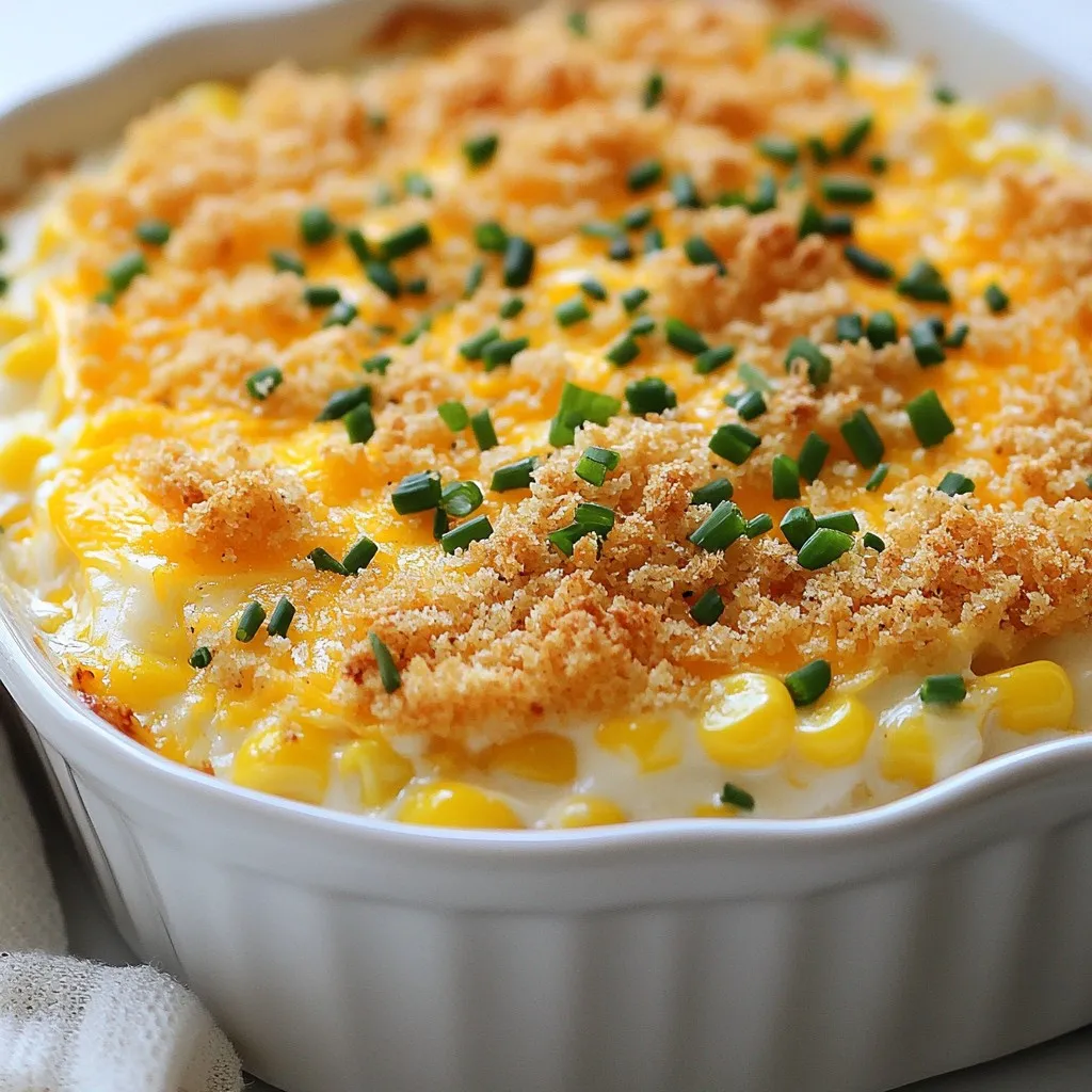 To make a great creamed corn casserole, you need some simple items. Here’s a list of key ingredients: - 2 cups fresh or frozen corn kernels - 1 cup heavy cream - 1 cup milk - 1/2 cup sharp cheddar cheese, shredded - 1/2 cup cream cheese, softened - 2 large eggs - 1/4 cup sugar - 1 teaspoon baking powder - 1/2 teaspoon garlic powder - 1/2 teaspoon onion powder - Salt and pepper to taste - 1/2 cup breadcrumbs - 2 tablespoons melted butter - Fresh chives for garnish (optional) These ingredients blend well to create a creamy, tasty dish that everyone loves. You can use either fresh or frozen corn for this recipe. Fresh corn gives a sweet, crisp taste. If you use fresh corn, make sure to cut it off the cob. Frozen corn is just as good. It is quick and easy, and you don't have to cook it first. Both types work well, so pick what you like best. Heavy cream and milk add richness to the casserole. Heavy cream gives a thick, creamy texture. It makes the dish extra smooth. Milk balances the thickness and keeps it light. You can use whole milk for a richer flavor or low-fat milk for a lighter option. Both will work well in this recipe. {{ingredient_image_1}} First, you want to get your baking dish ready. I like using a 9x9-inch dish. Grease it well. This helps the casserole come out easily. Set it aside while you mix the other ingredients. In a large bowl, combine the corn kernels, heavy cream, and milk. Use a spoon to stir it all together. Make sure the corn is coated well. This mixture gives the casserole its rich and creamy base. Now, take another bowl and add the softened cream cheese. Beat it with a mixer until it’s smooth. Then, add the eggs, sugar, baking powder, garlic powder, onion powder, salt, and pepper. Mix this well until there are no lumps. Fold this mixture gently into the corn mix. Be careful not to overmix. You want a nice blend of flavors. Finally, stir in the cheddar cheese, saving some for the top. To keep your casserole from being watery, use fresh corn or well-drained frozen corn. If you use frozen corn, let it thaw and squeeze out extra moisture. Another great tip is to add a bit more cheese or breadcrumbs. This helps absorb any liquid. The cream and eggs also thicken the dish as it bakes. Make sure to preheat your oven to a steady 350°F. This ensures even cooking throughout the casserole. Place your dish in the center of the oven for the best heat distribution. Using a glass or ceramic dish helps with even baking. Check the casserole a few minutes before the timer goes off. It should be golden and firm in the center. I love using sharp cheddar cheese for its strong flavor. It pairs well with the sweet corn. You can also try pepper jack for a spicy kick. If you're feeling adventurous, mix in some crumbled feta or creamy goat cheese. These cheeses add depth and a unique twist to your dish. Always reserve a bit of cheese to sprinkle on top for a tasty crust. Pro Tips Use Fresh Corn: For the best flavor and texture, opt for fresh corn when it's in season. If using frozen, ensure it's good quality and thawed before use. Experiment with Cheeses: While sharp cheddar gives a great flavor, feel free to mix in other cheeses like Monterey Jack or Gruyère for a unique twist. Adjust the Sweetness: Depending on your preference, you can reduce the sugar or replace it with honey or maple syrup for a different sweetness profile. Let it Rest: Allow the casserole to sit for a few minutes after baking. This helps it to set better, making it easier to serve. {{image_2}} You can boost this dish by adding protein. Chicken or bacon works great. Cook the chicken first and chop it into small pieces. Stir it in with the corn mix. For bacon, cook until crispy, then crumble it. Mix it in or sprinkle on top before baking. Both options add flavor and make it even more filling. If you want a vegetarian twist, try adding peppers or spinach. Dice sweet bell peppers and fold them into the corn mix. They add color and a nice crunch. Spinach is another great choice. Use fresh or frozen spinach. Just be sure to drain it well before mixing. This not only adds nutrients but also enhances the dish's taste. For a gluten-free option, swap regular breadcrumbs for gluten-free ones. You can also use crushed rice cereal or corn flakes. Both give a nice crunch. Just mix them with melted butter and sprinkle on top as you would with regular breadcrumbs. This keeps the texture while making the dish suitable for gluten-free diets. To store leftover creamed corn casserole, let it cool first. Then, place it in an airtight container. This keeps it fresh for up to three days in the fridge. Label the container with the date. This way, you know when to use it. For longer storage, you can freeze the casserole. Cut it into individual portions. Wrap each piece tightly in plastic wrap, then place it in a freezer bag. Make sure to remove as much air as possible. This helps prevent freezer burn. You can freeze it for up to three months. When you’re ready to eat the casserole, reheat it carefully. For best results, use the oven. Preheat it to 350°F (175°C). Place the casserole in an oven-safe dish, cover with foil, and heat for about 20 minutes. This keeps the casserole moist. If using a microwave, heat in short bursts. Stir in between to avoid hot spots. Enjoy your delicious dish! Yes, you can prepare Creamed Corn Casserole in advance. Mix the ingredients and place them in your baking dish. Cover it with plastic wrap and store it in the fridge for up to 24 hours. When you're ready to bake, take it out and let it sit for about 30 minutes to reach room temperature. Then, bake as directed. This makes it perfect for busy days or holiday meals. Creamed Corn Casserole pairs well with many dishes. Here are some tasty options: - Grilled chicken or turkey - Barbecued ribs - Roasted vegetables - A fresh green salad - Mashed potatoes These sides enhance your meal and create a colorful plate. Yes, you can make some swaps for a healthier dish. Here are a few ideas: - Use low-fat milk instead of whole milk - Replace heavy cream with unsweetened almond milk - Try Greek yogurt instead of cream cheese - Use less sugar or a sugar substitute These changes can help reduce calories while still keeping the dish creamy and delicious. Creamed Corn Casserole offers a tasty mix of flavors and textures. We explored key ingredients like fresh corn, cream, and cheese. You learned the step-by-step process for making it and tips for a perfect bake. We also discussed fun variations, from adding proteins to gluten-free options. Finally, I shared how to store and reheat your casserole. This dish is simple, rewarding, and can fit any meal. Enjoy your cooking adventure and make it your own!