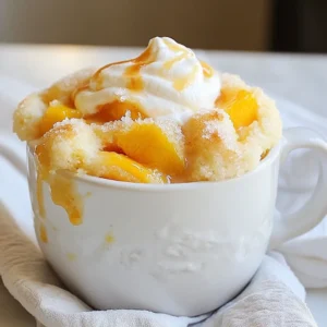 You can use fresh or canned peaches for this mug cake. I love fresh peaches when they are in season. They add a bright, juicy flavor. If you use canned peaches, make sure to drain them well. Diced peaches should measure about half a cup. This gives your cake a nice fruity taste. For the dry mix, you'll need a few simple items: - 1/4 cup all-purpose flour - 1/4 teaspoon baking powder - 1/4 teaspoon cinnamon - 2 tablespoons brown sugar These ingredients help the cake rise and add sweetness. The cinnamon adds warmth and a cozy flavor to the cake. Now, let’s look at the wet ingredients. You'll need: - 1/4 cup milk - 1 tablespoon vegetable oil - 1/2 teaspoon vanilla extract These liquids help bind everything together. The milk makes the cake soft, while the oil keeps it moist. The vanilla adds a lovely aroma and sweet taste. Together, these ingredients create a simple yet tasty treat that is quick to make and hard to resist! {{ingredient_image_1}} Start by taking your fresh peaches or canned peaches. If using fresh ones, wash and dice them into small pieces. For canned peaches, make sure to drain them well. Place the diced peaches in a microwave-safe mug. Add one tablespoon of brown sugar and mix. This step helps the peaches release their sweet juices. Let them sit for about five minutes. This process is called macerating. It makes the peaches even sweeter and tastier. In a separate bowl, take a quarter cup of all-purpose flour. Add a quarter teaspoon of baking powder, a quarter teaspoon of cinnamon, and the remaining tablespoon of brown sugar. Whisk these dry ingredients together well. This mix forms the base of your cake. Make sure they are combined evenly. This ensures your mug cake will rise properly when cooked. Now, it’s time for the wet ingredients. Pour in a quarter cup of milk, one tablespoon of vegetable oil, and half a teaspoon of vanilla extract. Stir this mixture until it's just combined. Be careful not to overmix, as this can make the cake tough. Gently fold in the macerated peaches. Make sure they are evenly spread throughout the batter. Pour the batter into a larger microwave-safe mug or bowl. This prevents overflow while cooking. Sprinkle one tablespoon of granulated sugar on top of the batter. This will create a lovely caramelized crust. Microwave your mug cake on high for one minute and thirty seconds. Check if it's done by inserting a toothpick in the center. If it comes out clean, your cake is ready. If not, microwave for an extra ten to fifteen seconds. Let it cool slightly before serving. You can add whipped cream or a scoop of vanilla ice cream for extra delight! To get a soft and fluffy mug cake, don’t overmix your batter. Mix just until you see no dry flour. This keeps your cake light. Choose a larger mug to let the cake rise without spilling. Microwaves vary, so check it after 1 minute and 30 seconds. If a toothpick comes out clean, it’s ready. If you like your dessert sweeter, add more brown sugar. You can also use honey or maple syrup. Taste the batter before you cook it. Just a little sweetness can make a big difference. If you want less sugar, cut back on the brown sugar. The peaches bring natural sweetness too. Top your mug cake with whipped cream or vanilla ice cream for extra creaminess. A sprinkle of cinnamon or nutmeg can add warmth. Fresh mint leaves give a nice touch too. Try crushed nuts for crunch or a drizzle of caramel sauce for indulgence. You can mix and match to find your favorite flavor! Pro Tips Use Ripe Peaches: Choose ripe peaches for the best flavor. They should be slightly soft to the touch and fragrant. Don’t Overmix: When combining the wet and dry ingredients, mix until just combined. Overmixing can lead to a tough mug cake. Adjust Cooking Time: Microwave power can vary, so keep an eye on your mug cake. Add time in small increments if needed. Experiment with Toppings: Try adding nuts, chocolate chips, or a drizzle of honey for added flavor and texture. {{image_2}} You can switch up the fruit in this mug cake. Try using fresh or canned apples, blueberries, or cherries. Just chop the fruit to match the size of peaches. Each fruit gives a new taste. Apples add a crisp bite, while blueberries burst with juice. Experiment and find your favorite mix. You can easily make this mug cake gluten-free. Swap all-purpose flour with almond flour or gluten-free flour. Almond flour gives a nutty flavor, while gluten-free flour works well in most recipes. Just check the package for a 1:1 swap. Your cake will still be soft and tasty. Adding spices can elevate your mug cake. Try a pinch of nutmeg for warmth or a few drops of almond extract for a sweet note. Cinnamon is already in the recipe, but you can increase it if you love the flavor. These simple tweaks make your cake special and unique. You might have some mug cake left over. If so, let it cool to room temperature first. Then, cover the mug with plastic wrap or transfer the cake to an airtight container. Store it in the fridge for up to two days. The cake will stay moist, but the texture may change a bit. To reheat your peach cobbler mug cake, place it in the microwave. Heat it for about 10 to 15 seconds. Check if it’s warm enough. If not, heat it in short bursts. Avoid overheating to keep it from getting dry. You can add a little whipped cream or ice cream on top to freshen it up. If you want to save this treat for later, freezing is a good choice. First, let the mug cake cool completely. Then, wrap it tightly in plastic wrap. Place it in a freezer-safe bag or container. It can stay in the freezer for up to a month. When you’re ready to enjoy it, thaw it in the fridge overnight. Reheat as mentioned above, and savor your peachy delight! Yes, you can use frozen peaches in this recipe. Just thaw and drain them first. This helps to avoid excess moisture in your mug cake. Cut them into small pieces so they mix well with the batter. Frozen peaches may be softer than fresh ones. This can add a nice texture to your cake. This recipe yields one serving. It’s perfect for when you want a quick treat. If you need more, simply double the ingredients and use more mugs. Each mug cake cooks the same way, so you can enjoy one alone or share with a friend. If your mug cake overflows, you likely used a small mug. To avoid this, use a larger mug or bowl. If it does overflow, clean the microwave promptly to avoid sticky spots. You can also reduce the batter slightly to fit your mug better. It's all about finding the right size for perfect cooking. In this blog post, we explored how to make a tasty peach mug cake. We covered fresh and canned peaches, followed simple steps, and shared tips for the best texture. I shared ways to change the flavor with fruits and ingredients while providing storage tips for leftovers. Mug cakes are fun, quick, and tasty. Enjoy experimenting with this recipe. You can make it your own!