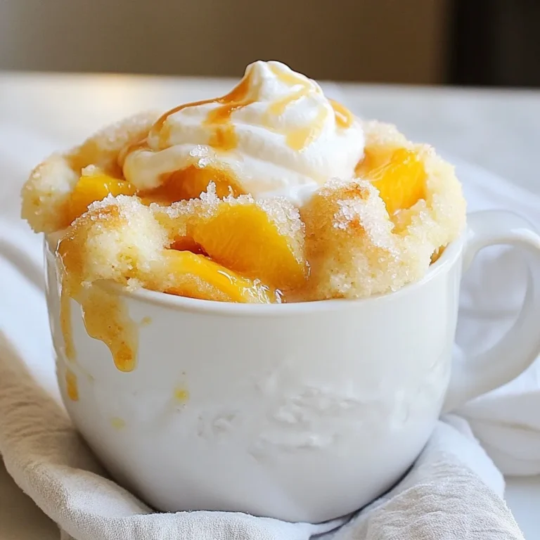 You can use fresh or canned peaches for this mug cake. I love fresh peaches when they are in season. They add a bright, juicy flavor. If you use canned peaches, make sure to drain them well. Diced peaches should measure about half a cup. This gives your cake a nice fruity taste. For the dry mix, you'll need a few simple items: - 1/4 cup all-purpose flour - 1/4 teaspoon baking powder - 1/4 teaspoon cinnamon - 2 tablespoons brown sugar These ingredients help the cake rise and add sweetness. The cinnamon adds warmth and a cozy flavor to the cake. Now, let’s look at the wet ingredients. You'll need: - 1/4 cup milk - 1 tablespoon vegetable oil - 1/2 teaspoon vanilla extract These liquids help bind everything together. The milk makes the cake soft, while the oil keeps it moist. The vanilla adds a lovely aroma and sweet taste. Together, these ingredients create a simple yet tasty treat that is quick to make and hard to resist! {{ingredient_image_1}} Start by taking your fresh peaches or canned peaches. If using fresh ones, wash and dice them into small pieces. For canned peaches, make sure to drain them well. Place the diced peaches in a microwave-safe mug. Add one tablespoon of brown sugar and mix. This step helps the peaches release their sweet juices. Let them sit for about five minutes. This process is called macerating. It makes the peaches even sweeter and tastier. In a separate bowl, take a quarter cup of all-purpose flour. Add a quarter teaspoon of baking powder, a quarter teaspoon of cinnamon, and the remaining tablespoon of brown sugar. Whisk these dry ingredients together well. This mix forms the base of your cake. Make sure they are combined evenly. This ensures your mug cake will rise properly when cooked. Now, it’s time for the wet ingredients. Pour in a quarter cup of milk, one tablespoon of vegetable oil, and half a teaspoon of vanilla extract. Stir this mixture until it's just combined. Be careful not to overmix, as this can make the cake tough. Gently fold in the macerated peaches. Make sure they are evenly spread throughout the batter. Pour the batter into a larger microwave-safe mug or bowl. This prevents overflow while cooking. Sprinkle one tablespoon of granulated sugar on top of the batter. This will create a lovely caramelized crust. Microwave your mug cake on high for one minute and thirty seconds. Check if it's done by inserting a toothpick in the center. If it comes out clean, your cake is ready. If not, microwave for an extra ten to fifteen seconds. Let it cool slightly before serving. You can add whipped cream or a scoop of vanilla ice cream for extra delight! To get a soft and fluffy mug cake, don’t overmix your batter. Mix just until you see no dry flour. This keeps your cake light. Choose a larger mug to let the cake rise without spilling. Microwaves vary, so check it after 1 minute and 30 seconds. If a toothpick comes out clean, it’s ready. If you like your dessert sweeter, add more brown sugar. You can also use honey or maple syrup. Taste the batter before you cook it. Just a little sweetness can make a big difference. If you want less sugar, cut back on the brown sugar. The peaches bring natural sweetness too. Top your mug cake with whipped cream or vanilla ice cream for extra creaminess. A sprinkle of cinnamon or nutmeg can add warmth. Fresh mint leaves give a nice touch too. Try crushed nuts for crunch or a drizzle of caramel sauce for indulgence. You can mix and match to find your favorite flavor! Pro Tips Use Ripe Peaches: Choose ripe peaches for the best flavor. They should be slightly soft to the touch and fragrant. Don’t Overmix: When combining the wet and dry ingredients, mix until just combined. Overmixing can lead to a tough mug cake. Adjust Cooking Time: Microwave power can vary, so keep an eye on your mug cake. Add time in small increments if needed. Experiment with Toppings: Try adding nuts, chocolate chips, or a drizzle of honey for added flavor and texture. {{image_2}} You can switch up the fruit in this mug cake. Try using fresh or canned apples, blueberries, or cherries. Just chop the fruit to match the size of peaches. Each fruit gives a new taste. Apples add a crisp bite, while blueberries burst with juice. Experiment and find your favorite mix. You can easily make this mug cake gluten-free. Swap all-purpose flour with almond flour or gluten-free flour. Almond flour gives a nutty flavor, while gluten-free flour works well in most recipes. Just check the package for a 1:1 swap. Your cake will still be soft and tasty. Adding spices can elevate your mug cake. Try a pinch of nutmeg for warmth or a few drops of almond extract for a sweet note. Cinnamon is already in the recipe, but you can increase it if you love the flavor. These simple tweaks make your cake special and unique. You might have some mug cake left over. If so, let it cool to room temperature first. Then, cover the mug with plastic wrap or transfer the cake to an airtight container. Store it in the fridge for up to two days. The cake will stay moist, but the texture may change a bit. To reheat your peach cobbler mug cake, place it in the microwave. Heat it for about 10 to 15 seconds. Check if it’s warm enough. If not, heat it in short bursts. Avoid overheating to keep it from getting dry. You can add a little whipped cream or ice cream on top to freshen it up. If you want to save this treat for later, freezing is a good choice. First, let the mug cake cool completely. Then, wrap it tightly in plastic wrap. Place it in a freezer-safe bag or container. It can stay in the freezer for up to a month. When you’re ready to enjoy it, thaw it in the fridge overnight. Reheat as mentioned above, and savor your peachy delight! Yes, you can use frozen peaches in this recipe. Just thaw and drain them first. This helps to avoid excess moisture in your mug cake. Cut them into small pieces so they mix well with the batter. Frozen peaches may be softer than fresh ones. This can add a nice texture to your cake. This recipe yields one serving. It’s perfect for when you want a quick treat. If you need more, simply double the ingredients and use more mugs. Each mug cake cooks the same way, so you can enjoy one alone or share with a friend. If your mug cake overflows, you likely used a small mug. To avoid this, use a larger mug or bowl. If it does overflow, clean the microwave promptly to avoid sticky spots. You can also reduce the batter slightly to fit your mug better. It's all about finding the right size for perfect cooking. In this blog post, we explored how to make a tasty peach mug cake. We covered fresh and canned peaches, followed simple steps, and shared tips for the best texture. I shared ways to change the flavor with fruits and ingredients while providing storage tips for leftovers. Mug cakes are fun, quick, and tasty. Enjoy experimenting with this recipe. You can make it your own!