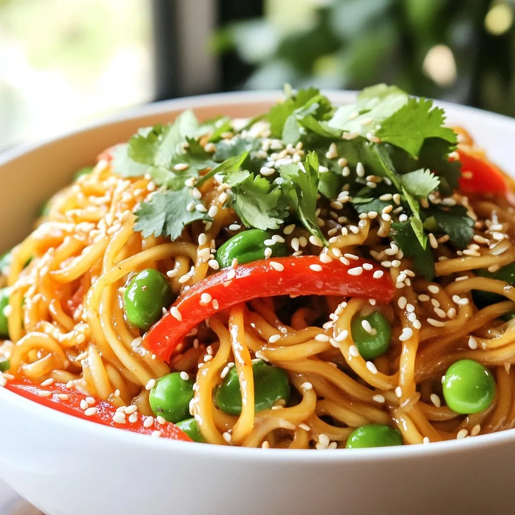 For a tasty bowl of Spicy Sesame Noodles, gather these ingredients: - 8 oz. spaghetti or rice noodles - 2 tablespoons sesame oil - 1 tablespoon vegetable oil - 3 cloves garlic, minced - 1 inch ginger, grated - 1 red bell pepper, thinly sliced - 1 cup snap peas, trimmed - 3 green onions, sliced - 2 tablespoons soy sauce - 1 tablespoon rice vinegar - 1 tablespoon sriracha (adjust to taste) - 2 teaspoons honey or maple syrup - 1 tablespoon toasted sesame seeds - Cilantro for garnish (optional) These simple ingredients make a big impact. The noodles form the base of the dish. Use spaghetti for a heartier bite or rice noodles for a lighter feel. The sesame oil and vegetable oil add a rich, nutty flavor. Garlic and ginger bring warmth and zest. The vegetables add color and crunch. Red bell pepper gives sweetness, while snap peas add freshness. Green onions add a nice bite. The sauces create a flavorful blend. Soy sauce and rice vinegar provide depth, while sriracha adds heat. Honey or maple syrup balance the spice with sweetness. Finally, toasted sesame seeds and cilantro give a beautiful finish. They add texture and freshness to every bite. Gather these ingredients, and you’re ready to create a delicious dish! {{ingredient_image_1}} Start by boiling water in a large pot. Add 8 oz. of spaghetti or rice noodles. Cook according to the package instructions until they are firm yet tender. Once cooked, drain the noodles and set them aside. Remember to save a small cup of the cooking water. This will help keep the noodles moist later. Now, grab a large pan and heat 2 tablespoons of sesame oil and 1 tablespoon of vegetable oil over medium heat. Once hot, add 3 cloves of minced garlic and 1 inch of grated ginger. Sauté these for 1-2 minutes. You want them to smell great but not burn. Next, toss in 1 thinly sliced red bell pepper and 1 cup of trimmed snap peas. Stir these vegetables for about 3-4 minutes. They should become slightly soft but still crisp. This adds color and crunch to your dish. In a small bowl, mix together 2 tablespoons of soy sauce, 1 tablespoon of rice vinegar, 1 tablespoon of sriracha, and 2 teaspoons of honey or maple syrup. Stir well to combine. This sauce will bring all the flavors together and add a nice kick. Now, add the cooked noodles to the pan with the sautéed vegetables. Pour the sauce over the noodles and give everything a good toss. If it seems dry, add a splash of the reserved noodle cooking water. This will help everything mix nicely. Finally, stir in 3 sliced green onions and 1 tablespoon of toasted sesame seeds. Mix until everything is well combined and heated through. Serve the noodles hot. You can garnish them with fresh cilantro and more sesame seeds if you like. Enjoy your quick and tasty meal! You can use spaghetti or rice noodles. Both work well in this dish. Spaghetti gives a nice chew. Rice noodles offer a lighter texture. Choose what you like best. Cook the noodles according to package instructions. This ensures they stay chewy, not mushy. Drain them, but keep some cooking water. This water adds moisture later. Sriracha brings heat. Start with 1 tablespoon for a kick. If you want it milder, add less. You can also add more later if you like it spicy. Heat the oils before adding garlic and ginger. This helps release their flavors. Cook them just until fragrant, about 1-2 minutes. Add the vegetables next and stir often. This keeps them crisp and colorful. Pro Tips Use Fresh Ingredients: Fresh garlic and ginger provide a more vibrant flavor compared to dried or powdered versions. Always opt for fresh when possible! Adjust the Spice Level: If you prefer a milder dish, reduce the amount of sriracha. Conversely, for a spicier kick, add more to suit your taste. Cook Noodles Al Dente: For the best texture, ensure your noodles are cooked al dente. They will continue to soften when combined with the sauce and veggies. Garnish for Extra Flavor: Fresh cilantro and additional sesame seeds not only enhance presentation but also add layers of flavor to your finished dish. {{image_2}} To make these Spicy Sesame Noodles vegetarian or vegan, skip the honey. Use maple syrup instead. You can also add more veggies, like carrots or broccoli. These changes keep the dish tasty and colorful. For extra protein, try adding cooked chicken, shrimp, or tofu. Cook the protein separately, then toss it in with the noodles. This step gives your meal more flavor and makes it heartier. Feel free to swap in your favorite vegetables. Zucchini, bell peppers, or bok choy work great. Use whatever is in season. This change keeps the dish fresh and exciting. To make this recipe gluten-free, use rice noodles. Check the soy sauce for gluten-free options. Many brands offer this, allowing you to enjoy the same great taste. To store leftover Spicy Sesame Noodles, first let them cool. Place them in an airtight container. Keep the container in the fridge. They will stay good for about 3 to 4 days. If you want to keep them longer, consider freezing them. When you're ready to eat, take the noodles out of the fridge. You can reheat them in a pan over medium heat. Add a splash of water or oil to prevent sticking. Stir until heated through. You can also use a microwave. Heat in short bursts, stirring in between. This keeps them from drying out. To freeze Spicy Sesame Noodles, first cool them completely. Place them in a freezer-safe container or bag. Remove as much air as you can. They can last for up to 2 months in the freezer. When you're ready to eat, thaw in the fridge overnight. Then, reheat as mentioned above. Enjoy your noodles! Spicy sesame noodles come from Chinese cuisine. They blend flavors of sesame and spice. You can find variations across Asia. The dish is popular for its quick preparation and bold taste. Yes, you can prepare this dish ahead of time. Cook the noodles and veggies, then add the sauce. Store everything in the fridge for up to two days. Just reheat before serving for the best flavor. To reduce the heat, cut back on sriracha. You can also use less ginger. Adding more honey or maple syrup can balance the spice. Serve with extra veggies to mellow the flavor. Spicy sesame noodles pair well with various dishes. Try serving them with grilled chicken or tofu. A side of steamed broccoli or bok choy works great too. You can also add a fresh salad for a crunchy contrast. You can modify this recipe easily. For gluten-free options, use rice noodles. For vegans, skip honey and stick with maple syrup. Add any veggies you like to make it your own. This dish is versatile and forgiving! This blog discussed how to make tasty Spicy Sesame Noodles. We covered key ingredients like noodles, oils, spices, and veggies. You learned step-by-step instructions for cooking and serving this dish. Tips help you adjust flavors and choose the best noodles. Variations let you adapt recipes for any diet. Storing leftovers is easy with the right methods. Remember, cooking is fun and creative, so don't hesitate to experiment. Enjoy your flavorful noodles and share them with friends and family!