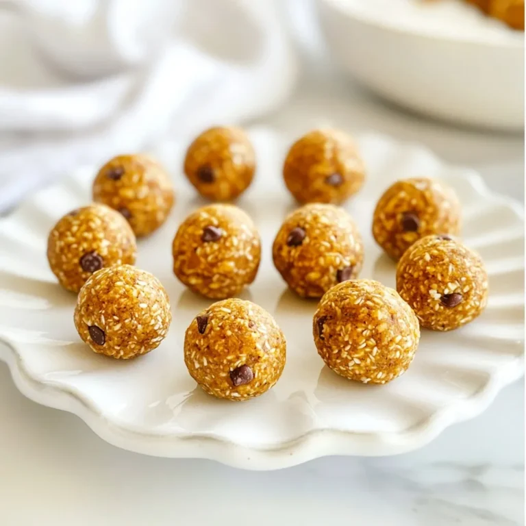 To make these tasty pumpkin spice energy balls, gather these items: - 1 cup rolled oats - 1/2 cup nut butter (such as almond or peanut) - 1/2 cup pumpkin puree - 1/4 cup honey or maple syrup - 1 teaspoon vanilla extract - 1 teaspoon pumpkin spice blend (or a mix of cinnamon, nutmeg, and ginger) - 1/4 teaspoon salt - 1/2 cup mini chocolate chips (optional) - 1/4 cup flaxseeds or chia seeds If you can’t use nut butter, try these options: - Sunflower seed butter - Soy nut butter - Pumpkin seed butter These choices work well and add great flavor. Pumpkin puree makes this snack special. It adds moisture and flavor. It is rich in vitamins A and C. These vitamins help keep your eyes and skin healthy. Pumpkin also has fiber, which aids digestion. It can keep you full longer. Plus, it gives these energy balls a lovely color and taste. {{ingredient_image_1}} Start by grabbing a large mixing bowl. Add 1 cup of rolled oats. Then, scoop in 1/2 cup of nut butter. You can choose almond or peanut butter. Next, add 1/2 cup of pumpkin puree. Pour in 1/4 cup of honey or maple syrup for sweetness. Lastly, add 1 teaspoon of vanilla extract. Mix all these ingredients well until they blend smoothly. This step forms the base of your energy balls. After mixing the base, it’s time to spice things up. Add 1 teaspoon of pumpkin spice blend. If you don’t have that, a mix of cinnamon, nutmeg, and ginger works great. Then, sprinkle in 1/4 teaspoon of salt. Stir until the spices are fully mixed in. If you want some extra fun, fold in 1/2 cup of mini chocolate chips. You can also add 1/4 cup of flaxseeds or chia seeds. These add nutrients and texture. Now comes the fun part—shaping the balls! With clean hands, take a small amount of the mixture. Form it into a ball about 1 inch in diameter. Place each ball on a baking sheet lined with parchment paper. Once you shape all the mixture into balls, it’s chilling time. Refrigerate the balls for at least 30 minutes. This helps them firm up. After chilling, they’re ready to enjoy or store. Keep them in an airtight container in the fridge for up to one week. To get the right texture, use rolled oats. They give a nice chew. If the mix feels too wet, add more oats. If it’s too dry, add a splash of nut butter or pumpkin puree. After mixing, roll the balls tightly. This helps them hold their shape. Chilling them in the fridge for 30 minutes helps too. It firms them up nicely. These energy balls make great snacks. Serve them at parties or pack them for lunch. They pair well with apple slices or yogurt. You can also drizzle a bit of honey on top for extra sweetness. If you want fun, place them in cute cups for a treat display. Don’t skip the chilling step. This keeps the balls from falling apart. Be careful not to overmix the ingredients. If you mix too much, the texture can turn mushy. Also, watch your portion size. Making them too big can make them hard to eat. Finally, remember to store them in an airtight container to keep them fresh. Pro Tips Use Fresh Pumpkin Puree: For the best flavor, use fresh pumpkin puree instead of canned. Roast and puree your own pumpkin for a richer taste. Customize Your Sweetness: Adjust the amount of honey or maple syrup to your taste. If you prefer a less sweet treat, reduce the sweetener by a tablespoon or two. Add Protein: Enhance the nutritional value by incorporating protein powder into the mixture. This can make them a more filling snack. Experiment with Mix-ins: Feel free to customize these energy balls with your favorite mix-ins, such as dried fruits, nuts, or seeds for added texture and flavor. {{image_2}} To mix things up, you can add flavor twists. If you love chocolate, fold in mini chocolate chips for a sweet burst. You can also use protein powder for a boost. Just replace some oats with protein powder. This adds flavor and makes them more filling. If you need nut-free options, try sunflower seed butter. It offers a creamy texture and rich taste. You can also use pumpkin seeds instead of nut butter. This keeps the snack safe for schools or nut-free diets. You can give your energy balls a seasonal flair. Adding dried cranberries gives a tart kick. Chopped apples or pears add freshness, too. In winter, try adding a touch of peppermint or nutmeg for a holiday vibe. To keep your pumpkin spice energy balls fresh, store them in an airtight container. Place a piece of parchment paper between layers to prevent sticking. Keep them in the fridge for the best taste and texture. This method helps maintain their chewy goodness. You can freeze your energy balls for longer storage. First, place them in a single layer on a baking sheet. Freeze for about one hour until firm. Then, transfer them to a freezer-safe bag. Be sure to remove as much air as possible. They will stay fresh this way for up to three months. These energy balls last about a week in the fridge. For the best flavor, eat them within this time. If you freeze them, they can last longer. Always check for signs of spoilage, like an off smell or change in color. Trust your senses to keep your snacks safe and tasty! Yes, you can make these energy balls vegan. Use maple syrup instead of honey. Choose a nut butter that has no added ingredients. Most nut butters are vegan. For the chocolate chips, pick dairy-free ones. This way, you keep the taste and texture while being vegan. Yes, pumpkin spice energy balls are healthy. They include rolled oats, which are high in fiber. Pumpkin puree adds vitamins and minerals. Nut butter provides healthy fats and protein. Honey or maple syrup gives natural sweetness. These energy balls keep you full and fueled. These energy balls last for up to one week in the fridge. Store them in an airtight container. For longer storage, you can freeze them. They can last for about three months in the freezer, so you have a tasty snack ready. Yes, you can add other ingredients! Chopped nuts add crunch and flavor. Try walnuts or pecans for a tasty twist. You can also mix in seeds like sunflower or pumpkin seeds for extra nutrition. Just keep the overall balance in mind. You now have all the tools to make delicious energy balls. We've covered ingredients, including nut butter substitutes and the benefits of pumpkin puree. You learned the step-by-step process for mixing and chilling them. I shared tips for texture, serving, and common mistakes to avoid. We explored flavor variations and storage methods. With this guide, you can create tasty snacks that fit your needs. Embrace creativity, enjoy the process, and savor the rewards of your effort.