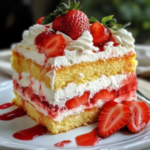 - 2 cups all-purpose flour - 1 cup granulated sugar - 1 tablespoon baking powder - 1/2 teaspoon salt - 1/2 cup unsalted butter, softened - 1 cup whole milk - 2 large eggs - 1 teaspoon vanilla extract - 2 cups fresh strawberries, hulled and sliced - 1 cup heavy cream - 3 tablespoons powdered sugar - 1 teaspoon vanilla extract (for cream) Gather these simple ingredients to make your strawberries and cream milk cake. The flour gives it structure, while sugar adds sweetness. Baking powder helps the cake rise, and salt enhances all the flavors. Softened butter makes the cake rich and moist. Whole milk is key for a tender crumb, and eggs bind everything together. Vanilla extract adds warmth and depth. Fresh strawberries bring a burst of flavor and color. Heavy cream turns into whipped cream, which makes the cake even more delightful. Powdered sugar sweetens the cream without adding grit. You can also add optional garnishes for extra flair. Strawberry sauce, crushed strawberries, or fresh strawberries can make your cake even prettier. They add taste and a lovely touch. Enjoy creating this simple yet tasty dessert! {{ingredient_image_1}} - Preheat the oven to 350°F (175°C). - Grease and flour two 9-inch round cake pans. - In a large bowl, mix the flour, sugar, baking powder, and salt. - Add the butter, milk, eggs, and vanilla. Beat until smooth. - Divide the batter evenly between the two pans. - Bake for 25-30 minutes. Test with a toothpick for doneness. - Let the cakes cool in the pans for 10 minutes. Move to a wire rack to cool fully. - Place one cake layer on a plate. Spread whipped cream on top. - Add half of the sliced strawberries over the cream. - Place the second layer on top. Spread more whipped cream and add the rest of the strawberries. - For a special touch, drizzle strawberry sauce or add crushed strawberries on top. - To bake perfect cakes, check your oven temperature. An oven that runs hot can burn the edges. - Use a toothpick to test doneness. It should come out clean when the cake is ready. - Ensure your butter is soft. This helps mix evenly and creates a light texture. - Always use room temperature eggs and milk. They blend better and create a smoother batter. - For perfect whipped cream, start with cold heavy cream. It whips up better and faster. - Use a clean bowl to avoid any grease. This helps the cream whip to its fullest. - Add powdered sugar slowly. This helps achieve the perfect sweetness without clumping. - You can add flavors like cocoa powder or almond extract. This adds a twist to your cream. - Serve slices on white plates. This makes the colors pop and looks elegant. - Garnish each slice with a fresh strawberry. It adds a bright touch and a burst of flavor. - Drizzle some strawberry sauce on each plate. This adds a fun visual and extra sweetness. - For a special occasion, consider layering the cake in clear cups. It makes a great display! Pro Tips Use Room Temperature Ingredients: Make sure your butter, eggs, and milk are at room temperature before mixing. This helps to create a smoother batter and ensures even baking. Don't Overmix the Batter: After adding the wet ingredients to the dry ingredients, mix just until combined. Overmixing can lead to a dense cake texture. Fresh Strawberries are Key: Use ripe, fresh strawberries for the best flavor. If strawberries aren't in season, consider using frozen ones, but make sure to thaw and drain them well. Chill the Whipped Cream: For better stability, chill the mixing bowl and beaters before whipping the cream. This will help it hold its shape when spread on the cake. {{image_2}} You can easily change the flavor of your cake. Try using different fruits. Raspberries and blueberries work great. They add a new twist to the dish. You can also add lemon or orange zest. This gives a nice citrus flavor. Just a teaspoon will brighten up the cake. Experiment with what you love. If you need gluten-free options, use gluten-free flour. This makes the cake safe for those with gluten issues. For a dairy-free version, swap out the cream and milk. Use almond milk or coconut cream instead. These alternatives still give a rich flavor. You won’t miss the dairy at all! You can serve this cake in fun ways. Try layering it in mason jars. This makes a cute dessert for parties. You can also bake the batter in cupcake forms. They are easy to share and eat. Another idea is to make a sheet cake. Simply spread the batter in a large pan and cut it into squares. These options make the cake fit any occasion! To keep your cake fresh, wrap it tightly. Use plastic wrap or foil to cover it. You can also place it in an airtight container. This helps keep the cake moist and tasty. Store it in the fridge for up to five days. If you want to save some cake, freezing works well. First, slice the cake into pieces. Wrap each piece in plastic wrap. Then place the wrapped pieces in a freezer bag. The cake stays fresh for about three months in the freezer. When you are ready to eat the frozen cake, take it out. Let it thaw in the fridge overnight. If you want to warm it, use a microwave or oven. Heat it at 300°F (150°C) for about 10 minutes. Enjoy your cake warm or cold! Can I use frozen strawberries? Yes, you can use frozen strawberries. Thaw and drain them first. This helps avoid extra moisture in your cake. How can I make the cake more moist? To make the cake moist, try adding a bit more whole milk or butter. You can also use yogurt for a richer texture. Can this recipe be doubled for a larger gathering? Absolutely! Just double all the ingredients. You may need to bake in batches or use larger pans. What can I use instead of heavy cream? You can use coconut cream or whipped coconut milk. These are great non-dairy options. How do I make this recipe egg-free? Replace eggs with 1/4 cup of applesauce or 1/4 cup of mashed banana. Both work well in cake recipes. What flavors pair well with strawberries and cream? Lemon, vanilla, and mint are great flavors. They enhance the taste of strawberries and cream. How to serve the cake for a potluck or celebration? Slice the cake into even pieces. Serve on white plates for a clean look. Add a fresh strawberry on top for a pop of color. You've learned how to make a tasty Strawberries and Cream Milk Cake. We covered all the ingredients, from flour to fresh strawberries. I shared step-by-step instructions to bake and assemble your cake perfectly. Tips help ensure your cake shines at any gathering. Remember, you can mix it up with other fruits or special diets. Enjoy your baking, and savor every bite of this delightful cake!