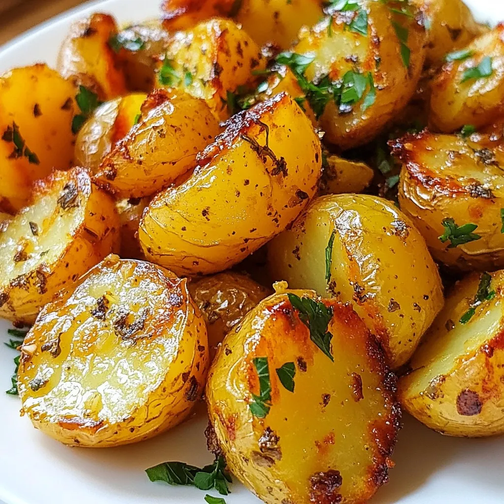 - 2 pounds baby potatoes, halved - 4 tablespoons olive oil - 4 cloves garlic, minced - 2 teaspoons dried rosemary - 2 teaspoons dried thyme - 1 teaspoon smoked paprika - Salt and pepper to taste - Fresh parsley, chopped (for garnish) The main ingredients create a simple yet tasty dish. Baby potatoes are the star. They are soft inside and crispy outside. Olive oil helps to roast them perfectly. Garlic adds a strong flavor that makes them special. The dried herbs give a nice aroma. Smoked paprika adds a subtle smoky taste. Salt and pepper help balance everything. - Fresh herbs (like basil or oregano) - Onion powder - Lemon juice or zest - Parmesan cheese I love to add fresh herbs for a bright kick. Onion powder gives a deeper flavor. A splash of lemon juice brightens the dish. You can sprinkle Parmesan cheese on top for a cheesy touch. - Large mixing bowl - Baking sheet - Parchment paper - Knife and cutting board - Spatula or tongs These tools make the process easier. A mixing bowl helps combine the ingredients well. Parchment paper prevents sticking on the baking sheet. A sharp knife helps to cut the potatoes easily. Tongs or a spatula make it simple to flip the potatoes during roasting. {{ingredient_image_1}} First, set your oven to 425°F (220°C). This hot temperature helps the potatoes get crispy. Next, take 2 pounds of baby potatoes and cut them in half. Make sure they are even. This helps them cook at the same rate. In a large bowl, combine the halved potatoes with 4 cloves of minced garlic. Add 4 tablespoons of olive oil and mix well. Then, sprinkle in 2 teaspoons each of dried rosemary and dried thyme. Don’t forget 1 teaspoon of smoked paprika, plus salt and pepper to taste. Toss everything together until the potatoes are nicely coated. Spread the seasoned potatoes on a baking sheet lined with parchment paper. Make sure they are in a single layer. Place the baking sheet in the oven. Roast for 25-30 minutes. Flip the potatoes halfway through to ensure even cooking. They should turn golden brown and crispy. Once the potatoes are done, take them out of the oven. Let them cool for a couple of minutes. Finally, sprinkle chopped fresh parsley on top for a pop of color and flavor. Enjoy your tasty garlic herb roasted potatoes! To get those perfect crispy potatoes, start with small baby potatoes. Their thin skin helps them crisp up well. Always preheat your oven to 425°F (220°C). This hot heat makes the outside nice and crunchy. Toss the potatoes well in olive oil and spices. Make sure each piece is coated. Spread them out on the baking sheet. Don’t crowd them! Give them space to breathe. Flip them halfway through cooking for even browning. For a tasty mix, stick with dried rosemary and thyme. These herbs add great flavor. Smoked paprika gives a nice touch of warmth. If you want more spice, try adding a pinch of cayenne. Fresh herbs like parsley add color and brightness. You can also experiment with herbs like oregano or dill for a twist. Don’t be afraid to mix it up! One big mistake is not cutting the potatoes evenly. Uneven sizes cook at different rates. Another issue is using too little oil. A good coating is key for crispiness. Avoid overcrowding the baking sheet. If they touch, they will steam instead of roast. Lastly, don’t skip the flipping step. It helps all sides get golden and crunchy. Following these tips will ensure your garlic herb roasted potatoes turn out perfect every time! Pro Tips Choose the Right Potatoes: For the best texture and flavor, use waxy potatoes like baby Yukon Gold or red potatoes, as they hold their shape well during roasting. Don't Skip the Olive Oil: Generously coating the potatoes in olive oil not only enhances flavor but also helps achieve that crispy, golden exterior. Flavor Variations: Feel free to experiment with different herbs and spices like oregano, dill, or even a pinch of cayenne for a kick! Perfect Your Roasting Technique: Make sure the potatoes are in a single layer on the baking sheet to ensure even cooking and maximum crispiness. {{image_2}} You can change the herbs to fit your taste. If you want a fresh twist, try using fresh herbs like dill or basil. For a spicy kick, add some red pepper flakes. You can even mix in some oregano for a classic Italian flavor. Each herb brings its own charm, so feel free to experiment. Roasted potatoes taste great with other veggies. Carrots, bell peppers, or zucchini work well. Just chop them to the same size as the potatoes. This way, they cook evenly. Toss them in with the potatoes and roast everything together. The flavors blend, making each bite even better. To turn these roasted potatoes into a full meal, add protein. Grilled chicken or baked fish pairs nicely. You could also add chickpeas for a hearty vegetarian option. Serve everything on a plate, and you have a delicious, balanced meal. Mix and match to find your favorite combo! After enjoying your garlic herb roasted potatoes, let them cool completely. Place leftovers in an airtight container. This keeps them fresh and tasty. Store the container in the fridge for up to four days. Make sure you label it with the date. This way, you’ll know when to use them. To reheat, you can use the oven or the stovetop. For the oven, preheat it to 350°F (175°C). Spread the potatoes on a baking sheet. Heat for about 15 minutes or until warm. This method keeps them crispy. If you’re short on time, use a skillet on medium heat. Add a splash of olive oil, then heat the potatoes for about 5-7 minutes. Stir them often for even warming. You can freeze these potatoes, but they may lose some texture. Let them cool completely, then place them in a freezer-safe bag. Remove as much air as you can. Label the bag with the date. They can stay in the freezer for up to three months. To use, thaw them overnight in the fridge. Reheat as mentioned above for the best results. Yes, you can use other types of potatoes. Yukon Gold or red potatoes work well. These potatoes have a creamy texture and hold up well when roasted. You can even try sweet potatoes for a fun twist. Just cut them into even pieces for the best cooking results. To make this recipe vegan, simply stick to the current ingredients. All items listed are plant-based. Ensure your olive oil is pure and free from animal products. This dish is already vegan-friendly, allowing everyone to enjoy it. Garlic herb roasted potatoes pair well with many dishes. Serve them alongside grilled chicken or fish for a hearty meal. They also complement roasted vegetables beautifully. For a lighter option, try a fresh salad. These potatoes can even shine as part of a brunch spread. This article covered garlic herb roasted potatoes, from choosing ingredients to storing leftovers. You learned the key steps for preparing perfect potatoes, tips to keep them crispy, and fun variations to try. Remember, cooking is about exploring flavors and having fun. Don't be afraid to tweak the recipe to fit your taste. Enjoy every bite and share your roasted potato creations with friends and family for a great meal. Your kitchen adventure has just begun!