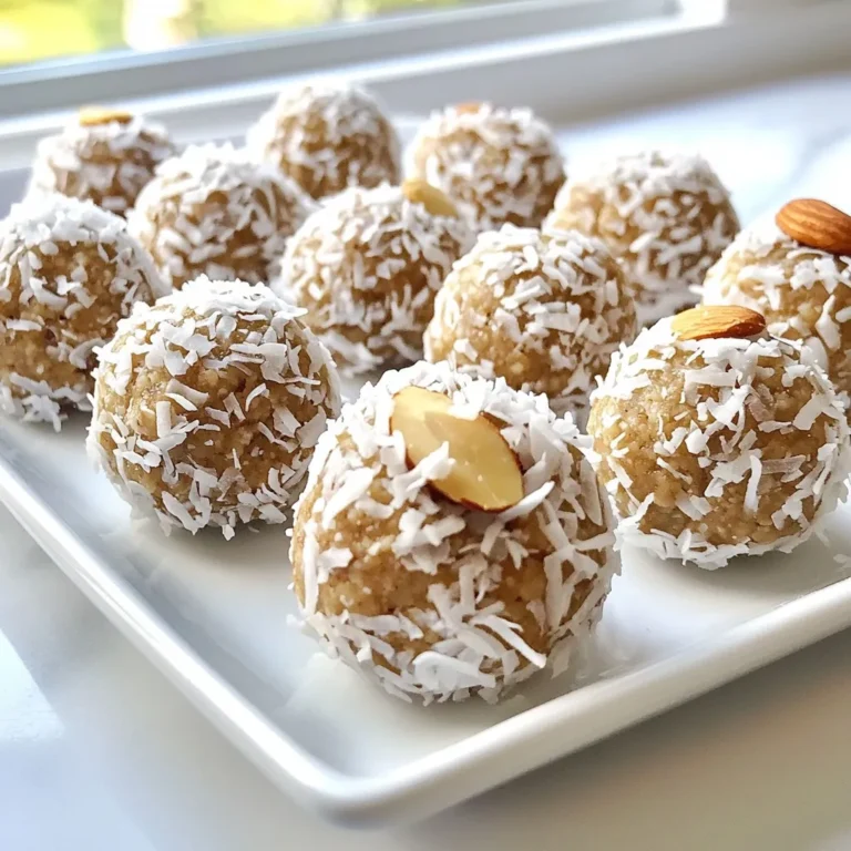 - 1 cup almond flour - 1/2 cup unsweetened shredded coconut - 1/4 cup raw honey or maple syrup - 1/4 cup almond butter - 1/2 teaspoon vanilla extract - 1/4 teaspoon salt - 1/3 cup dark chocolate chips - 1/4 cup whole almonds (for topping) To make Almond Joy Protein Balls, gather these simple ingredients. Almond flour forms the base and gives a nutty flavor. Unsweetened shredded coconut adds texture and a tropical touch. Choose either raw honey or maple syrup for sweetness. Almond butter binds it all together and adds creaminess. Vanilla extract enhances the taste. A pinch of salt balances the sweetness and brings out the flavors. Dark chocolate chips offer a rich chocolate flavor, making these bites irresistible. Finally, whole almonds on top give a crunchy finish. These ingredients work together to create a delicious and nutritious snack. You'll love how easy it is to make these protein balls. Plus, they provide energy for your day! {{ingredient_image_1}} First, grab a large mixing bowl. Combine 1 cup of almond flour and 1/2 cup of unsweetened shredded coconut. Mix them well. Next, add 1/4 cup of raw honey or maple syrup. Then, add 1/4 cup of almond butter, 1/2 teaspoon of vanilla extract, and 1/4 teaspoon of salt. Stir until the mixture becomes sticky and dough-like. After mixing, fold in 1/3 cup of dark chocolate chips. This adds a rich flavor. Now, take about 1 tablespoon of the mixture and roll it into a ball. Place each ball on a parchment-lined baking sheet. Make sure they have space between them. To finish, press a whole almond into the top of each protein ball. This gives them a nice crunch. Once you’re done, put the baking sheet in the refrigerator. Let the balls chill for at least 30 minutes. This helps them firm up before you serve them. Enjoy your tasty Almond Joy Protein Balls! To get the best texture, mix the ingredients very well. I like to use my hands to ensure everything blends. If your mixture feels too dry, add more almond flour. If it's too sticky, you can add a bit of honey or maple syrup. Finding the right balance is key to making these treats enjoyable. You can switch up the chocolate chips to suit your taste. Try milk chocolate or even white chocolate if you prefer. If you want a richer flavor, consider using cocoa powder instead of chocolate chips. Just remember to adjust the sweetness level to match. Kids love to help in the kitchen! Get them involved in rolling the protein balls. It’s a great way to bond and have fun. You can also let them choose toppings. Try using crushed nuts, sprinkles, or even mini chocolate chips. This makes the snack more exciting for them. Pro Tips Store Properly: Keep your protein balls in an airtight container in the refrigerator to maintain freshness for up to a week. Customize Your Sweetness: Adjust the amount of honey or maple syrup based on your personal preference for sweetness. Nut Variations: Feel free to experiment with different nuts or nut butters for varied flavors and textures. Protein Boost: Add a scoop of your favorite protein powder to the mixture for an extra protein kick. {{image_2}} You can easily change the taste of your Almond Joy Protein Balls. Adding a few drops of vanilla or almond extract brings a nice twist. These simple flavors make your snack even more delightful. You might also try spices like cinnamon or nutmeg. A pinch can give your balls a warm, cozy taste. If you want to make these protein balls vegan, swap out honey for maple syrup. It works well and keeps the sweetness. For those with gluten concerns, use certified gluten-free almond flour. This way, everyone can enjoy these tasty treats without worry. Nut allergies shouldn’t keep anyone from enjoying these protein balls. You can substitute almond butter with sunflower seed butter. This swap keeps the creamy texture while being safe for all. If you need to avoid whole almonds, just leave them off. Your protein balls will still taste great without them! To keep your Almond Joy Protein Balls fresh, use an airtight container. This helps maintain their texture and taste. I recommend glass or BPA-free plastic containers. You can store them in the fridge or freezer. The fridge is best for short-term storage. The freezer works well for longer periods. Almond Joy Protein Balls last about one week in the refrigerator. Make sure to seal them well. For longer storage, freeze them. They can stay good for up to three months in the freezer. Just wrap each ball in plastic wrap or place them in a freezer bag. If you want to refresh frozen protein balls, take them out of the freezer. Let them sit at room temperature for about 15 minutes. This helps soften them. You can also warm them slightly in the microwave for a few seconds if you prefer. Enjoy your snack at your own pace! You can use natural sweeteners like stevia or monk fruit. These options add sweetness without sugar. I like to blend them with almond butter for a rich taste. This keeps your protein balls tasty and healthy. You can adjust the amount based on your taste. Yes, you can! Cashew flour or hazelnut flour works well. These flours add a unique flavor. They also keep the protein balls gluten-free. Just keep in mind that the texture may change slightly. You might need to adjust the amount based on the flour you choose. Each Almond Joy Protein Ball has about 3 grams of protein. This comes mainly from almond flour and almond butter. These ingredients not only add protein but also healthy fats. This makes them a great snack, especially after a workout. Absolutely! These protein balls are perfect for meal prep. You can make a batch and store them in the fridge. They last up to a week, making them a convenient snack. You can also freeze them for longer storage. Just let them thaw before enjoying! In this post, we explored how to make Almond Joy Protein Balls. We covered essential ingredients like almond flour and dark chocolate chips, plus easy steps for mixing and rolling. I shared tips for smooth texture, child-friendly ideas, and ways to adjust flavors or make it nut-free. Remember to store them properly for the best shelf life. These protein balls are tasty, fun to make, and great for snacking. Try them out, and enjoy your healthy and delicious treat!