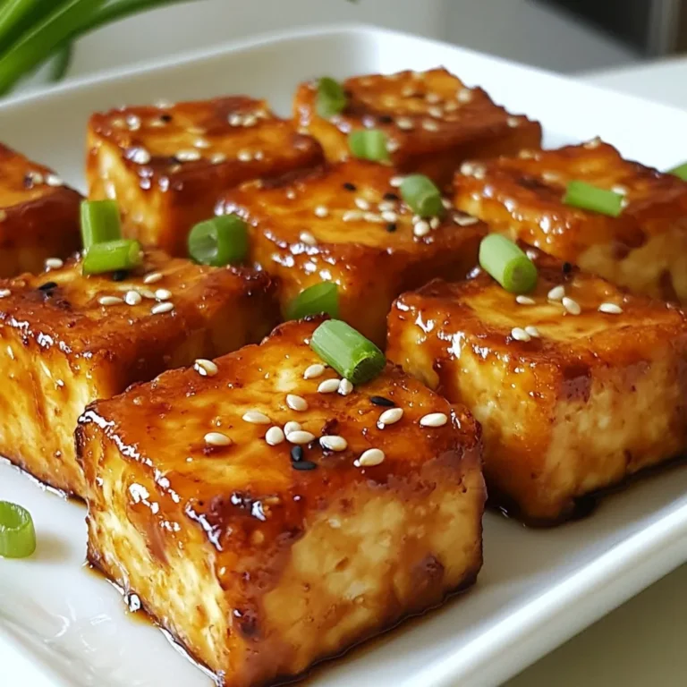 To make crispy teriyaki tofu bites, you need a few simple ingredients. Here’s what you will need: - 1 block (14 oz) firm tofu, pressed and cubed - 1/4 cup soy sauce - 1/4 cup maple syrup - 1 tablespoon rice vinegar - 2 teaspoons grated fresh ginger - 2 cloves garlic, minced - 1 tablespoon cornstarch - 1 tablespoon sesame oil - 1 tablespoon vegetable oil (for frying) - Sesame seeds (for garnish) - Green onions, sliced (for garnish) Each ingredient plays a key role. The firm tofu gives a great texture. The soy sauce adds deep flavor. Maple syrup brings sweetness. Rice vinegar gives a nice tang. Ginger and garlic add warmth and spice. Cornstarch helps the tofu get crispy. Sesame oil gives a rich taste, while vegetable oil is perfect for frying. Finally, garnishes like sesame seeds and green onions make the dish pop. This mix of flavors makes every bite tasty and fun! {{ingredient_image_1}} First, you need to press the tofu. This step helps remove extra moisture. Place the block of tofu on a cutting board and put something heavy on top. A cast-iron pan works well. Let it sit for about 15-20 minutes. After pressing, cut the tofu into cubes. Aim for bite-sized pieces, about an inch each. Now it’s time to mix the teriyaki marinade. In a bowl, whisk together these ingredients: - 1/4 cup soy sauce - 1/4 cup maple syrup - 1 tablespoon rice vinegar - 2 teaspoons grated fresh ginger - 2 cloves garlic, minced After mixing, reserve a few tablespoons of the marinade for glazing later. This step adds flavor when cooking. Next, coat the tofu in the marinade. Place the tofu cubes in a shallow dish. Pour the marinade over them, making sure they are well-coated. Let the tofu marinate for at least 30 minutes. For even better taste, marinate for up to 2 hours. After marinating, it's time to cook. First, coat the tofu in cornstarch. Sprinkle 1 tablespoon of cornstarch over the marinated tofu and toss gently. This helps create a crispy texture. Heat 1 tablespoon of vegetable oil in a non-stick skillet over medium-high heat. Carefully add the coated tofu in a single layer. You may need to do this in batches. Cook for about 5-7 minutes on each side. Look for a golden brown and crispy finish. Finally, glaze the tofu. Pour the reserved teriyaki marinade into the skillet. Cook for an additional 2 minutes. This thickens the sauce and adds a nice shine to the tofu. Enjoy the crispy teriyaki tofu bites! To make your tofu crispy, you must press it first. Pressing removes extra water. This makes the tofu absorb the sauce better. After pressing, cut the tofu into cubes. Next, coat the cubes evenly with cornstarch. This step is key for a crunchy outside when frying. Want more flavor? You can add spices to the marinade. Try chili flakes for heat or smoked paprika for depth. You can also make your own teriyaki sauce. This gives you control over the taste. Use soy sauce, maple syrup, rice vinegar, ginger, and garlic. Homemade sauce can boost the flavor of your dish. Garnishing makes your tofu bites pop. Sprinkle sesame seeds on top for crunch. Add sliced green onions for color and freshness. For serving, place the crispy tofu on a nice plate. You can pair it with rice or noodles for a complete meal. Pro Tips Press Tofu Well: Ensure to press the tofu for at least 15-20 minutes to remove excess moisture, which helps achieve a crispy texture. Marinate Longer: For enhanced flavor, let the tofu marinate for up to 2 hours or even overnight in the refrigerator. Use Non-Stick Skillet: A non-stick skillet is ideal for frying tofu, as it prevents sticking and ensures even cooking. Reserve Marinade for Glaze: Always set aside a portion of the marinade before marinating the tofu to use as a glaze after frying. {{image_2}} You can switch out tofu for other proteins. Tempeh is a great option. It's made from fermented soybeans and has a nutty taste. Seitan is another choice. It has a chewy texture and soaks up flavors well. These options are perfect for vegans too. They provide protein and taste. Feel free to play with the marinade. If you want spice, add sriracha or chili paste. For a sweeter touch, try adding pineapple juice or brown sugar. You can mix in ingredients like sesame seeds or scallions for extra flavor. The more you experiment, the more unique your dish will be. Crispy teriyaki tofu bites are great with rice or noodles. Serve them over steamed jasmine rice for a classic pairing. You can also toss them with noodles for a fun twist. Another idea is to create a teriyaki bowl. Layer the tofu over grains, veggies, and a drizzle of sauce. This makes a hearty and colorful meal. To keep your crispy teriyaki tofu bites fresh, place them in the fridge. Use an airtight container. This helps prevent moisture from ruining the crispiness. You can store them for up to three days. To reheat your tofu bites, use the oven or a skillet. Preheat the oven to 350°F (175°C). Lay the tofu bites on a baking sheet for about 10 minutes. This keeps them crispy. If using a skillet, heat on medium. Add a splash of oil to keep them from sticking. Avoid microwaving, as it can make them soggy. You can freeze cooked tofu bites. Place them in a single layer on a baking sheet. Freeze until solid, then transfer to a freezer bag. They can last up to three months in the freezer. To thaw, place them in the fridge overnight. Reheat them in the oven or skillet for best results. Marinate the tofu for at least 30 minutes. If you want more flavor, go for 2 hours. This time lets the tofu soak up the teriyaki sauce. Yes, you can! Use tamari instead of soy sauce. This swap keeps the flavor while being gluten-free. Check labels on other ingredients too, like cornstarch and rice vinegar, to ensure they fit your diet. Pair your tofu bites with steamed rice or quinoa. Add a side of stir-fried veggies for color and taste. You can also serve them in a wrap or on a salad for a fresh twist. You can create delicious crispy teriyaki tofu bites with ease. First, gather fresh ingredients and follow the steps to marinate and cook. Remember key tips for texture and flavor, and don’t hesitate to experiment with variations. Store your leftovers well for later enjoyment. This recipe is versatile and satisfying. Enjoy your cooking and impress your friends with a unique meal they will love. Whether you're new to cooking or a pro, I hope you find joy in making these snacks. Happy cooking!