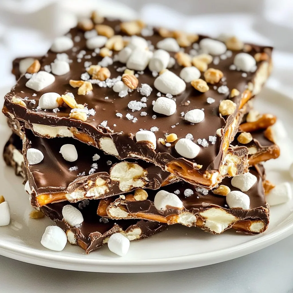 - 2 cups pretzels, broken into pieces - 1 cup dark chocolate chips - 1 cup white chocolate chips - 1/2 cup crushed nuts (almonds, pecans, or walnuts) - 1/4 cup mini marshmallows (optional) - Sea salt for sprinkling - 1/4 cup caramel sauce (optional for drizzling) To make chocolate covered pretzel bark, you need a mix of salty and sweet. The pretzels add a nice crunch. You can use any kind of pretzels you like. I often break them into smaller pieces for easy snacking. Dark chocolate and white chocolate create a lovely contrast. The dark chocolate gives a rich flavor, and the white chocolate adds sweetness. I love using high-quality chocolate chips. They melt well and taste great. Nuts add texture. Almonds, pecans, or walnuts work well here. You can also use crushed peanuts or cashews if you prefer. For extra fun, mini marshmallows add a sweet touch. They are optional, but they make the bark look festive and fun. Sprinkling sea salt on top balances the sweetness. It enhances the flavor of the chocolate. If you want a caramel twist, drizzling caramel sauce is a great option. It adds a rich, gooey element to your bark. - Different types of chocolate (milk chocolate, white chocolate) - Alternative nuts (cashews, macadamia nuts) - Flavor enhancements (coconut flakes, dried fruit) Feel free to mix and match your ingredients. You can use milk chocolate if you prefer a sweeter taste. Cashews or macadamia nuts bring a unique flavor. Adding coconut flakes or dried fruit can make the bark even more interesting. You can create your own signature version! {{ingredient_image_1}} - Line a baking sheet with parchment paper. This makes clean-up easy. - In a microwave-safe bowl, melt the dark chocolate chips. Heat in 30-second bursts. Stir after each interval until smooth. - Take 2 cups of broken pretzels and fold them into the melted chocolate. Make sure they are all coated. - Pour this mixture onto your lined baking sheet. Spread it out evenly to about 1/4 inch thick. - Melt the white chocolate chips in another bowl, using the same method. - Drizzle the melted white chocolate over the dark chocolate layer. Use a spoon for a fun design. - While the chocolate is still warm, sprinkle crushed nuts and mini marshmallows on top. - If you like, drizzle some caramel sauce over the bark for extra sweetness. - Add a pinch of sea salt to enhance the flavors. - Place the baking sheet in the fridge for about 1 hour to set. - Once it’s hard, break the bark into pieces and store in an airtight container. To melt chocolate well, use a microwave or a double boiler. If using a microwave, place the chocolate chips in a bowl. Heat them for 30 seconds. Stir and repeat until smooth. This keeps the chocolate from burning. If you prefer a double boiler, fill a pot with water. Heat it until simmering, then place a bowl with chocolate on top. Stir until melted. This method offers more control over the heat. To keep your chocolate covered pretzel bark fresh, store it in an airtight container. Use a container that prevents air and moisture from getting in. If you want to keep it for longer, place parchment paper between layers. This stops the pieces from sticking together. When serving the bark, break it into fun shapes. You can cut it into squares or use a mallet to create random pieces. For gifting, wrap the bark in clear cellophane. Add some colorful ribbon for a special touch. This makes your treat look even more inviting and thoughtful. Pro Tips Use Quality Chocolate: Opt for high-quality chocolate chips to enhance the flavor of your bark. Perfect Pretzel Pieces: Break the pretzels into similar-sized pieces for even chocolate coating and a uniform look. Chill for Crunch: Allow the bark to chill in the refrigerator longer if you prefer a firmer texture. Customize Toppings: Feel free to experiment with different toppings like dried fruits, sprinkles, or coconut for a unique twist. {{image_2}} You can make this treat even tastier with some fun flavor twists. Here are a couple of my favorites: - Salted Caramel Chocolate Covered Pretzel Bark: Add a drizzle of caramel sauce over the bark before it hardens. Sprinkle some sea salt on top for a sweet and salty mix. The contrast of flavors will amaze you! - Peanut Butter Chocolate Pretzel Bark: Mix in creamy peanut butter with the dark chocolate. This adds richness and a nutty flavor. You can also sprinkle some chopped peanuts on top for extra crunch. Food can reflect the season. Here are some ideas to make your bark festive: - Holiday-themed modifications: Use colorful sprinkles to match the season. For Easter, go for pastel colors. For Christmas, use red and green sprinkles to make it festive. - Chocolate Covered Pretzel Bark for parties: This treat is great for gatherings. You can shape it into fun forms or add sprinkles that match your party theme. If you want a healthier version, you can make a few smart swaps: - Using dark chocolate with a higher cocoa content: Choose dark chocolate with at least 70% cocoa. It has less sugar and more antioxidants, making it a better choice. - Substituting nuts or using sugar-free chocolate: You can swap out regular chocolate for sugar-free options. Also, use nuts like almonds or walnuts for a nutritious crunch, or skip the nuts if you prefer. You can store chocolate covered pretzel bark in the fridge for up to two weeks. If you keep it at room temperature, it lasts about a week. Always place it in an airtight container to keep it fresh. This helps avoid moisture, which can spoil the bark. Yes, you can freeze chocolate covered pretzel bark. Wrap it tightly in plastic wrap. Then, place it in a freezer-safe bag. It will stay good for about three months. When you're ready to eat it, let it thaw in the fridge overnight. This way, it keeps its taste and texture. To check if the pretzel bark has gone bad, look for these signs: - Change in color: If it looks dull or gray. - Odor: If it smells off or sour. - Texture: If it feels sticky or has a strange texture. If you notice any of these signs, it's best to throw it away. Yes, you can make chocolate covered pretzel bark in advance. It stores well for up to two weeks. Just keep it in an airtight container. This way, you have a tasty treat ready when you want it. Dark chocolate chips work best for melting. They have a smooth texture and rich taste. You can also use milk chocolate or white chocolate. Each type gives a unique flavor to your bark. You can add flavors by mixing in different ingredients. Try crushed candy canes for minty bark. Dried fruit, like cranberries, adds sweetness. You can also use flavored nuts for more taste. Absolutely! You can skip the nuts if you prefer. Just leave them out and enjoy the pretzel and chocolate flavors. The bark will still taste great without them. If your chocolate isn’t melting, check the heat. Microwave in shorter bursts to avoid burning. Stir often to help it melt evenly. If it still won’t melt, add a tiny bit of oil to help smooth it out. You learned how to make chocolate covered pretzel bark. We covered all the ingredients, steps, and tips to create this tasty treat. Remember, you can customize it with different nuts or flavors. Store it well, so it stays fresh for sharing or enjoying later. Whether for parties or gifts, this bark is sure to impress. Now, get creative and make your own version! Enjoy your sweet adventure.