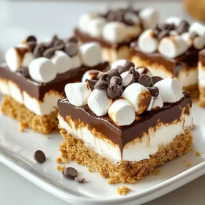 To make S’mores No-Bake Bars, you will need: - 2 cups graham cracker crumbs - 1 cup mini marshmallows - 1 cup semi-sweet chocolate chips - 1/2 cup unsweetened cocoa powder - 1/2 cup coconut oil, melted - 1/4 cup honey or maple syrup - 1/2 teaspoon vanilla extract - Pinch of salt - 1 cup chopped nuts (optional, for crunch) If you need to convert measurements, here are some handy tips: - 1 cup equals 8 fluid ounces. - 1/2 cup equals 4 fluid ounces. - 1/4 cup equals 2 fluid ounces. - 1 teaspoon equals 5 milliliters. - 1 tablespoon equals 15 milliliters. Feel free to get creative! Here are some ideas: - Add 1 cup of chopped nuts for extra crunch. - Try using peanut butter for a richer taste. - Swap honey for maple syrup if you prefer. - Mix in some crushed peppermint for a holiday twist. - Use dark chocolate chips for a deeper flavor. These ingredients make the bars rich and tasty. I love how easy it is to adjust them to fit your taste! {{ingredient_image_1}} Start with a large bowl. Add 2 cups of graham cracker crumbs, 1/2 cup of unsweetened cocoa powder, and a pinch of salt. Mix them well. This forms a tasty base for our bars. Next, take a small saucepan. Over low heat, melt 1 cup of semi-sweet chocolate chips and 1/2 cup of melted coconut oil. Stir it until it’s smooth. Once melted, take it off the heat and let it cool a bit. In the bowl with the graham cracker mix, pour in the melted chocolate. Add 1/4 cup of honey or maple syrup and 1/2 teaspoon of vanilla extract. Stir it until everything is coated. Then, gently fold in 1 cup of mini marshmallows and optional chopped nuts. Make sure they mix in evenly. Grab an 8x8 inch square baking pan. Line it with parchment paper, letting some hang over the edges. Pour the mixture into the pan. Use a spatula to press it down firmly. This helps to form an even layer. Cover the pan with plastic wrap. Place it in the fridge for 2-3 hours. This helps the bars set and become firm. Once set, lift the bars out using the parchment paper. Carefully slice them into squares or rectangles. Enjoy your delicious S’mores No-Bake Bars! To get the best texture for your S’mores No-Bake Bars, focus on mixing. Make sure your graham cracker crumbs and cocoa powder blend well. This helps create a strong base. When you melt the chocolate, keep the heat low. Stir it often to avoid burning. The chocolate should be smooth and glossy. When you mix in the marshmallows, fold gently. This keeps their fluffy shape intact. One common mistake is not measuring ingredients accurately. Too much graham cracker can make the bars dry. Make sure you use the right amount of coconut oil. If it’s too little, your bars won’t stick together. Another mistake is rushing the chilling time. If you cut the bars too soon, they will fall apart. Patience is key to setting these treats properly. For serving, slice your bars into even pieces. This helps everyone get a fair share. Place them on a fun platter for a nice touch. You can sprinkle extra mini marshmallows and chocolate chips on top for a visual treat. A drizzle of melted chocolate adds a fancy flair. These tips will impress your friends and family! Pro Tips Use Fresh Ingredients: Always use fresh mini marshmallows and high-quality chocolate chips for the best flavor and texture. Customize Your Crunch: Feel free to experiment with different nuts like walnuts or pecans for an added crunch. Chill Thoroughly: Make sure to chill the bars for at least 2-3 hours to ensure they hold their shape when sliced. Presentation Matters: Enhance the visual appeal by drizzling melted chocolate over the top before serving. {{image_2}} You can easily make these bars gluten-free. Just use gluten-free graham crackers. They taste just as good as the classic ones. Check the label to ensure they are truly gluten-free. This way, everyone can enjoy the treat. To create a vegan version, swap honey for maple syrup. Use dairy-free chocolate chips instead of semi-sweet ones. This keeps the bars rich and tasty without animal products. You can still enjoy the gooeyness of marshmallows if you choose vegan ones. Want to mix things up? Add peanut butter for a nutty twist. Just stir in a half cup of creamy peanut butter into the chocolate mixture. You can also try peppermint extract to give your bars a minty zing. Just a few drops can make a big difference. These fun tweaks can turn a simple recipe into something special! To keep your S’mores No-Bake Bars fresh, store them in an airtight container. Place parchment paper between layers to avoid sticking. This method helps maintain their texture and taste. Keep them in the refrigerator for the best results. You can enjoy them cold or let them sit at room temperature before serving. If you want to make these bars ahead of time, freezing is a great option. Cut the bars into squares and wrap each piece in plastic wrap. Then, place them in a freezer-safe bag. They last up to three months in the freezer. When you’re ready to enjoy, just thaw them in the fridge overnight. These bars can stay fresh in the fridge for about one week. Look for any changes in texture or smell. If they feel dry or hard, they may not be good anymore. Also, if you see any mold, it’s time to toss them. Always trust your senses when it comes to food safety. Yes, you can make these bars ahead of time. They set well in the fridge. I often prepare them a day before an event. This way, they are ready to serve when guests arrive. Just keep them covered in the fridge. They stay fresh for up to a week. If you don’t have coconut oil, try using unsalted butter. It works well for flavor and texture. You can also use vegetable oil or even olive oil. Each option will change the taste a bit, but they all create a yummy treat. Absolutely! These bars are great for kids. They are sweet, fun, and easy to eat. The mini marshmallows and chocolate chips are always a hit. Just keep an eye on any allergies, like nuts or gluten, if you use them. To boost the chocolate flavor, add extra chocolate chips. You can also mix in some chocolate spread. Another fun idea is to drizzle melted chocolate on top before serving. This will make each bite rich and delicious! This blog post guided you through making delicious no-bake bars. We covered ingredients and their measurements. You learned easy steps to prepare, mix, and chill the bars. We shared tips to get the best texture and avoid mistakes. You can also explore fun variations and know how to store them. These bars are perfect for any occasion. Now, you can enjoy a tasty treat that's easy to customize and share. Dive in, have fun, and impress your friends with your new skills!