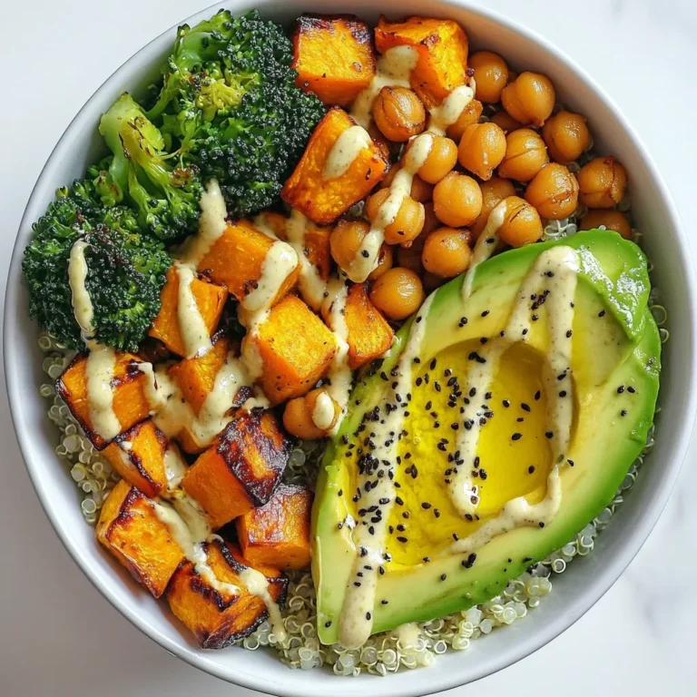 - 1 cup quinoa, rinsed - 2 cups vegetable broth - 1 medium sweet potato, peeled and cubed - 1 cup broccoli florets - 1 cup chickpeas, drained and rinsed - 1 avocado, sliced To create a delicious Glow Bowl, start with the main ingredients. Quinoa gives a great base. It’s high in protein and has a nice texture. Sweet potato adds sweetness and color. Broccoli brings crunch and nutrients. Chickpeas add heartiness, while avocado adds creaminess. - ½ cup plain yogurt (dairy or plant-based) - 2 tablespoons tahini - 1 tablespoon lemon juice - 1 clove garlic, minced - Water (to thin out) - Salt to taste The tahini yogurt sauce really makes this dish special. I use plain yogurt for creaminess. Tahini adds a nutty flavor. Lemon juice gives it a bright kick. Garlic adds depth. Water helps thin the sauce to your liking. Salt brings all the flavors together. - 1 tablespoon olive oil - 1 teaspoon smoked paprika - Salt and pepper to taste Seasoning is key to great flavor. I use olive oil to roast the sweet potato. Smoked paprika adds a hint of smokiness. Salt and pepper are essential for taste. These simple ingredients elevate the dish. {{ingredient_image_1}} To cook the quinoa, start by bringing 2 cups of vegetable broth to a boil. This broth adds a nice flavor to the quinoa. Once the broth is boiling, add 1 cup of rinsed quinoa. Then, reduce the heat to low and cover the pot. Let it simmer for 15 minutes or until the liquid is fully absorbed. After this, remove the pot from heat and let it rest for 5 minutes. Fluff the quinoa with a fork to make it light and airy. First, preheat your oven to 400°F (200°C). While the oven heats, prepare the sweet potato. Peel and cube one medium sweet potato into bite-sized pieces. Toss the cubes in a bowl with 1 tablespoon of olive oil, 1 teaspoon of smoked paprika, and a pinch of salt and pepper. Spread the sweet potato on a baking sheet. Roast them for 25 to 30 minutes until they are tender and slightly caramelized. While the sweet potato roasts, bring a small pot of salted water to a boil. Add 1 cup of broccoli florets and blanch them for about 3 minutes. This process keeps the broccoli bright green and slightly tender. Drain the broccoli and plunge it into ice water to stop the cooking. Next, heat a drizzle of olive oil in a small skillet over medium heat. Add 1 cup of drained and rinsed chickpeas. Sauté them for about 5 minutes until they are warmed through and slightly crisp. Season with salt to taste. In a bowl, mix together ½ cup of plain yogurt, 2 tablespoons of tahini, 1 tablespoon of lemon juice, and 1 clove of minced garlic. Stir in a pinch of salt for taste. If you want a thinner sauce, gradually add water. Keep stirring until the sauce reaches your desired consistency. To assemble your glow bowl, start with a base of the fluffy quinoa. Layer the roasted sweet potatoes, blanched broccoli, and sautéed chickpeas on top. Finally, add slices of avocado for creaminess. Drizzle the tahini yogurt sauce generously over the bowl. Enjoy the bright colors and fresh flavors! To ensure your quinoa is fluffy, rinse it well before cooking. This removes the bitterness. When cooking, use vegetable broth instead of water for more flavor. Bring the broth to a boil, add quinoa, cover, and lower the heat. Let it simmer for 15 minutes. Afterward, let it rest for 5 minutes. Fluff it with a fork to separate the grains. This makes a big difference! For perfect roasting timings for sweet potatoes, preheat your oven to 400°F (200°C). Toss the cubed sweet potato with olive oil, smoked paprika, salt, and pepper. Spread them out on a baking sheet. Roast them for 25 to 30 minutes. Check for tenderness and caramelization. You want them soft and slightly golden for the best taste. When serving your Glow Bowl, use a wide bowl or plate. This gives you space for all the colorful ingredients. You can layer the ingredients by starting with a base of quinoa. Then, add the roasted sweet potatoes, blanched broccoli, sautéed chickpeas, and avocado slices. For added flavor, garnish with toppings like sesame seeds or fresh herbs such as cilantro or parsley. You can also drizzle more tahini yogurt sauce on top. This not only adds flavor but also makes your dish look stunning. This Glow Bowl is packed with health benefits. Quinoa is high in protein and fiber. It also contains essential amino acids. Sweet potatoes are rich in vitamins A and C. They support your immune system and vision. Broccoli is a great source of vitamins K and C. It has antioxidants that help fight disease. Chickpeas add extra protein and fiber. They also keep you feeling full longer. The tahini yogurt sauce provides healthy fats and probiotics. This aids digestion. This recipe is perfect for various diets. It is vegan and gluten-free. If you use plant-based yogurt, it suits many dietary needs. Enjoy the benefits while savoring each bite! Pro Tips Cook Quinoa Perfectly: Rinse quinoa thoroughly before cooking to remove any bitterness. Use vegetable broth for added flavor and let it rest after cooking for fluffiness. Roast for Flavor: Make sure your sweet potatoes are well-coated with olive oil and spices to enhance their caramelization. This adds depth to the dish. Brighten Broccoli: Blanching broccoli not only preserves its vibrant green color but also keeps it crisp. Always plunge it into ice water immediately after cooking. Customize the Sauce: Adjust the tahini yogurt sauce’s consistency by adding more or less water. Experiment with additional spices or herbs for a personalized flavor boost. {{image_2}} You can switch up the grains in this glow bowl. Try brown rice or farro. Both add their own nutty taste. You can also use different veggies. Spinach adds a fresh touch. Bell peppers bring sweetness and color. Feel free to play with the tahini sauce. You can add herbs like parsley or dill for new flavors. If you want a creamier sauce, use avocado or nut-based yogurt instead of regular yogurt. This change makes it richer. Boost the protein content by adding chicken or tofu. Grilled chicken adds great flavor. Tofu works well for a vegetarian option. You can also add extra chickpeas for more nutrients. These options make the dish satisfying and filling. To keep your Glow Bowl fresh, store each ingredient separately. Use airtight containers. This helps maintain flavor and texture. For quinoa, a glass or plastic container works well. For roasted sweet potatoes and blanched broccoli, choose a container that fits snugly. This reduces air exposure. When reheating quinoa, add a splash of water to keep it moist. Microwave it in short bursts. Stir in between to heat evenly. For vegetables, you can use a skillet. Heat on medium until warmed through. This keeps them crispy, not soggy. You can freeze quinoa and roasted sweet potatoes. Cool them first before placing them in containers. For tahini sauce, you can freeze it too. Pour it into ice cube trays for easy use later. Just remember to thaw it overnight in the fridge before using. A glow bowl is a colorful meal served in a bowl. It usually has a base of grains, like quinoa. You can add roasted veggies, fresh greens, and protein. Common ingredients include sweet potatoes, broccoli, and chickpeas. The bowl looks vibrant and is packed with nutrients. Yes, you can make the tahini yogurt sauce in advance. Store it in an airtight container in the fridge. It stays fresh for about three days. If it thickens, just add a little water to restore the right consistency. To boost flavor, try adding spices like cumin or cayenne. You can also mix in fresh herbs like parsley or cilantro. A splash of vinegar or extra lemon juice can brighten it up, too. Experiment with flavors to find what you love best. Yes, this recipe is gluten-free. Quinoa is a great gluten-free grain. Just check that your tahini and yogurt are also gluten-free. Many brands are safe, but always read labels to be sure. Side dishes that pair well include a simple salad or crusty bread. You can also serve a light soup for extra warmth. If you want more protein, grilled chicken or tofu works nicely. This recipe breakdown offers a fun way to enjoy healthy ingredients like quinoa, sweet potatoes, and chickpeas. You learned how to make a tasty tahini yogurt sauce and tips for perfect cooking and storage. Each part of the glow bowl adds flavor and nutrients. Remember, you can mix it up by changing grains, veggies, or proteins. This dish truly fits your healthy eating goals. Enjoy making your glow bowl, and have fun creating your own version!