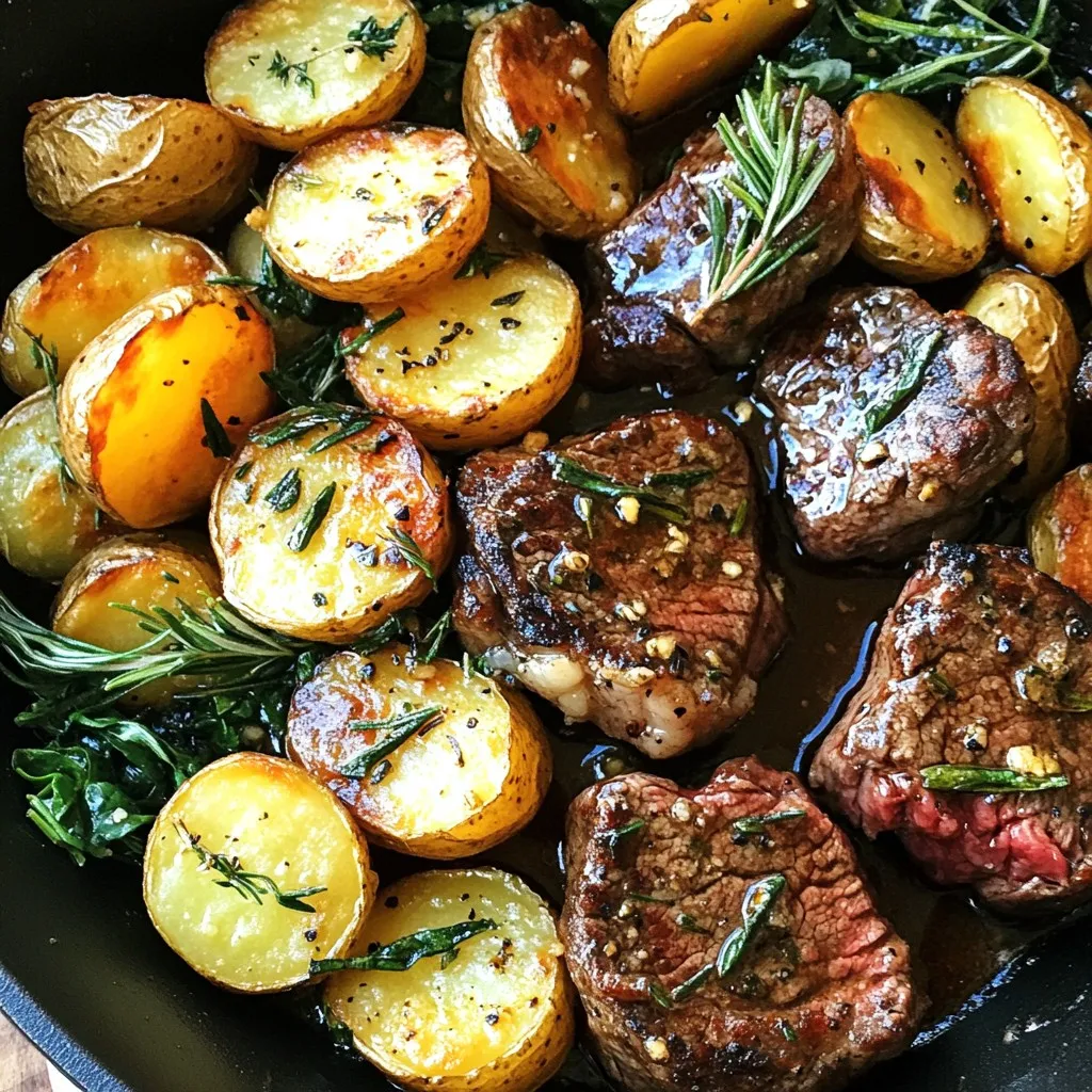 - 1 lb (450g) sirloin steak, cut into bite-sized pieces - 1 lb (450g) baby potatoes, halved - 4 tablespoons unsalted butter - 4 cloves garlic, minced - 1 teaspoon fresh thyme leaves - 1 teaspoon fresh rosemary, chopped - 2 cups baby spinach (optional for freshness) - 1 tablespoon olive oil - Salt and pepper - Large skillet - Pot for boiling - Cooking spoon or spatula When you gather your ingredients, remember that quality matters. Choose fresh herbs for the best flavor. I love using sirloin steak as it is tender and rich. Baby potatoes add a nice texture. The unsalted butter and garlic create a rich sauce that makes this dish special. Salt and pepper will enhance all the flavors, so do not skip them. For tools, a large skillet is key for cooking. The pot is for boiling potatoes, and a cooking spoon or spatula will help you mix everything well. With these items ready, you can make a delightful Garlic Butter Steak & Potatoes Skillet. {{ingredient_image_1}} - Start by boiling the baby potatoes. Place them in a pot of salted water. Cook for 10-12 minutes until they are tender. - Once cooked, drain the potatoes and set them aside. You want them ready for the next steps. - Heat olive oil in a large skillet over medium-high heat. - When the oil is hot, add the sirloin steak pieces. Season them with salt and pepper. - Sear for about 3-4 minutes until they turn brown. Cook to your liking. - Once done, remove the steak from the skillet and set it aside. - In the same skillet, reduce the heat to medium. Add the boiled potatoes. - Sauté them for 5-7 minutes until they become crispy on the edges. - Push the potatoes to one side of the skillet. Add the butter to the other side. - Let the butter melt, then add minced garlic, thyme, and rosemary. Cook until it smells great, about 1 minute. - Stir the potatoes into the garlic butter mixture. Make sure they are well coated. - Return the steak to the skillet and toss everything together. - If you want, add baby spinach and stir until it wilts, about 1-2 minutes. - Adjust the seasoning with more salt and pepper if needed. - Remove from heat and let the dish rest for a few minutes before serving. To get that perfect steak doneness, start with a good cut. Sirloin steak works great here. Sear it on high heat for just 3-4 minutes. Check for a nice brown crust. Use a meat thermometer if you have one. Aim for 130°F for medium-rare. Let it rest after cooking; this keeps it juicy. For crispy potatoes, boil them first. This softens them, making them easier to crisp. Drain well and sauté in hot olive oil. Cook them for 5-7 minutes until golden. Don't crowd the skillet; this helps them crisp up nicely. Want to boost the flavor? Add more herbs! Fresh parsley or oregano can brighten the dish. You can mix in some red pepper flakes for heat. Don't be afraid to experiment with spices. Customizing the garlic butter is easy, too. Try adding lemon juice for brightness. You can also mix in some grated cheese for a richer taste. Always taste as you go to find your perfect blend. For a rustic look, serve right from the skillet. This makes it feel warm and inviting. You can use a wooden spoon for serving. It adds to the charm of the dish. Garnishing can elevate your meal. Add fresh thyme sprigs on top for color. A sprinkle of freshly cracked black pepper can also make it pop. A squeeze of lemon juice right before serving adds a nice touch, too. Pro Tips Choose the Right Cut: Opt for sirloin or ribeye steak for a balance of flavor and tenderness. These cuts sear well and complement the garlic butter beautifully. Don't Overcrowd the Skillet: If you're making a larger batch, cook the steak in batches to ensure a good sear. Overcrowding can cause steaming instead of browning. Infuse More Flavor: For an extra layer of flavor, marinate the steak in olive oil, garlic, and herbs for at least an hour before cooking. Perfectly Crisp Potatoes: Ensure the potatoes are dried well after boiling to achieve a crispier texture when sautéing. Moisture can prevent them from browning. {{image_2}} You can switch out the sirloin steak for other meats. Here are some great choices: - Ribeye steak for a richer flavor. - Chicken breast for a lighter option. - Pork tenderloin for a juicy bite. If you want a vegetarian dish, try this option: - Use firm tofu. Cut it into cubes and sauté until golden. Seasonal vegetables can add fresh flavors. Here are some ideas: - Swap baby potatoes for sweet potatoes. - Try carrots or bell peppers for a sweet crunch. Adding more greens is easy too: - Toss in kale or Swiss chard for added nutrition. - Stir in zucchini for a light touch. You can change up the flavors with sauces. Here are some fun ideas: - Add a splash of soy sauce for a savory twist. - Drizzle in balsamic vinegar for a sweet zing. For a creamy texture, consider adding cheese: - Sprinkle feta or goat cheese on top. - Stir in cream cheese for a rich taste. To keep your Garlic Butter Steak & Potatoes Skillet fresh, follow these tips: - Let the dish cool down to room temperature. - Use an airtight container for storage. - Store in the fridge for up to three days. To enjoy your leftovers without losing flavor, try these methods: - Use a skillet over medium heat. This keeps the meat juicy. - You can also use a microwave. Heat in short bursts to avoid drying out. - Aim for a temperature of 165°F (74°C) to ensure safety. If you want to freeze the dish, do this: - Cool the meal completely before freezing. - Use freezer-safe containers or bags. Remove as much air as possible. - It lasts up to three months in the freezer. For the best quality, thaw in the fridge overnight before reheating. This keeps the flavors intact and makes it easy to reheat. To make this dish, start by boiling the halved baby potatoes in salted water. Cook them for about 10-12 minutes until they are tender. Once cooked, drain and set them aside. In a large skillet, heat olive oil over medium-high heat. Add the steak pieces and season them with salt and pepper. Sear for about 3-4 minutes until they are browned. Remove the steak and set it aside. Next, lower the heat to medium. Add the cooked potatoes to the skillet. Sauté them for about 5-7 minutes until they get crispy edges. Push the potatoes to one side of the skillet. Then, add butter to the other side. Let it melt, and then mix in the minced garlic, thyme, and rosemary. Cook until fragrant for about one minute. Stir the potatoes into the garlic butter mix until well coated. Return the steak to the skillet and toss everything together. If you want, add baby spinach and stir until it wilts, about 1-2 minutes. Adjust seasoning if needed. Let the dish rest for a few minutes before serving. This skillet dish pairs well with simple sides. You can serve it with: - A fresh garden salad - Steamed green beans - Garlic bread - Creamy coleslaw - Roasted vegetables These sides add color and balance to the meal. Yes, you can prep this dish ahead of time. You can boil the potatoes and cook the steak in advance. Store them in the fridge for up to two days. When you are ready to eat, reheat the steak and potatoes in a skillet. Add the garlic butter mixture and spinach just before serving to keep everything fresh and tasty. This recipe for Garlic Butter Steak and Potatoes gives you a simple way to impress. Using sirloin steak, baby potatoes, and fresh herbs brings great flavors together. You learned key cooking tips for perfect doneness and how to make every bite crisp. Plus, we discussed tasty variations and how to store leftovers right. Experimenting with different ingredients can make this dish your own. Enjoy making this skillet meal time and time again!