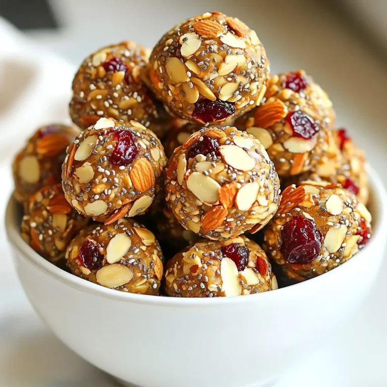 - 1 cup rolled oats - 1/2 cup almond butter - 1/3 cup honey or maple syrup - 1/2 cup dried cranberries, roughly chopped - 1/2 cup slivered almonds - 1/4 cup chia seeds - 1 teaspoon vanilla extract - Pinch of sea salt Rolled oats give you whole grains and fiber. They help you feel full. Almond butter is rich in healthy fats and protein. It fuels your body and keeps energy high. Honey or maple syrup adds natural sweetness and quick energy. Dried cranberries provide antioxidants and vitamins. They support your immune system. Slivered almonds add crunch and are a good source of vitamin E. Chia seeds are packed with omega-3s and fiber. They help with digestion. Vanilla extract enhances flavor and makes the bites taste great. A pinch of sea salt balances sweetness and boosts overall flavor. When buying rolled oats, look for whole-grain options. They offer more nutrients. Choose almond butter with no added sugar or oils for a healthier choice. For honey or maple syrup, pick pure products for the best flavor. Select dried cranberries with no added sugar to keep it natural. When choosing slivered almonds, opt for raw for more nutrients. Check that chia seeds are fresh and have no off smell. Finally, use pure vanilla extract for the best taste, and choose sea salt for a natural touch. {{ingredient_image_1}} Start by gathering your ingredients. You will need rolled oats, almond butter, honey, dried cranberries, slivered almonds, chia seeds, vanilla extract, and a pinch of sea salt. In a large mixing bowl, combine the rolled oats, almond butter, and honey. Stir this mix until it blends well. Next, add the chopped dried cranberries, slivered almonds, chia seeds, vanilla extract, and sea salt. Mix everything together until it is evenly combined. If the mix feels sticky, add a bit more oats. If it feels dry, a touch more almond butter will help. Once your mixture is ready, it’s time to form the energy bites. Use your hands to scoop out small amounts of the mix. Roll each scoop into a ball, about one inch in size. This size makes them easy to eat and perfect for snacks. If the mixture sticks to your hands, dampen them slightly with water. Place each bite onto a parchment-lined baking sheet. This will prevent them from sticking and makes clean-up easier. Now that your bites are formed, it’s time to chill them. Refrigerate the baking sheet for at least 30 minutes. This helps the bites firm up, making them easier to handle. After chilling, they will hold their shape well. If you have leftovers, store them in an airtight container in the refrigerator. They will stay fresh for up to a week. Enjoy your cranberry almond energy bites as a quick snack or a healthy treat after a workout! To get the right texture for your energy bites, balance is key. Start with rolled oats and almond butter. These two form the base. If your mix is too sticky, add more oats. If it feels dry, a little extra almond butter helps. You want a mix that holds together but isn't too wet. When you form the bites, they should be easy to roll and firm enough to hold shape. These energy bites are a blank canvas. You can switch up the flavor to suit your taste. Try using different nuts like walnuts or pecans. You can also add chocolate chips for a sweet twist. If you want a tropical vibe, substitute dried cranberries with dried pineapple or coconut flakes. Experiment with spices too! A pinch of cinnamon or nutmeg can add warmth and depth. One common mistake is overmixing the ingredients. This can make the energy bites tough. Mix just until everything is combined. Another mistake is not letting them chill. Refrigerating them helps them firm up. Skipping this step can lead to messy bites. Lastly, don’t forget the salt! A pinch brings out the flavors and balances the sweetness. Pro Tips Use Fresh Ingredients: For the best flavor and nutrition, use fresh, high-quality dried cranberries and slivered almonds. Customize Your Bites: Feel free to swap out the dried cranberries and slivered almonds for your favorite nuts and dried fruits! Texture Matters: If you prefer a crunchier texture, consider adding some whole nuts or seeds into the mixture. Chill for Best Results: Refrigerating the energy bites helps them firm up and makes them easier to handle and eat. {{image_2}} You can switch almond butter with other nut butters. Peanut butter offers a rich taste. Cashew butter adds a creamy texture. Sunflower seed butter works well for nut-free options. Each choice changes flavor and texture. Feel free to explore what you like best! Dried cranberries are a star in this recipe. You can swap them for other dried fruits. Dried apricots add a sweet twist. Raisins give a classic taste. You might even try dried cherries for a tart kick. Each fruit brings its own unique flavor to the bites. Want more nutrition? Add protein powder to the mix. You can use whey or plant-based options. Just one scoop boosts protein content. Flaxseed meal is another great choice. It adds fiber and omega-3s. You can also sprinkle in some shredded coconut for a hint of tropical flavor. The possibilities are endless! To keep your cranberry almond energy bites fresh, store them in an airtight container. This helps prevent them from drying out. Place a piece of parchment paper between layers if you stack them. This will stop them from sticking together. Always keep the container in the fridge. The cold helps maintain their texture and flavor. When stored properly in the fridge, these energy bites last up to one week. After this time, they may lose flavor and freshness. Always check for any signs of spoilage, like a change in smell or texture. If they look or smell off, it’s best to toss them. If you want to keep your energy bites longer, consider freezing them. Place the bites in a single layer on a baking sheet. Freeze them for about one hour until firm. After that, transfer them to a freezer-safe bag or container. They can last up to three months in the freezer. When you're ready to enjoy, let them thaw in the fridge overnight. Yes, you can easily make these energy bites vegan. Simply swap the honey for maple syrup. Both serve as sweeteners, but maple syrup is plant-based. This keeps the bites delicious while meeting vegan needs. If you don’t have almond butter, use peanut butter or sunflower seed butter. These options give a similar creaminess and flavor. Both work well in the recipe. You may want to adjust the sweetness based on your taste. To make fewer energy bites, halve the ingredient amounts. For example, use 1/2 cup of oats and 1/4 cup of almond butter. This will yield about 6 to 8 bites. You can also scale it down or up based on your needs. Just ensure the ratios remain the same for the best results. You learned about the key ingredients for energy bites and their health benefits. I shared steps to prepare them, including forming techniques and cooling tips. You also discovered ways to customize flavors and avoid common mistakes. We explored variations like nut butters and dried fruits. Lastly, we discussed how to store energy bites for freshness. With these insights, you can create tasty, healthy snacks at home. Enjoy experimenting with your new skills!