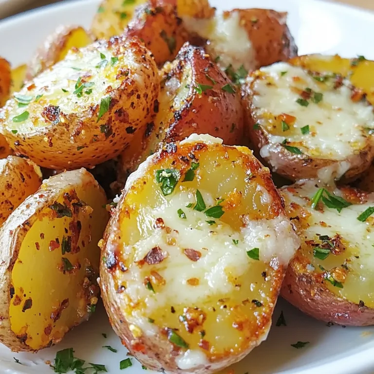 To make Garlic Parmesan Roasted Red Potatoes, you will need: - 2 lbs red potatoes, quartered - 4 tablespoons olive oil - 4 cloves garlic, minced - 1/2 cup grated Parmesan cheese - 1 teaspoon dried oregano - 1 teaspoon paprika - Salt and pepper to taste - Fresh parsley, chopped (for garnish) You can find most of these items in your local grocery store. Red potatoes are key for their creamy texture. If you need to make changes, here are some options: - Olive oil: You can use avocado oil or melted butter. - Parmesan cheese: Nutritional yeast works for a vegan option. - Garlic: Try garlic powder if fresh garlic is not available. - Herbs: Use thyme or rosemary instead of oregano for a twist. These swaps keep the dish tasty while meeting your needs. To get the best flavor: - Choose firm red potatoes without spots. Fresh potatoes roast better. - Use high-quality olive oil for richer taste. - Select freshly grated Parmesan over pre-packaged for better flavor. - Fresh herbs are always better than dried. They add a burst of color and taste. Using quality ingredients can elevate your dish from good to great! {{ingredient_image_1}} Start by preheating your oven to 425°F (220°C). This high heat helps the potatoes get crispy. While the oven heats up, take a large baking sheet and line it with parchment paper. This makes it easy to clean up later. A lined sheet also helps the potatoes roast evenly without sticking. Next, grab a large mixing bowl. Add the quartered red potatoes into the bowl. Pour in 4 tablespoons of olive oil. Toss the potatoes well to coat them in the oil. Make sure every piece gets a nice layer of oil. This step is key for a crispy finish. Now, it’s time to add flavor. Take 4 cloves of minced garlic and add them to the bowl. Then, sprinkle in 1/2 cup of grated Parmesan cheese. Follow this with 1 teaspoon of dried oregano and 1 teaspoon of paprika. Don’t forget to add salt and pepper to taste. Mix everything together until the potatoes are fully coated. The garlic, cheese, and spices will create a delicious mix that brings out the best in the potatoes. I find that 425°F (220°C) is the perfect oven temperature. This heat helps the potatoes get crispy outside and soft inside. High heat allows the garlic to roast nicely, too. Roasting takes about 25 to 30 minutes. This time gives the potatoes a nice golden brown color. After 25 minutes, you can check them. If they seem soft and crispy, they are ready. Stirring halfway through the roast time is key. This step ensures even cooking and helps all sides crisp up. If you skip this, some potatoes may burn while others stay soft. Just a quick stir halfway makes a big difference in texture. Pro Tips Choose the Right Potatoes: Red potatoes are great for roasting due to their waxy texture, which holds their shape well. You can also use Yukon Golds for a buttery flavor. Don't Skip the Parchment: Lining your baking sheet with parchment paper helps prevent sticking and makes cleanup a breeze. Mix Well: Ensure all potatoes are coated evenly with olive oil and seasonings for the best flavor and crispiness. Adjust for Crispiness: If you prefer extra crispy potatoes, consider increasing the oven temperature to 450°F (232°C) but keep an eye on them to prevent burning. {{image_2}} To get great flavor from garlic, use fresh cloves. Fresh garlic has a strong taste and aroma. You should mince the garlic finely. This helps release its oils and flavor. For a milder taste, roast the garlic before adding it to the potatoes. Roasting makes the garlic sweet and smooth. Spacing the potatoes well on the baking sheet is key. If they’re too close, they will steam instead of roast. This means they won't get crispy. Make sure each piece has space around it. This allows hot air to circulate. In the end, you’ll have perfectly golden and crunchy potatoes. Garnishing adds a nice touch to your dish. Chopped fresh parsley works great. It adds color and freshness. You can also sprinkle extra Parmesan cheese on top. For a pop of flavor, try adding a squeeze of lemon juice. These small touches make your dish look and taste even better! You can really change the taste of garlic Parmesan roasted red potatoes by adding herbs. Try using rosemary or thyme for a fresh twist. These herbs bring their own unique flavor profiles. You can even add a sprinkle of cayenne pepper for some heat. Just remember to keep the balance right. Too many spices may overpower the dish. Mixing in other vegetables makes this dish even better. Think about adding carrots, bell peppers, or zucchini. Cut them into similar sizes as the potatoes. This way, they cook evenly. Roasting a mix adds color and flavor. It also helps you get more nutrients on your plate. A vegetable medley is a great way to enjoy your meal. If you want a vegan or dairy-free option, it's easy to swap ingredients. Use nutritional yeast instead of Parmesan cheese. It gives a cheesy flavor without dairy. You can also skip the cheese entirely if you prefer. The olive oil and garlic will still make these potatoes tasty. Don't be afraid to experiment with your favorite dairy-free toppings. Store leftover Garlic Parmesan roasted red potatoes in an airtight container. Place them in the fridge. They will stay fresh for up to three days. To reheat, warm them in the oven for 10-15 minutes. This keeps them crispy. Yes, you can prepare the potatoes ahead of time. Cut and season them. Then, store them in the fridge for a few hours or overnight. When ready, roast them as usual. This saves time and is great for busy days. These potatoes pair well with many dishes. Serve them with grilled chicken or fish. They also complement roasted vegetables or a fresh salad. You can even enjoy them with a hearty steak. They make any meal feel special. This guide covered all you need to make Garlic Parmesan Roasted Red Potatoes. I shared the key ingredients, cooking steps, and techniques for the best results. You learned how to add flavor, and even what to do with leftovers. With these tips, you'll impress anyone you serve. Enjoy the crunch and flavor of this dish. Keep experimenting with different herbs. Your cooking will only get better!