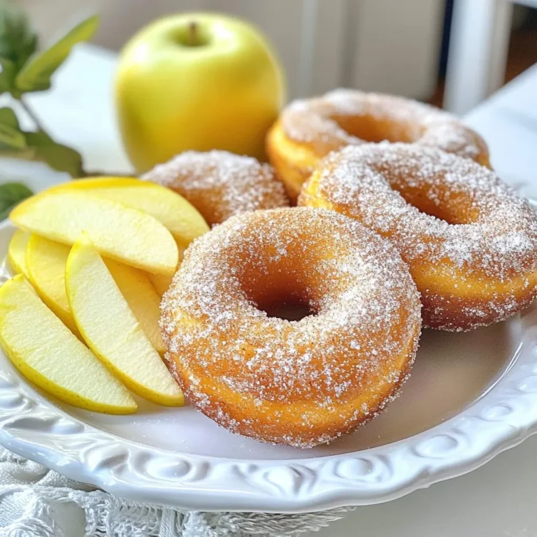 To make the spiced apple cider donuts, you will need the following ingredients: - 2 cups apple cider - 1/2 cup unsalted butter, melted - 1 cup granulated sugar - 2 large eggs - 2 cups all-purpose flour - 1 tsp baking powder - 1/2 tsp baking soda - 1 tsp ground cinnamon - 1/2 tsp ground nutmeg - 1/4 tsp ground ginger - 1/4 tsp salt - 1 cup powdered sugar (for coating) - 2 tbsp cinnamon sugar (for coating) Each ingredient plays a key role in creating a warm and cozy flavor. The apple cider adds sweetness and depth. The melted butter gives a rich taste and moist texture. Eggs help bind everything together, while the flour gives structure. The baking powder and baking soda help the donuts rise, making them fluffy. The spices are what really make these donuts special. Cinnamon, nutmeg, and ginger bring a classic fall taste that is hard to resist. When you coat the warm donuts in powdered sugar and cinnamon sugar, it creates a sweet, crunchy layer. This is the final touch that makes these treats even more delightful. Gather these ingredients, and you are on your way to making a delicious fall treat! {{ingredient_image_1}} To make great spiced apple cider donuts, start by reducing the apple cider. Pour 2 cups of apple cider into a saucepan. Heat it over medium-high heat until it boils. Then, lower the heat and let it simmer for 20 to 25 minutes. This will concentrate the sweet apple flavor. You want it reduced to about 1 cup. Once done, take it off the heat and let it cool slightly. Cooling is key to avoid cooking the eggs later. Preheat your oven to 350°F (175°C). This step is important because it helps the donuts rise and bake evenly. While your oven heats, grab your donut pan. Lightly grease each cavity with butter or cooking spray. This prevents the donuts from sticking and helps them pop out easily after baking. Now it’s time to combine your ingredients. In a large bowl, add the melted butter, granulated sugar, and the reduced apple cider. Whisk these together until smooth. Next, crack in 2 large eggs and mix well. In a separate bowl, combine 2 cups of all-purpose flour, 1 teaspoon of baking powder, and other spices: 1 teaspoon of ground cinnamon, 1/2 teaspoon of ground nutmeg, 1/4 teaspoon of ground ginger, and 1/4 teaspoon of salt. Whisk these dry ingredients together. Gradually add the dry mix to the wet mix, stirring gently. Avoid over-mixing. Some lumps in the batter are okay; they help keep the donuts fluffy. Spoon the batter into the greased donut pan. Fill each cavity about 3/4 of the way full. This gives them room to rise. Bake the donuts in the preheated oven for 10 to 12 minutes. To check for doneness, insert a toothpick into the center of a donut. If it comes out clean, they are done. Let the donuts cool in the pan for 5 minutes before moving them to a wire rack. While the donuts cool, prepare for the sweet finish. In a shallow bowl, mix 1 cup of powdered sugar with 2 tablespoons of cinnamon sugar. While the donuts are still warm, roll each donut in the sugar mixture. Coat them well for a delightful crunch. Serve these treats warm or at room temperature. They pair perfectly with apple cider or a cup of coffee. Enjoy each bite of this fall-inspired delight! To make your donuts fluffy and moist, focus on these tips: - Use fresh apple cider for the best flavor. - Make sure your butter is melted but not hot. - Combine wet and dry ingredients gently. Mix just until combined. Over-mixing can lead to dense donuts. If you want to adjust spices, start with these amounts: - 1 teaspoon of cinnamon gives warmth. - 1/2 teaspoon of nutmeg adds depth. - A touch of ginger gives a nice kick. Feel free to tweak these spices to suit your taste. To keep your donut pan in great shape, follow these best practices: - After using, wash it with warm, soapy water. - Avoid using metal scrubbers that can scratch the surface. - Dry it thoroughly before storing to prevent rust. If you don't have a donut pan, don’t worry! You can use: - A muffin tin with a ball of foil in the center. - A baking sheet to shape donuts by hand. Enjoying your apple cider donuts with the right drink enhances the experience. Here are some great options: - A warm cup of apple cider pairs perfectly. - Coffee or tea can also complement the sweetness. For side dishes, consider serving: - Spiced nuts for a crunchy contrast. - A simple fruit salad with seasonal fruits for freshness. Pro Tips Use Fresh Cider: For the best flavor, use fresh apple cider rather than bottled or concentrate. This enhances the natural apple flavor in your donuts. Don’t Overmix: When combining the wet and dry ingredients, mix until just combined. Overmixing can lead to dense donuts instead of light and fluffy ones. Cool Before Coating: Allow the donuts to cool slightly before rolling them in the sugar mixture. This helps the sugar stick better and prevents it from melting. Experiment with Spices: Feel free to adjust the spices according to your taste. Adding a pinch of allspice or cloves can give your donuts a unique twist. {{image_2}} You can change the flavor of your spiced apple cider donuts. Adding pumpkin spice gives them a warm twist. Just mix in one tablespoon of pumpkin spice with the dry ingredients. You can also make a vanilla version. Add one tablespoon of vanilla extract to the wet mix. This will create a sweet and fragrant donut. For a chocolate surprise, try chocolate-glazed donuts. Once the donuts cool, dip them in melted chocolate. This sweet layer adds a rich taste. Glazing your donuts can make them even more special. A simple glaze made from powdered sugar and milk works great. Mix one cup of powdered sugar with two tablespoons of milk. Dip the cooled donuts in the glaze and let it set. You can also try a maple glaze. Mix one cup of powdered sugar with two tablespoons of maple syrup. The maple flavor pairs well with the apple cider. Toppings can add crunch and flavor. Try adding chopped nuts or sprinkles for a fun look. You can also sprinkle more cinnamon sugar on top for extra sweetness. Making these donuts vegan is easy. Substitute the eggs with one mashed banana or a flax egg. To make a flax egg, mix one tablespoon of flaxseed meal with three tablespoons of water. Let it sit for five minutes to thicken. For a gluten-free version, use a gluten-free flour blend. Look for one that has a mix of rice flour, potato starch, and tapioca flour. This will help keep the donuts light and fluffy. These variations help you enjoy spiced apple cider donuts in many ways. To keep your spiced apple cider donuts fresh, store them in an airtight container. This helps lock in moisture and flavor. You can also line the container with paper towels to absorb excess moisture. Avoid stacking the donuts directly on top of each other, as this can cause them to stick. To freeze your donuts, first, let them cool completely. Then, wrap each donut in plastic wrap. Place the wrapped donuts in a freezer-safe bag or container. They can stay in the freezer for up to three months. When you’re ready to enjoy them, simply thaw them in the fridge overnight or at room temperature for a few hours. For the best taste, reheat your donuts in the oven. Preheat it to 350°F (175°C). Place the donuts on a baking sheet and heat for about 5–7 minutes. This method keeps them warm and soft. Avoid using a microwave, as it can make the donuts soggy or tough. Enjoy them warm for the best flavor! The best apple cider for donuts is fresh and pure. You can use homemade cider for the best flavor. If you choose store-bought, look for cider with no added sugars or preservatives. This will give your donuts a rich taste. Always check the label for quality. Yes, you can make these donuts ahead of time. Bake them and let them cool. Store them in an airtight container at room temperature. They taste best within two days. If you want to keep them longer, freeze them. Just remember to thaw them before serving. To check if your donuts are done, insert a toothpick into the center. If it comes out clean, your donuts are ready. They should also spring back when lightly pressed. Keep an eye on the baking time; it’s usually 10-12 minutes. If you need an egg substitute, here are some options: - Use 1/4 cup unsweetened applesauce for each egg. - Try 1/4 cup mashed banana as another option. - You can also use 1 tablespoon ground flaxseed mixed with 2.5 tablespoons water. Let it sit for a few minutes before adding it to your mix. These substitutes work well in baking. You now know how to make delicious apple cider donuts. We covered each step, from reducing cider to baking and coating. Remember, the right spices and baking tips will create fluffy donuts. You can also explore variations, like vegan or gluten-free options. Don’t forget to store your leftovers correctly for fresh flavors later. Enjoy making these tasty treats with family and friends, and try pairing them with your favorite drinks. Happy baking!