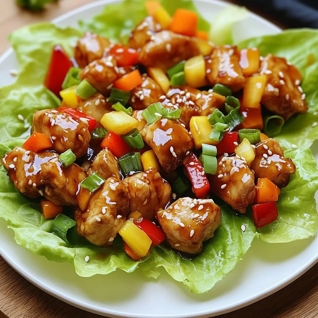 For these tasty wraps, you need a few key items: - 1 lb boneless, skinless chicken thighs, diced - 1/3 cup teriyaki sauce - 1 tablespoon sesame oil - 1 tablespoon fresh ginger, minced - 2 garlic cloves, minced - 1 red bell pepper, diced - 1 carrot, shredded - 2 green onions, chopped - 1 tablespoon sesame seeds - 1 head of butter lettuce or romaine leaves for wrapping - Salt and pepper to taste These ingredients work together to create a dish that is both savory and fresh. The chicken thighs provide a juicy base, while the teriyaki sauce adds a sweet and salty flavor. The teriyaki sauce is the star here. It gives the chicken a rich flavor. Fresh ginger and garlic add depth and warmth. You’ll also use sesame oil for cooking. This oil brings a nutty taste that complements the chicken. Marinating the chicken is key. Let it soak in the sauce for 15 minutes. This step ensures every bite is full of flavor. You can enhance your wraps with some fun toppings. Consider adding: - Chopped cilantro - Sliced jalapeños - Crunchy peanuts - Extra sesame seeds These options add texture and extra flavor. Feel free to mix and match. The wraps are flexible, so get creative with your toppings! {{ingredient_image_1}} Start by gathering your chicken and marinade ingredients. In a medium bowl, mix the diced chicken thighs with the teriyaki sauce, minced ginger, and minced garlic. This mixture gives the chicken a rich flavor. Let it marinate for 15 minutes. This step makes your chicken tender and tasty. Next, heat the sesame oil in a large skillet over medium heat. Once the oil is hot, add the marinated chicken. Make sure to discard any leftover marinade. Cook the chicken for about 8 to 10 minutes. Stir it often until it turns brown and is fully cooked. After that, add the diced red bell pepper and shredded carrot. Sauté these for another 3 to 4 minutes. You want the veggies to stay crisp but get a bit tender. Once cooked, remove the skillet from the heat. Stir in the chopped green onions and sesame seeds. Season with salt and pepper to add more flavor. Now, take your butter lettuce leaves and carefully separate them. Spoon the chicken mixture into the center of each leaf. Wrap them up like a taco. Each bite will burst with flavor and freshness. Enjoy your meal! To make great teriyaki chicken, start with the marinade. Combine chicken thighs, teriyaki sauce, minced ginger, and minced garlic in a bowl. Let it sit for 15 minutes. This step adds flavor and moisture. Remember, the longer you marinate, the better. Just don't exceed two hours to avoid mushy chicken. When cooking, use medium heat and sesame oil. Heat the pan before adding the chicken. This helps to sear the meat and lock in juices. Cook the chicken for about 8-10 minutes. Stir occasionally to ensure even cooking. Once browned, add diced red bell pepper and shredded carrot. Sauté these for 3-4 minutes. You want them tender but still crisp. For serving, use fresh butter lettuce or romaine leaves. These hold the filling well. Spoon the chicken mixture into each leaf. Top with chopped green onions and sesame seeds for extra crunch. Wrap them like a taco, and enjoy! Feel free to add hot sauce for a spicy kick. Pro Tips Marinate for Maximum Flavor: Allow the chicken to marinate for at least 15 minutes, but if time permits, marinating for a few hours or overnight will enhance the flavors even more. Use Fresh Ingredients: Fresh ginger and garlic make a significant difference in taste. Avoid using pre-minced versions for the best flavor. Choose the Right Lettuce: Butter lettuce or romaine leaves are ideal for wraps as they are sturdy enough to hold the filling without tearing. Customize Your Fillings: Feel free to add other vegetables like shredded cabbage or sliced cucumbers for extra crunch and nutrition in your wraps. {{image_2}} You can swap chicken thighs for chicken breasts. Breasts are leaner but dry faster. You could also use turkey, which works well too. For a fun twist, try diced shrimp. Just remember, cooking times may change. For a vegetarian dish, use firm tofu. Press it to remove water, then dice it. Sauté it in sesame oil until golden. If you want a vegan option, try tempeh. It has a nutty flavor and absorbs sauces well. You can also use chickpeas for protein. While teriyaki sauce is tasty, you can try other sauces. Hoisin sauce gives a sweet and salty kick. For a spicy twist, add sriracha to your marinade. You can also use a mix of soy sauce and honey for a classic taste. Don't hesitate to experiment with flavors! To keep your leftover lettuce wraps fresh, store them in an airtight container. Place the chicken mixture in one container and store the lettuce leaves separately. This prevents the lettuce from getting soggy. Leftovers can last up to three days in the fridge. When reheating the teriyaki chicken, use a skillet over medium heat. Add a splash of water or broth to keep it moist. Stir the chicken frequently until it’s hot. You can also use a microwave, but be careful not to overheat it. Heat in short bursts, stirring in between. You can freeze the chicken mixture for up to three months. Cool it completely before placing it in a freezer bag. Make sure to remove excess air to prevent freezer burn. When ready to eat, thaw it overnight in the fridge. Reheat it before serving with fresh lettuce. Meal prepping is easy; just prepare the chicken and store it in portions. This way, you can enjoy quick meals during the week. To make teriyaki chicken lettuce wraps gluten-free, choose a gluten-free teriyaki sauce. Many brands offer this option. Always check the label to ensure it meets your needs. Use fresh ingredients like chicken thighs and veggies. This way, you keep it safe and tasty. Yes, you can use different vegetables in these wraps. Feel free to add cucumbers, shredded cabbage, or even avocado. These veggies add crunch and color. Get creative with your choices! Just make sure to chop them small for easy wrapping. You can serve several items with teriyaki chicken lettuce wraps. Rice is a great side dish. You might also enjoy a light salad or some steamed veggies. For a fun twist, add some fruit like pineapple or mango. These sides balance the meal well and add more flavors. You learned how to make tasty teriyaki chicken lettuce wraps. We covered key ingredients, the steps to cook, and tips for success. Remember to experiment with variations and storage options. This dish is fun and flexible, perfect for any meal. Try new flavors and enjoy each bite. Your kitchen can turn into a place of creativity with these wraps. Keep practicing, and you'll impress everyone with your skills. Enjoy your cooking adventure!